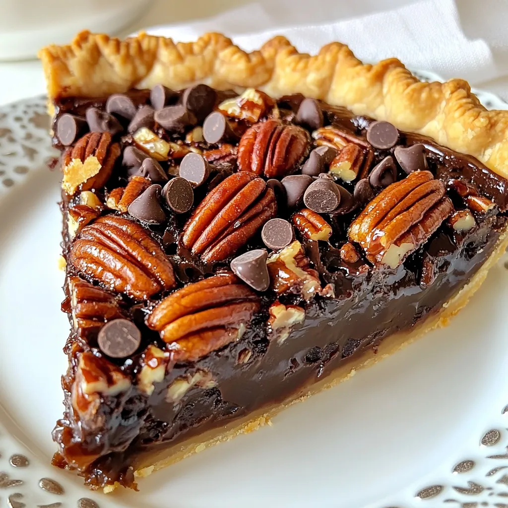 To make a Texas Chocolate Pecan Pie, you need simple yet rich ingredients. Here’s what you will need: - 1 pre-made pie crust (9 inches) - 1 cup pecans, toasted and chopped - 1 cup semi-sweet chocolate chips - 3/4 cup granulated sugar - 1/4 cup brown sugar, packed - 1/2 cup light corn syrup - 3 large eggs - 1/4 cup unsalted butter, melted - 1 teaspoon vanilla extract - 1/4 teaspoon salt - Additional chocolate chips and pecans for topping Each ingredient plays a key role. The pre-made pie crust saves time and provides a flaky base. The pecans add crunch and nutty flavor. Semi-sweet chocolate chips give a sweet depth. The sugars balance the flavors while the corn syrup adds a lovely texture. Eggs help bind everything together. Unsalted butter adds richness, and vanilla enhances the overall taste. A pinch of salt brings out the sweetness, making it all come together beautifully. Feel free to customize by adding different nuts or chocolate types if you like! {{ingredient_image_1}} - Preheat the oven to 350°F (175°C). - Prepare the pre-made pie crust in a 9-inch pie pan. Use a fork to poke a few holes in the bottom. This helps avoid bubbles during baking. - In a large mixing bowl, combine the granulated sugar, brown sugar, light corn syrup, melted butter, and vanilla extract. Whisk these ingredients well until they blend smoothly. - Next, add the eggs one at a time. Make sure to whisk after each egg until the mixture is smooth. Stir in the salt at this stage. - Gently fold in the chopped pecans and semi-sweet chocolate chips. Mix until everything is evenly combined. - Pour the filling into the prepared pie crust. Sprinkle some extra chocolate chips and pecans on top for a nice touch. - Bake the pie in the preheated oven for 50-55 minutes. Look for the filling to be set in the center with lightly browned edges. - Once done, remove the pie from the oven. Allow it to cool on a wire rack for at least 1 hour. This cooling time helps the filling set nicely. To make a great Texas Chocolate Pecan Pie, start with the crust. I poke holes in the bottom of the pie crust. This helps it avoid bubbling up. Preheat your oven to 350°F (175°C). Bake for 50-55 minutes. The pie should be set in the center. The edges should look lightly brown. Presentation matters! I love to serve this pie with a dollop of whipped cream. A scoop of vanilla ice cream goes well too. This adds a great contrast to the rich filling. You can also sprinkle extra pecans or chocolate chips on top. This makes it look fancy! Keep leftovers in the fridge. Cover the pie with plastic wrap. This keeps it fresh for up to four days. To reheat, slice a piece and warm it in the microwave. Heat it for about 20-30 seconds. Enjoy it warm for the best taste! Pro Tips Use Fresh Pecans: Opt for fresh, high-quality pecans for the best flavor and texture. Toast Your Nuts: Toasting the pecans enhances their flavor, adding a delightful crunch to your pie. Check for Doneness: Ensure the pie is set in the center by gently shaking it; it should not wobble excessively. Cool Before Serving: Allow the pie to cool completely to help the filling firm up, making it easier to slice. {{image_2}} You can change the taste of your Texas Chocolate Pecan Pie by using different types of chocolate. Dark chocolate adds a rich taste, while milk chocolate gives a sweet touch. Try mixing both for a fun balance. You can also add other nuts, like almonds, for extra crunch. This mix creates a unique flavor twist. If you need a gluten-free option, use a gluten-free pie crust. Many stores sell these ready-made. You can also make your own by using almond flour or gluten-free flour blends. For those following a vegan diet, swap eggs with flaxseed or chia seeds. Use plant-based butter and a vegan pie crust. These changes keep the pie delicious and friendly for everyone. You can serve Texas Chocolate Pecan Pie warm or chilled. Warm pie brings out the chocolate flavor, while chilled pie offers a refreshing bite. Both ways taste great! This pie is perfect for special occasions like holidays or birthdays. You can also enjoy it as a sweet treat any day. It’s a versatile dessert that fits any mood or event. - Sweet Treats Bakery: Known for its rich chocolate pecan pie, this bakery uses fresh, local ingredients. Their pies are both sweet and nutty, making each bite a delight. - The Pie Hole: This charming spot serves Texas chocolate pecan pies that are always a hit. Their flaky crust and gooey filling leave customers coming back for more. - Pecan Pie Palace: A local favorite, offering pies made with high-quality pecans. Their chocolate pecan pie has a unique twist with a hint of espresso. - Texas BBQ and Pie Co.: Famous for its smoked meats and desserts, their chocolate pecan pie is a must-try. Patrons rave about the balance of chocolate and pecans. - Southern Comfort Café: This café serves traditional Texas dishes, including a delicious chocolate pecan pie. Guests love the homemade feel and rich flavors. - Lone Star Pies: Known for their classic Texas desserts, this restaurant offers a chocolate pecan pie that stands out. Their generous portions leave you satisfied and happy. - Goldbelly: You can order Texas chocolate pecan pie from various bakeries online. They ship pies nationwide, ensuring they arrive fresh. - Texas Pecan Pie Co.: This site specializes in shipping authentic Texas pies. They have rave reviews for taste and quality. Expect a rich, flavorful pie right at your door. - Etsy: Some local bakers sell their pies on Etsy. You can find unique flavors and homemade touches. Shipping times vary, but the taste is worth the wait. How do I know when the pie is done baking? The pie is done when the center is set and edges are lightly browned. You can gently shake the pie. If it wobbles slightly but is mostly firm, it's ready. Can I make Texas Chocolate Pecan Pie in advance? Yes, you can make this pie a day ahead. Just store it in the fridge. Let it cool completely before covering it. The flavors will meld nicely overnight. What can I use instead of corn syrup? You can use maple syrup or honey as a substitute. Both add sweetness and flavor. Keep in mind that the taste may change slightly with these options. Can I use different nuts? Absolutely! You can use walnuts or almonds if you prefer. Each nut will bring a unique flavor and crunch. Just make sure they are chopped to similar sizes. What if I don’t have a pre-made pie crust? If you don’t have a pre-made crust, you can make your own. Use flour, butter, and water to create a simple dough. Roll it out and fit it into your pie pan. Do I need to blind-bake the crust before filling? No, you do not need to blind-bake the crust. The filling will cook the crust perfectly during baking. Just poke holes in the bottom to prevent bubbles. How can I prevent the filling from boiling over? To prevent boiling over, pour the filling slowly. Do not overfill the crust. Leave a little space at the top for the filling to expand while baking. In this article, we covered how to make Texas Chocolate Pecan Pie. You learned about the key ingredients, step-by-step instructions, and helpful tips for baking and serving. We also explored variations and local bakeries where you can enjoy this dessert. Remember, a homemade pie often tastes better than store-bought. With practice, you can impress yourself and your guests with this classic treat. Enjoy making this pie and savoring every bite!
