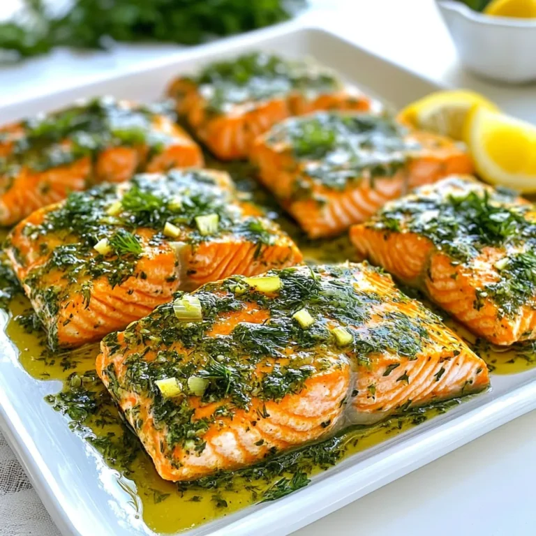 To make Marry Me Herb Garlic Salmon, you need the following ingredients: - 4 salmon fillets (6 oz each) - 4 cloves garlic, minced - 1/4 cup olive oil - 1 tablespoon fresh lemon juice - 1 teaspoon lemon zest - 2 tablespoons fresh parsley, chopped - 1 tablespoon fresh dill, chopped - 1 teaspoon dried oregano - Salt and pepper to taste - Lemon wedges for serving These ingredients bring together fresh flavors to create a dish that is both delicious and simple. The salmon fillets are the star of the show. They provide a rich, buttery taste that pairs well with the garlic and herbs. Garlic adds a warm, savory note. It complements the fresh herbs like parsley and dill. Lemon juice and zest bring brightness, making the dish feel lively and fresh. Olive oil is key for cooking the salmon. It helps the fish stay moist while adding a smooth texture. Dried oregano adds depth, and salt and pepper enhance all the flavors. I love serving this dish with lemon wedges. They add a lovely pop of color and extra zest. This combination of ingredients makes Marry Me Herb Garlic Salmon a fantastic dinner option. It’s easy to prepare and sure to impress. {{ingredient_image_1}} Prepping the Oven and Baking Sheet First, preheat your oven to 400°F (200°C). This ensures the oven is hot enough when you bake the salmon. Next, line a baking sheet with parchment paper or foil. This makes cleanup easy later. Whisking the Herb Garlic Mixture In a small bowl, combine the olive oil, minced garlic, lemon juice, lemon zest, chopped parsley, chopped dill, dried oregano, salt, and pepper. Use a whisk to blend all the ingredients well. This mixture is packed with flavor and will coat the salmon beautifully. Arranging the Fillets for Baking Take the salmon fillets and place them skin-side down on the prepared baking sheet. Make sure to space them out so they cook evenly. Now, use a brush to apply the herb garlic mixture generously over each fillet. Ensure all parts are well coated for maximum flavor. Baking Time and Techniques Slide the baking sheet into the preheated oven. Bake the salmon for about 12 to 15 minutes. The fish is done when it flakes easily with a fork. Keep an eye on it to avoid overcooking. Resting Time for Flavors Once you remove the salmon from the oven, let it sit for a minute. This resting time allows the flavors to settle and intensify. Presenting with Lemon Wedges When ready to serve, plate the salmon fillets. Add lemon wedges on the side for a bright touch. The lemon adds a fresh zing that complements the herb garlic flavors perfectly. Enjoy your flavorful dinner delight! - Ensuring Perfectly Cooked Salmon: To cook salmon perfectly, aim for a temperature of 145°F (63°C). Use a meat thermometer for accuracy. Check the thickest part of the fillet. The salmon should flake easily with a fork when done. - Optimal Baking Times: Bake your salmon for 12-15 minutes at 400°F (200°C). Thicker fillets may need more time. Keep an eye on them to avoid overcooking. - Variations for Herb Cheese Mixture: You can mix in cream cheese or goat cheese for extra creaminess. Add in fresh basil or tarragon for a different flavor profile. Feel free to experiment with herbs you enjoy! - Adding Heat with Spices if Desired: For a spicy kick, add red pepper flakes or cayenne pepper. Start with a small amount and adjust to your taste. This adds warmth without overpowering the dish. - Arranging on a Platter: Place the baked salmon fillets on a large platter. Keep some space between each fillet for a neat look. This allows guests to serve themselves easily. - Using Additional Herbs for Garnish: Sprinkle fresh herbs, like parsley or dill, on top for color. This enhances the dish’s visual appeal. You can also drizzle some extra herb garlic mixture around the plate. It makes the dish pop! Pro Tips Fresh Herbs Matter: For the best flavor, use fresh herbs whenever possible. They add a vibrant taste and aroma that dried herbs can't match. Salmon Thickness: The cooking time may vary depending on the thickness of your salmon fillets. Thicker fillets might require a few extra minutes in the oven. Resting Time: Letting the salmon rest for a minute after baking allows the juices to redistribute, resulting in a more flavorful and moist dish. Lemon Zest Boost: Don’t skip the lemon zest; it enhances the overall flavor profile and gives the salmon a bright, refreshing taste. {{image_2}} Substituting Salmon for Other Fish If you want to switch up the protein, try using other fish. Cod or halibut works well. Both have a mild flavor and flaky texture. You can follow the same cooking steps. Just adjust the cooking time. Thinner fillets may need less time in the oven. Vegetarian Options Using Tofu For a plant-based option, use firm tofu instead of salmon. Press the tofu to remove extra water. Cut it into thick slices. Marinate it in the same herb garlic mixture. Bake it just like the salmon. This gives you a tasty, meat-free meal. Different Fresh Herbs to Try Feel free to mix up the herbs. Basil, cilantro, or thyme can add new flavors. Each herb brings its own twist. Experiment to find your favorite combo. Just remember to chop them fresh for the best taste. Using Dried Herbs for Convenience If fresh herbs are not available, dried herbs are a great choice. Use half the amount of dried herbs. They can pack a punch, so go easy. They still give that lovely flavor without the fuss of chopping. Other Flavor Profiles to Consider Want to change the taste? Try adding different flavors to your marinade. Soy sauce, honey, or mustard can create a new dish. Mix them with olive oil and garlic for a twist. Be creative and you might discover a new favorite. Adjusting Citrus Elements You can alter the citrus in the recipe too. Instead of lemon, use lime or orange juice. Both bring a bright taste that pairs well with fish. Adjust the zest to match the juice you choose for balance. - For best results, store leftover salmon in an airtight container. - Place the container in the fridge right away. - Consume the salmon within 2 to 3 days for best taste. - To freeze, wrap salmon in plastic wrap, then foil. - Use a freezer-safe bag for extra protection. - Label the bag with the date for easy tracking. - To keep salmon moist, reheat in the oven at 275°F. - Place the salmon on a baking sheet. - Cover it with foil to prevent drying out. - Heat for about 15 minutes or until warm. - You can also reheat in a skillet with a splash of water. - For leftover salmon, try using it in salads or pasta. - Flake it into a fresh salad for added protein. - Mix it into a creamy pasta dish for a quick meal. How Long to Bake Salmon? Bake salmon for 12-15 minutes at 400°F (200°C). This time will help it cook well. The salmon should flake easily with a fork when it's done. What to Serve with Herb Garlic Salmon? Herb garlic salmon pairs well with rice, quinoa, or a fresh salad. You can also add steamed veggies for a colorful plate. Can I Use Frozen Salmon Fillets? Yes, you can use frozen salmon fillets. Just thaw them in the fridge overnight before cooking. This way, they will cook evenly. Is Marry Me Herb Garlic Salmon Healthy? Yes, this dish is healthy! Salmon is rich in omega-3 fatty acids. The fresh herbs and lemon juice add vitamins and flavor. Can I Make This Recipe Ahead of Time? You can prep the herb garlic mixture in advance. Marinate the salmon fillets for an hour before baking for more flavor. How to Know When Salmon is Cooked? Check if the salmon flakes easily with a fork. It should also have a light pink color in the center. Use a food thermometer for best results; it should reach 145°F (63°C). What if I Don't Have Fresh Herbs? If you lack fresh herbs, dried herbs work too. Use one-third of the amount of dried herbs as a substitute. They still give great flavor to your dish. This article shared key steps to make herb garlic salmon. We covered ingredients, cooking methods, and serving tips. You now know how to perfect your salmon dish and impress your guests. Remember, feel free to swap proteins or herbs for your taste. Storing leftovers can help you create new meals. Enjoy the process and your delicious results! Simple, healthy cooking is achievable. Dive in and have fun experimenting with flavors.