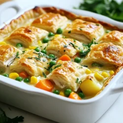 - 2 cups cooked chicken, shredded - 1 cup frozen peas - 1 cup frozen corn - 1 cup diced carrots - 1 cup diced potatoes (fully cooked or pre-roasted) - 1/2 cup onion, chopped - 2 cloves garlic, minced - 1 cup chicken broth - 1 cup milk - 1/4 cup all-purpose flour - 1 teaspoon dried thyme - 1 teaspoon salt - 1/2 teaspoon black pepper - 1 refrigerated pie crust or biscuit dough (for topping) - 1 tablespoon olive oil - Fresh parsley for garnish (optional) Each ingredient plays a key role in making the chicken pot pie casserole both tasty and comforting. I love using cooked chicken as the base because it adds protein and rich flavor. Frozen peas and corn bring a pop of color and sweetness. Diced carrots and potatoes give it a hearty feel. The onion and garlic add depth and aroma when sautéed. Chicken broth and milk create a creamy sauce that ties it all together. Flour thickens the sauce, making it nice and smooth. Thyme adds a lovely herbal note, while salt and pepper enhance the overall taste. For the topping, I often choose a pie crust or biscuit dough. This adds a flaky texture that contrasts with the creamy filling. Finally, I sprinkle fresh parsley on top for a touch of brightness. Each ingredient is essential for a delicious chicken pot pie casserole. {{ingredient_image_1}} - Preheat your oven to 400°F (200°C). - In a large skillet, heat 1 tablespoon of olive oil over medium heat. - Add 1/2 cup of chopped onion and 2 minced garlic cloves. - Sauté until the onions are soft and clear, about 3 to 4 minutes. - Stir in 2 cups of shredded cooked chicken, 1 cup of frozen peas, 1 cup of frozen corn, 1 cup of diced carrots, and 1 cup of fully cooked or pre-roasted potatoes. - Mix well so everything is evenly combined. - In a small bowl, whisk together 1 cup of chicken broth, 1 cup of milk, 1/4 cup of all-purpose flour, 1 teaspoon of dried thyme, 1 teaspoon of salt, and 1/2 teaspoon of black pepper. - Pour this smooth mixture into the skillet. - Stir gently until the filling thickens and coats the chicken and veggies. - Transfer the filling to a greased 9x13 inch casserole dish. - Unroll a refrigerated pie crust or biscuit dough to cover the filling. - You can cut it into pieces or lay it whole for a rustic look. - Bake the casserole for 25 to 30 minutes. - The crust should be golden brown and flaky when done. - Let it cool slightly before serving. - Garnish with fresh parsley if you like. How to avoid a soggy crust To keep your crust crisp, bake it separately first. You can pre-bake the crust for about 10 minutes. This helps it stay flaky. If you skip this step, the filling can make it soggy. Ensuring even cooking of vegetables Cut your vegetables into similar sizes. This way, they cook evenly. If you have larger pieces, they may need more time. Sauté them with the onions and garlic first. This brings out their flavors and softens them before baking. Recommended side dishes Serve your chicken pot pie casserole with a light salad. A fresh green salad pairs well. You can also serve it with steamed broccoli or crusty bread. These sides keep your meal balanced and tasty. Best sauces or condiments to serve A drizzle of hot sauce adds a nice kick. You can also use a creamy ranch dressing. If you like herbs, fresh parsley makes a great topping. These options boost flavor and make the dish pop. Using rotisserie chicken For quick prep, buy rotisserie chicken. It saves time and adds great flavor. Just shred it and mix it into your casserole. This cuts down your cooking time a lot. Preparing ingredients in advance Chop your vegetables the day before. Store them in the fridge. You can also mix the filling ahead of time. Just keep it covered until you're ready to bake. This makes dinner prep a breeze. Pro Tips Use Rotisserie Chicken: For a quicker preparation, consider using store-bought rotisserie chicken. It saves time and adds great flavor. Customize Your Veggies: Feel free to substitute or add other vegetables like green beans or bell peppers based on your preference or what you have on hand. Crust Variations: Experiment with different types of crusts, like puff pastry or homemade biscuit dough, for a unique twist on the classic pot pie. Let It Rest: Allow the casserole to rest for about 10 minutes after baking. This helps the filling set and makes it easier to serve. {{image_2}} For those who need gluten-free meals, use gluten-free flour. This will work well in our sauce. You can find many good options at the store. For a dairy-free dish, swap milk with almond milk or coconut milk. These give a nice flavor too. You can change up the veggies in this recipe. Try green beans, bell peppers, or mushrooms. Each option adds a new taste. If you want a different protein, turkey works great. You can use leftover turkey after the holidays. To add more flavor, mix in fresh herbs like rosemary or basil. Just a little can make a big difference. Another fun twist is to make a Mexican-inspired chicken pot pie. Use taco seasoning and add black beans and corn. Top it with tortilla chips instead of the crust for a tasty crunch. Store your chicken pot pie casserole in the fridge. Use an airtight container to keep it fresh. Make sure to cool it down before sealing the container. This way, it won’t steam and make the crust soggy. You can keep it in the fridge for up to four days. You can freeze your casserole before or after baking. If freezing before baking, wrap it tightly in foil. This keeps the air out and helps it last longer. If you choose to freeze it after baking, let it cool first. To reheat, simply bake it at 350°F (175°C) until hot. This usually takes about 30-40 minutes. In the fridge, your casserole lasts about four days. If you freeze it, it can last up to three months. Check for signs of spoilage, like a bad smell or mold. If you see any of these, it’s best to throw it away. Enjoy your delicious meal with peace of mind! Yes, you can make chicken pot pie casserole ahead of time. Prepare the filling and store it in the fridge. You can top it with the crust just before baking. This saves time on busy days. Cooked chicken works best. You can use shredded rotisserie chicken for ease. The flavor is rich and complements the other ingredients well. Feel free to use leftover chicken from other meals too. To add heat, stir in some red pepper flakes or hot sauce. You can also add diced jalapeños for a fresh kick. Adjust the spice level to match your taste. Absolutely! Fresh vegetables add a nice crunch. Just chop them finely and cook them a bit longer. You may need to adjust the cooking time to ensure they are tender. If your casserole is too thick, add more chicken broth or milk. Stir it in slowly until you reach your desired consistency. This will help make the filling creamy and delicious. This article shared a simple chicken pot pie casserole recipe. We covered the key ingredients, step-by-step instructions, and useful tips. I shared ideas for variations that fit various diets, plus smart storage tips. Making this dish can be fun and rewarding. With a little effort, you can create a cozy meal. Enjoy this classic with your favorite sides for a complete dinner! Your family will love every bite.