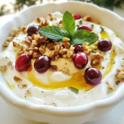 - 1 cup plain Greek yogurt - 1/2 cup fresh or dried cranberries - 1/4 cup honey - 1/4 cup chopped walnuts (toasted) - 1 tablespoon lemon juice - 1 teaspoon vanilla extract - Pinch of salt - Optional garnish: Fresh mint leaves This creamy Greek yogurt cranberry dip is both simple and delicious. First, gather all your ingredients. The base of this dip is one cup of plain Greek yogurt. It gives a smooth and rich texture. Next, you’ll need half a cup of cranberries. You can use fresh or dried cranberries based on your taste. Fresh cranberries offer a tart flavor, while dried ones add sweetness. For sweetness, add a quarter cup of honey. This natural sweetener balances the tartness of the cranberries. A tablespoon of lemon juice adds a bright, zesty flavor that wakes up the dish. Don’t forget the walnuts! A quarter cup of toasted, chopped walnuts adds crunch and depth. You’ll also need a teaspoon of vanilla extract for warmth and a pinch of salt to enhance all the flavors. If you want, add fresh mint leaves as a garnish. They add a lovely pop of color and freshness. Now, make sure you have everything ready to enjoy this tasty dip! {{ingredient_image_1}} To prepare the cranberries, you have two options. If you choose fresh cranberries, boil them. Place them in a small pot of water. Let them boil for about five minutes until soft. After that, drain the water and let them cool. For dried cranberries, the process is easier. Just chop them coarsely with a knife. This makes them ready to mix into the dip. Now, let’s mix the ingredients. In a medium bowl, take one cup of plain Greek yogurt. Add the cooled fresh cranberries or chopped dried ones. Then, pour in one-fourth cup of honey, one tablespoon of lemon juice, and one teaspoon of vanilla extract. Don’t forget a pinch of salt. Use a spatula to gently fold everything together. You want it well mixed, but be careful not to crush the cranberries. Next, add one-fourth cup of chopped walnuts. Gently fold them in, too. This keeps them crunchy and adds a nice texture to your dip. Now it's time to adjust the sweetness. Taste the dip. If you want it sweeter, add more honey to your liking. Once you have the perfect flavor, transfer the dip to a serving bowl. Refrigerate it for at least 30 minutes. This chilling time helps the flavors blend together. Before you serve, garnish the dip with fresh mint leaves for a nice pop of color. You can serve it with fresh fruit, crackers, or vegetable sticks. Enjoy your creamy Greek yogurt cranberry dip! To make your dip taste just right, balance the sweetness with honey. Start with 1/4 cup and taste it. If you like it sweeter, add a bit more honey. This makes a big difference. When mixing your dip, be gentle with the walnuts. You want their crunch to stay. After you fold in the walnuts, try not to stir too much. This keeps them nice and crunchy. For the best dippers, use fresh fruit, crackers, or veggie sticks. Apples and pears pair well with the tartness of cranberries. Carrot sticks and celery add a nice crunch. You can even try pretzels for a salty bite. To present your dip at parties, use a shallow bowl. Surround it with your dippers for a colorful spread. Adding fresh mint leaves on top looks great and adds a fresh taste. Pro Tips Use Fresh Cranberries for Brightness: Fresh cranberries bring a vibrant tartness that perfectly complements the creamy yogurt, enhancing the overall flavor profile. Toast Your Walnuts: Toasting the walnuts before adding them not only intensifies their nutty flavor but also adds a delightful crunch to the dip. Chill Before Serving: Allowing the dip to chill for at least 30 minutes helps the flavors meld together, resulting in a more harmonious taste. Experiment with Sweetness: Adjust the amount of honey to your taste; you can also try alternatives like maple syrup or agave for a different flavor twist. {{image_2}} You can switch things up with flavored Greek yogurt. Try vanilla or honey yogurt for added taste. This small change can give your dip a new twist. If you want a nut-free option, skip the walnuts. Substitute them with sunflower seeds or pumpkin seeds. They still add crunch without the nuts. To elevate your dip, consider adding spices. A dash of cinnamon or nutmeg can give it warmth. If you like a bit of heat, try a pinch of cayenne pepper. For a fresh touch, experiment with citrus zest. Grating some lemon or orange zest into the dip can brighten the flavor. These small changes can make your dip more exciting. To keep your dip fresh, store it in an airtight container. A glass or plastic container works well. Make sure to cover the dip tightly to prevent air from getting in. This helps keep it creamy and tasty. If you have any leftover dip, scoop it into the container right after serving. This way, it won’t sit out too long and lose its flavor. The dip lasts about 3 to 5 days in the fridge. Always check for changes in smell or color. If it smells sour or looks off, it’s best to throw it away. Another sign of spoilage is if you see any mold. Trust your senses to keep your food safe and tasty! Can I use Greek yogurt substitutes? Yes, you can use regular yogurt if you prefer. However, Greek yogurt is thicker and creamier. It adds a nice texture. You might also try dairy-free yogurt made from almond or coconut. This way, you can keep the flavor rich. What can I serve with this dip? This dip pairs well with many tasty options. You can use fresh fruit like apples or strawberries. Crackers and veggie sticks also work great. You can make a colorful platter for your guests. They will love the variety! How do I make this dip vegan-friendly? To make this dip vegan, swap honey for maple syrup or agave nectar. Use a plant-based yogurt too. This will keep the dip creamy and tasty without any animal products. You won’t lose any flavor. Nutritional benefits of the dip This dip is packed with healthy ingredients. Greek yogurt offers protein and probiotics. Cranberries are rich in antioxidants. Walnuts give healthy fats and a crunchy texture. This dip is not just tasty; it’s nutritious too! Can this dip be made ahead of time? Yes, you can make this dip a day in advance. Just store it in the fridge. The flavors will blend more, making it even tastier. Just remember to add the mint leaves just before serving for freshness! This blog post provides a clear guide to making a creamy Greek yogurt cranberry dip. You learned about the ingredients and step-by-step instructions. The tips and variations offered help you personalize the dip to your taste. Storing it properly ensures you enjoy it longer. Always be mindful of freshness and serving ideas to impress guests. Enjoy creating this delightful dip that adds a tasty touch to any gathering!