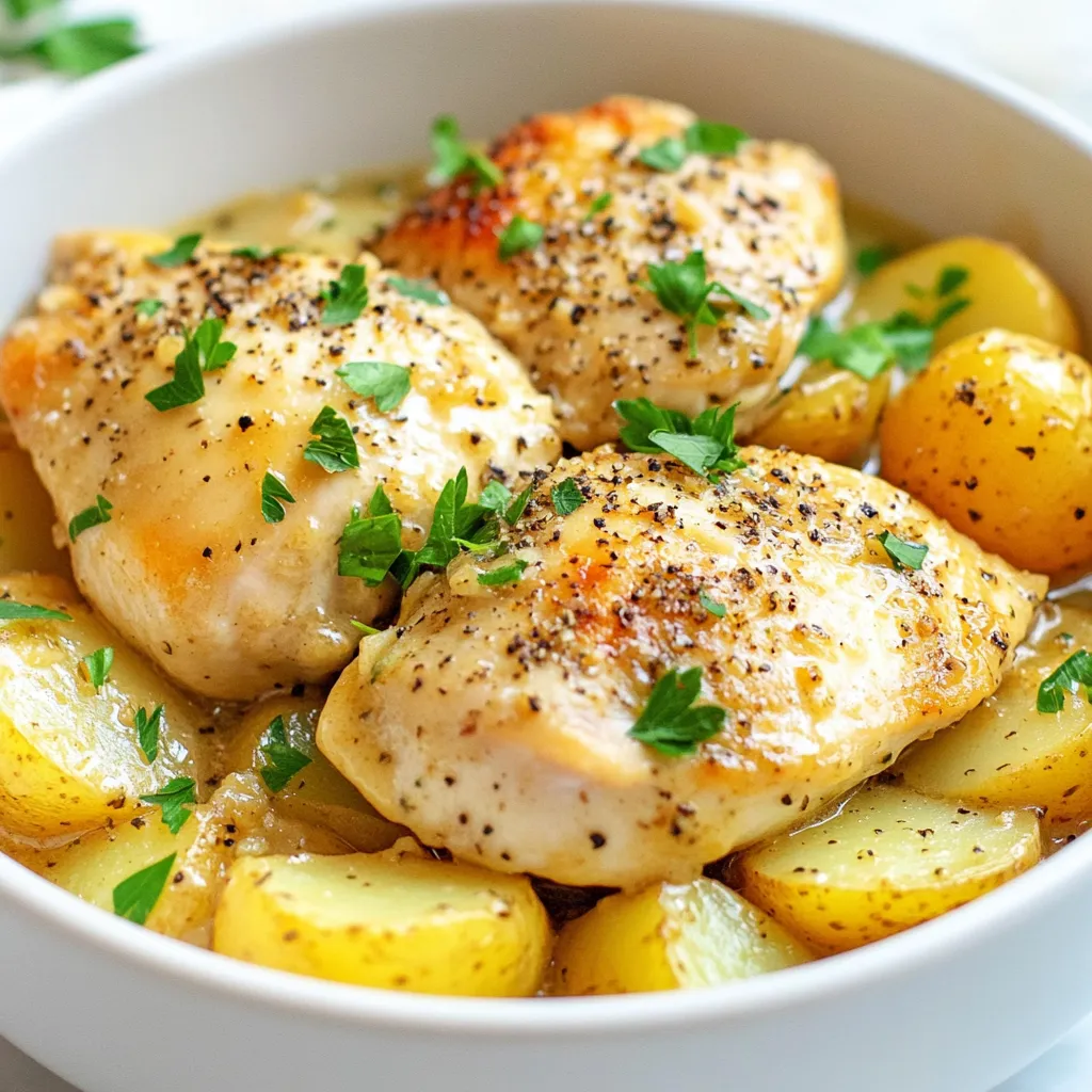 To make Crockpot Parmesan Garlic Chicken and Potatoes, gather these ingredients: - 4 boneless, skinless chicken breasts - 1 pound baby potatoes, halved or quartered - 1 cup chicken broth - 1 cup grated Parmesan cheese - 4 cloves garlic, minced - 1 teaspoon Italian seasoning - 1 teaspoon salt - ½ teaspoon black pepper - ½ cup heavy cream - 2 tablespoons olive oil - Fresh parsley for garnish (optional) For this recipe, it’s best to stick to the measurements. However, if you need a change, here are some ideas: - You can swap chicken breasts for chicken thighs; they stay juicy. - Use vegetable broth instead of chicken broth for a vegetarian option. - If you don’t have heavy cream, try using sour cream or Greek yogurt instead, but adjust cooking times. - Fresh garlic can be replaced with garlic powder; use about 1 teaspoon. Choosing the right ingredients makes a big difference. Here are some tips: - Look for chicken breasts that are pink and firm. Avoid any that look gray. - Choose baby potatoes that are smooth and firm. Avoid any with soft spots or wrinkles. - Fresh garlic should be firm and dry. Avoid any that is sprouting or soft. - When buying Parmesan cheese, choose a block over pre-grated for better flavor. These details make your dish tasty and full of flavor! {{ingredient_image_1}} To make the sauce, take a bowl and mix these items: - 1 cup chicken broth - ½ cup heavy cream - 4 cloves garlic, minced - 1 teaspoon Italian seasoning - 1 teaspoon salt - ½ teaspoon black pepper This mix gives the dish a rich and tasty flavor. Stir well until combined. This sauce is the heart of the dish. Start by drizzling 2 tablespoons of olive oil at the bottom of the crockpot. This helps the food not stick. Next, take 1 pound of baby potatoes, halved or quartered, and place them in the bottom. Lightly sprinkle them with salt and pepper for taste. Now, lay the seasoned chicken breasts on top of the potatoes. There should be 4 boneless, skinless chicken breasts. Pour the prepared sauce over the chicken and potatoes. Make sure everything is nicely covered. Finally, sprinkle 1 cup of grated Parmesan cheese on top. This will melt and create a delicious crust. Cover the crockpot with the lid. If you cook on low, set it for 6-7 hours. If you choose high, set it for 3-4 hours. The chicken should be fully cooked and tender when done. Once the cooking time is up, gently stir the contents. This mixes the melted cheese and sauce together. Enjoy the warm, savory meal! To get the best taste, use fresh garlic. Fresh garlic gives a rich flavor that dried garlic can’t match. Also, let the chicken marinate in the sauce for a while, if you can. This adds depth to the dish. Mix in some fresh herbs, like thyme or rosemary, for even more flavor. Don’t forget the Parmesan cheese! It melts and creates a creamy, savory layer on top. For tender chicken, choose boneless, skinless breasts. They cook evenly and stay juicy. Make sure to cook on low heat for a longer time. This allows the chicken to soak in all the flavors. If you are short on time, you can use the high setting, but keep an eye on it. Overcooking can dry out the chicken. Check for doneness with a meat thermometer; it should read 165°F. One common mistake is not seasoning the potatoes. They need salt and pepper to bring out their taste. Another mistake is skipping the olive oil. It helps prevent sticking and adds flavor. Don’t rush the cooking time, either. Good things take time! Lastly, avoid lifting the lid while cooking; this lets heat escape and can affect cooking time. Pro Tips Use Fresh Garlic: Freshly minced garlic enhances the flavor of the dish significantly compared to pre-minced or jarred garlic. It adds a robust aroma and taste to your meal. Layering Ingredients: For even cooking, ensure that the potatoes are at the bottom and the chicken on top. This allows the chicken juices to flow down and flavor the potatoes. Check Doneness: Always use a meat thermometer to ensure the chicken reaches an internal temperature of 165°F (75°C) for safety and optimal tenderness. Customize Seasoning: Feel free to adjust the seasoning according to your taste. Adding herbs like thyme or rosemary can elevate the flavor profile of the dish. {{image_2}} You can add many vegetables to make this dish more colorful and healthy. Try adding carrots, bell peppers, or green beans. Just chop them into smaller pieces. Place them in the crockpot with the potatoes. The vegetables soak up the sauce. They taste great with the chicken and cheese. If you want to change the protein, use turkey or pork. Boneless turkey breasts cook well in the sauce. Pork chops are another tasty option. Both will give you a different flavor. Adjust the cooking time based on the type of meat you choose. For a low-carb or keto meal, swap the potatoes for cauliflower. Cauliflower is a great substitute. It pairs well with the Parmesan and sauce. You can also skip the heavy cream and use cream cheese. This keeps the dish rich while lowering carbs. Store your leftovers in an airtight container. Let the dish cool down before sealing. Keep it in the fridge for up to four days. This keeps the chicken and potatoes fresh. To reheat, place the leftovers in a microwave-safe dish. Cover it with a damp paper towel. Heat at medium power for about two to three minutes. You can also reheat in a skillet over medium heat. Stir gently until heated through. You can freeze this meal for later. Place cooled leftovers in a freezer-safe bag. Remove as much air as possible before sealing. It can stay fresh for up to three months. Thaw in the fridge overnight before reheating. Enjoy a tasty meal even on busy days! Yes, you can use frozen chicken. Just remember to add extra cooking time. I suggest cooking on high for about 4-5 hours if the chicken is frozen. This method ensures the chicken cooks all the way through. Always check if the chicken reaches a safe temperature of 165°F. You can store leftovers in an airtight container. They will stay fresh in the fridge for about 3-4 days. If you want to keep them longer, consider freezing them. In the freezer, they can last up to 3 months. Just thaw before reheating. This dish pairs well with many sides. You can serve a fresh salad or steamed veggies. Rice or crusty bread also works great to soak up the sauce. If you want a light touch, try a side of green beans or broccoli. This blog post covered how to make Crockpot Parmesan Garlic Chicken with Potatoes. We discussed key ingredients, measurements, and fresh ingredient tips. I shared step-by-step instructions, including cooking times and temp settings. You learned valuable tips for flavor and tenderness, along with common mistakes to avoid. We also explored recipe variations, storage info, and answered frequently asked questions. Enjoy making this meal. Remember, cooking is all about experimenting, so have fun!
