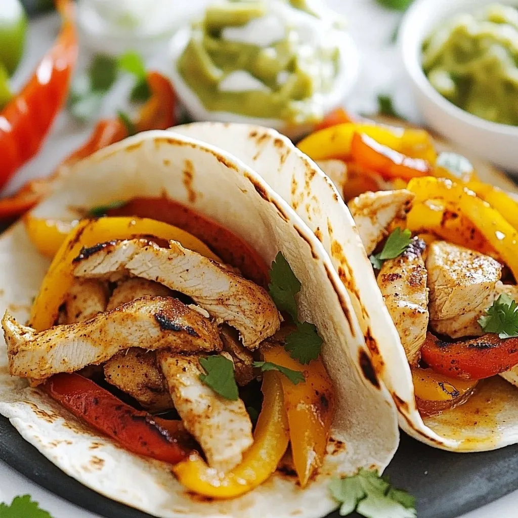 To make sizzling chicken fajitas, you will need: - 1 pound boneless, skinless chicken breasts, sliced into thin strips - 1 tablespoon olive oil - 1 teaspoon chili powder - 1 teaspoon cumin - 1 teaspoon paprika - 1 lime, juiced - 1 red bell pepper, sliced - 1 yellow bell pepper, sliced - 1 onion, sliced - Salt and pepper to taste - 4 small flour tortillas These ingredients create a tasty mix. The chicken absorbs the spices well. The bell peppers add color and crunch. You can enhance your fajitas with these optional toppings: - Sour cream - Guacamole - Salsa - Shredded cheese - Fresh cilantro These add flavor and creaminess. You can mix and match based on your taste. If you lack some ingredients, here are easy swaps: - Use chicken thighs instead of breasts for more flavor. - Swap olive oil for canola or avocado oil. - Replace lime juice with lemon juice if needed. - Use any color of bell pepper based on preference. These substitutions keep the recipe flexible. You can still enjoy delicious fajitas with what you have on hand. {{ingredient_image_1}} To start, grab a large bowl. Place the sliced chicken inside. Add one tablespoon of olive oil. Then, mix in one teaspoon of chili powder, one teaspoon of cumin, and one teaspoon of paprika. Squeeze in the juice of one lime. Don’t forget to sprinkle in some salt and pepper. Now, mix everything well. Make sure the chicken is coated evenly. Let it marinate for at least 15 minutes. This step adds great flavor. Next, heat a large skillet over medium-high heat. When it’s hot, add the marinated chicken. Cook for about 5-7 minutes. Stir occasionally until the chicken turns brown and cooks through. Now it’s time for the veggies! Add the sliced red and yellow bell peppers, and the onion to the skillet. Cook for another 5 minutes. Stir often until the vegetables are tender and have a nice char. Once done, taste the chicken and veggies. Adjust seasoning if needed. Remove the skillet from heat. Warm up four small flour tortillas in another skillet or microwave. To serve, layer the sizzling chicken and veggies on each tortilla. Add your favorite toppings. Try sour cream, guacamole, salsa, shredded cheese, or fresh cilantro. Enjoy your delicious meal! To get that perfect sizzle, start with a hot pan. I use a cast-iron skillet. It holds heat well. Add the chicken only when the pan is hot. This helps it brown nicely. You want the chicken to sear, not steam. Stir the chicken occasionally to cook it evenly. The sound of sizzling means you’re on the right track! I recommend a few key items for making sizzling chicken fajitas. - Cast-iron skillet: It keeps the heat strong. - Spatula: Use it to stir the chicken and veggies. - Mixing bowl: Perfect for marinating the chicken. - Knife: A sharp knife helps slice the chicken and veggies. These tools make cooking easy and fun. You don’t need fancy gadgets. Simple tools do the job well. Many people make a few common mistakes when cooking fajitas. Here are some to watch for: - Overcrowding the pan: This can cause steaming. Cook in batches if needed. - Skipping the marinade: Marinating adds flavor. Don’t skip this step. - Not using enough heat: A hot skillet gives that great sizzle. - Cutting veggies too thick: Thin slices cook better and blend nicely with the chicken. Avoiding these mistakes will help you enjoy tasty, sizzling chicken fajitas! Pro Tips Marinate for Maximum Flavor: Allowing the chicken to marinate for at least 15 minutes, or even longer if possible, enhances the flavor significantly. High Heat is Key: Cooking the chicken and vegetables on medium-high heat helps achieve a nice sear, which adds depth to the dish. Customize Your Veggies: Feel free to add other vegetables like zucchini or mushrooms for added texture and flavor. Warm Tortillas Properly: Warming tortillas in a dry skillet or on a grill makes them soft and pliable, preventing tearing when you fill them. {{image_2}} You can easily swap chicken for shrimp. Use one pound of shrimp, peeled and deveined. Marinate the shrimp in olive oil, lime juice, chili powder, cumin, and paprika for 15 minutes. Cook the shrimp in a hot skillet for 3-4 minutes. Add the veggies and cook until tender. This change brings a fresh twist to your fajitas. For beef fajitas, use one pound of flank steak. Slice it thinly against the grain. Marinade with the same spices and lime juice. Cook the beef in a hot skillet for about 5-7 minutes. Add the bell peppers and onion to the skillet. This option offers a rich and hearty flavor. For a vegetarian version, skip the meat. Use one can of black beans or one pound of sliced mushrooms. Add zucchini and corn for extra texture. Season with the same spices and lime juice. Cook until veggies are soft. This dish is filling and packed with flavor. You can still enjoy all the toppings with this meatless option. After enjoying your sizzling chicken fajitas, you may have some leftovers. To store them, let the fajitas cool to room temperature. Then, place them in an airtight container. You can keep them in the fridge for up to three days. Make sure you separate the chicken and veggies from the tortillas. This helps keep everything fresh and crispy. When you're ready to eat the leftovers, reheating is easy. You can use a skillet or microwave. If using a skillet, heat it on medium. Add the chicken and veggies, stirring until they are hot. This method keeps the sizzle and flavor. If using a microwave, place the fajitas in a microwave-safe dish. Heat in 30-second intervals, stirring in between, until warm. Want to save your fajitas for later? You can freeze them! First, let the chicken and veggies cool completely. Then, place them in a freezer-safe bag or container. Squeeze out as much air as possible before sealing. You can freeze the mixture for up to three months. Just remember to freeze the tortillas separately. When you're ready to eat, thaw the fajitas in the fridge overnight before reheating. The best sides are rice and beans. They add more flavor and texture. You can also try chips and salsa for a crunchy bite. A fresh salad or guacamole pairs well too. Don't forget about corn on the cob; it’s a fun side. Yes, you can make fajitas ahead of time. Marinate the chicken and store it in the fridge. You can also cook the chicken and veggies a few hours early. Just keep them in a sealed container. When you're ready to eat, warm them up. Grilling gives a smoky flavor and nice char. It also cooks the meat evenly. Pan-cooking is great for quick meals and keeps the kitchen clean. Both methods work well. Choose what fits your time and taste best. To make great chicken fajitas, you need the right ingredients. Choose a mix of basics and extras. Marinate and cook your chicken well, adding colorful veggies. Achieve that perfect sizzle with the right tools. Remember, you can change up the protein or go vegetarian. Lastly, store your leftovers properly for future meals. When you understand the details, you can create a delicious fajita feast time and again. Enjoy making this fun dish!