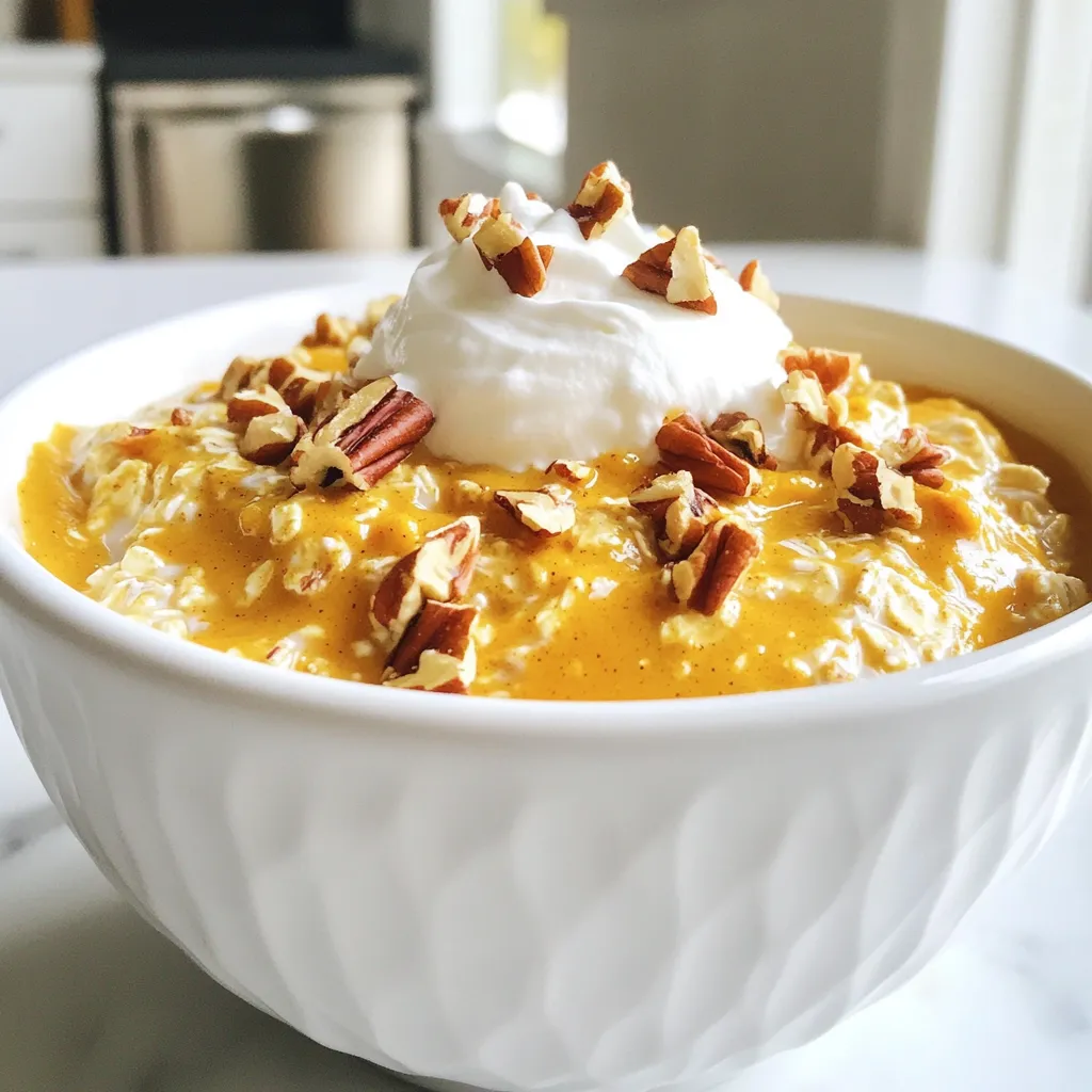 To make pumpkin pie overnight oats, you need four main ingredients: - 1 cup rolled oats - 1 cup almond milk (or any milk of your choice) - 1/2 cup canned pumpkin puree - 1 tablespoon maple syrup These ingredients work together to create a creamy, flavorful base. The oats soak in the liquid, making them soft and delicious. Next, we add some spices and flavoring for that cozy taste of fall: - 1 teaspoon pumpkin pie spice (or a mix of cinnamon and nutmeg) - 1/2 teaspoon vanilla extract - Pinch of salt These spices make the oats taste like pumpkin pie. The vanilla adds sweetness, while the salt enhances all the flavors. For some added nutrition and texture, consider these optional ingredients: - 2 tablespoons chia seeds - Optional toppings: chopped pecans, whipped cream, or coconut yogurt Chia seeds boost fiber and help thicken the oats. Toppings add a fun crunch and extra creaminess. You can mix and match to find your favorite combination! First, gather all your ingredients. You will need: - 1 cup rolled oats - 1 cup almond milk (or any milk of your choice) - 1/2 cup canned pumpkin puree - 1 tablespoon maple syrup - 1 teaspoon pumpkin pie spice (or a mix of cinnamon and nutmeg) - 1/2 teaspoon vanilla extract - Pinch of salt - 2 tablespoons chia seeds In a large mixing bowl, combine the rolled oats, almond milk, pumpkin puree, maple syrup, pumpkin pie spice, vanilla extract, and a pinch of salt. Mix these ingredients well. You want all the oats to be coated evenly with the liquid. This step is key for flavor. Next, add the chia seeds. Stir again to make sure they are mixed in well. The chia seeds will help thicken the oats and add nutrition. Once your mixture is ready, cover the bowl with a lid or plastic wrap. Now, it’s time to refrigerate. Let the oats chill overnight or for at least 4 hours. Chilling allows the oats to soak up the liquid and flavors. This is what gives them that creamy texture. In the morning, take your oats out of the fridge. Give them a good stir. If they seem too thick, add a splash of almond milk to reach your desired consistency. Now it's time to serve! You can use bowls or jars. Top the oats with your favorite toppings. I suggest chopped pecans for a crunch, a dollop of whipped cream for sweetness, or a spoonful of coconut yogurt for extra creaminess. This step adds a fun touch to your breakfast! Enjoy your creamy pumpkin pie overnight oats. You can boost the taste of your pumpkin pie overnight oats in many ways. Try adding a pinch of nutmeg or ginger for a warm kick. If you prefer a sweeter taste, use honey or agave syrup instead of maple syrup. These changes can make your oats even more delicious! To get the right thickness, use the right oat-to-liquid ratio. If your oats are too thick, mix in a splash of almond milk until you reach your desired creaminess. If they are too soupy, add a bit more oats or chia seeds. Chia seeds help thicken the mixture, so they are a great way to fix that. For easy storage, use glass jars or airtight containers. These keep your oats fresh and ready to go. You can make your oats up to three days in advance. Just grab a jar each morning for a quick, tasty breakfast. {{image_2}} You can easily change the taste of your pumpkin pie overnight oats. Try different spice blends like chai spice for a warm, cozy flavor. You can also add fruits like sliced bananas or diced apples. These fruits add sweetness and extra texture. Just mix them in with the oats before chilling. If you need vegan options, this recipe works well with any non-dairy milk. Almond milk is great, but you can use oat or soy milk too. For those who need nut-free versions, simply switch to rice milk or coconut milk. This way, everyone can enjoy this tasty breakfast. You can get creative in how you serve your oats. Try making layered parfaits by adding yogurt and fruits in between oatmeal layers. This makes an eye-catching dish. You can also use the oats as a filling for crepes or pancakes. Just spread the oats on a warm crepe, roll it up, and enjoy a delicious treat. Pumpkin pie overnight oats last in the fridge for up to five days. Store them in an airtight container. Look for signs of spoilage like a sour smell or a change in color. If your oats smell off or look unusual, it’s best to toss them. Yes, you can freeze overnight oats. To freeze, place them in freezer-safe containers. Leave some space at the top for expansion. When you want to eat them, move the oats to the fridge a night before. This helps them thaw slowly and keeps the texture nice. To reheat overnight oats, add a splash of almond milk and warm them in the microwave. Stir every 30 seconds until warm. Keep an eye on them to prevent drying out. You can enjoy your oats cold or warm. Cold oats have a refreshing taste, while warm oats feel cozy and comforting. Choose what feels best for your morning! You can use many types of milk in this recipe. Soy milk, oat milk, or coconut milk all work well. They give a nice flavor too. If you want a homemade option, blend soaked almonds or cashews with water. Strain it to make a creamy milk. This way, you control the taste and texture. Yes, you can easily make these oats vegan. Use maple syrup instead of honey. Choose plant-based toppings like coconut yogurt. This keeps everything vegan and still tasty. You can also check labels on other ingredients to ensure they are vegan-friendly. Overnight oats need at least four hours to chill in the fridge. This allows the oats to soak and soften. If you let them sit overnight, they will taste even better. The flavors mix well over time, giving you a rich and creamy breakfast. This blog covered how to make delicious pumpkin pie overnight oats using simple ingredients. We explored the main components, flavoring options, and step-by-step instructions. You learned tips for meal prep, flavor enhancements, and unique variations. Remember, you can customize this recipe to fit your taste and dietary needs. Overnight oats are easy to make and perfect for busy mornings. With a little planning, you can enjoy a tasty, nutritious meal anytime. Try it out and make it your own!