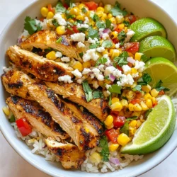 - 2 cups cooked rice (white or brown) - 2 boneless, skinless chicken breasts - 1 cup corn kernels (fresh, frozen, or canned) - 1 red bell pepper, diced - 1/4 cup red onion, finely chopped - 1/2 cup cotija cheese, crumbled (or feta cheese) - 2 tablespoons mayonnaise - 1 tablespoon lime juice - 1 teaspoon chili powder - 1 teaspoon cumin - Salt and pepper to taste To make this Street Corn Chicken Rice Bowl, gather these fresh ingredients. Start with cooked rice as your base. You can use either white or brown rice, depending on your choice. Next, grab two boneless, skinless chicken breasts. These will be marinated to enhance the flavor. Corn adds a sweet crunch to the dish. You can use fresh corn, frozen corn, or canned corn. Choose what you have on hand. For toppings, dice one red bell pepper and finely chop 1/4 cup of red onion. These will add color and texture. Cotija cheese is traditional for this dish, but feta works well too. You will need about 1/2 cup, crumbled. This cheese brings a creamy element that pairs nicely with the other flavors. For the marinade, combine 2 tablespoons of mayonnaise and 1 tablespoon of lime juice. Add 1 teaspoon each of chili powder and cumin. Don’t forget to season with salt and pepper. This mix will give the chicken a zesty kick and keep it juicy. Having all these ingredients ready will make your cooking process smooth and fun. Enjoy the vibrant colors and flavors as you prepare this delicious meal! {{ingredient_image_1}} First, mix the marinade ingredients. Take a bowl and add: - 2 tablespoons mayonnaise - 1 tablespoon lime juice - 1 teaspoon chili powder - 1 teaspoon cumin - Salt and pepper to taste Stir well until it is smooth. Now, take your chicken breasts and coat them in the marinade. Make sure every part of the chicken is covered. Let it sit for at least 20 minutes. This helps the chicken soak up the flavors. While the chicken marinates, prepare the street corn topping. In a medium bowl, combine: - 1 cup corn kernels (fresh, frozen, or canned) - 1 diced red bell pepper - 1/4 cup finely chopped red onion - 1/4 cup cotija cheese Mix these ingredients well. This mixture will add a fresh crunch to your bowl. Next, heat a pan over medium heat. Sauté the corn mixture for about 3-4 minutes. Stir it often until it is heated through. If you want, you can add a bit of olive oil for extra flavor. Now it's time to cook the chicken. Heat a pan over medium heat. Place the marinated chicken in the pan. Cook for 6-7 minutes on each side. Look for a golden brown color. The chicken should be fully cooked. Once done, remove it from the heat. Allow it to rest for a few minutes. After resting, slice the chicken into strips. To build your rice bowl, start with a base of rice. Use 2 cups of cooked rice, either white or brown. Scoop a generous portion into a serving bowl. Next, layer the sliced chicken on top of the rice. Follow this with the sautéed corn mixture. Finish off your bowl by sprinkling the remaining cotija cheese and chopped cilantro over the top. Serve it with lime wedges on the side for that extra zesty kick. Enjoy your Street Corn Chicken Rice Bowl! To keep your chicken juicy, marinate it well. Use a mix of mayonnaise, lime juice, chili powder, cumin, salt, and pepper. Let the chicken sit for at least 20 minutes. This helps lock in moisture. Cook the chicken at medium heat. This allows it to cook evenly. Aim for an internal temperature of 165°F. Use a meat thermometer for accuracy. If you want to try different proteins, chicken isn’t your only option. Use shrimp or tofu for a tasty twist. Each option brings its own flavor. For a dairy-free option, try nutritional yeast or vegan cheese. These alternatives still give you a creamy texture. You can also skip cheese altogether if you prefer. Pair your rice bowl with a light salad. A fresh green salad with lime dressing adds a nice crunch. You could also serve tortilla chips for a fun side. For drinks, I suggest a cold limeade or a light beer. Both options complement the flavors well. You could even try a fruity soda for something different. Pro Tips Marinate for Flavor: Allow the chicken to marinate for at least 30 minutes to enhance the flavor. The longer it marinates, the more intense the taste will be. Use Fresh Ingredients: Whenever possible, opt for fresh corn and vegetables. Fresh ingredients will add vibrant flavors and textures to your dish. Rest the Chicken: After cooking, let the chicken rest for a few minutes before slicing. This helps retain the juices, making the chicken more tender and flavorful. Customize Your Bowl: Feel free to add your favorite toppings like avocado, jalapeños, or a drizzle of hot sauce for an extra kick! {{image_2}} To make this dish spicy, you can add jalapeños. Slice fresh jalapeños and mix them into your corn topping. This addition brings heat and flavor. You can also use spicy mayo. Just mix some sriracha with your mayonnaise. Drizzle it over the bowl for extra kick. This spicy twist elevates the entire meal. If you want a meat-free version, substitute chicken for tofu. Use firm tofu for the best texture. Press it to remove water, then marinate it like you would the chicken. Sauté it until golden. For cheese, try vegan options. Nutritional yeast or plant-based cheese can work well. These swaps keep all the flavors while catering to dietary needs. You can switch up the base grain for variety. Quinoa or cauliflower rice are great choices. Quinoa adds protein and has a nutty taste. Cauliflower rice is lighter and low in carbs. You can also try different types of rice. Jasmine or basmati rice can add unique flavors and aromas. These alternatives let you customize your bowl to match your taste. To store leftovers, place the rice bowl in an airtight container. This keeps the flavors fresh. You can also separate the chicken and corn to maintain texture. The shelf life in the fridge is about three to four days. Make sure the bowl cools down before sealing it. For freezing options, you can freeze the chicken and corn mixture separately. This helps keep each component tasty. Wrap them well in plastic wrap or use freezer bags. For best results, eat the frozen bowls within three months. When you are ready to eat, thaw overnight in the fridge. For reheating, heat them in a pan over low heat. Stir often to avoid burning. You can also microwave it; just add a splash of water to keep it moist. To add heat, you can try a few ideas: - Add jalapeños: Slice fresh jalapeños and mix them in. - Use spicy mayo: Mix mayonnaise with sriracha for a spicy kick. - Sprinkle red pepper flakes: Add these on top before serving. - Incorporate hot sauce: Drizzle your favorite hot sauce over the rice bowl. These simple changes can set your taste buds on fire! Experiment and find the heat level you enjoy most. Yes, you can prep this dish ahead of time! Here are some tips: - Marinate the chicken: You can marinate the chicken the night before. - Cook the rice: Make the rice a day in advance and store it in the fridge. - Store the corn topping: Mix the corn and veggies, then keep them covered. - Reheat before serving: Just warm everything up before you serve. This way, you save time and enjoy a quick meal! For sides, consider these delicious options: - Black beans: Seasoned black beans pair well with the flavors. - Guacamole: Creamy guacamole adds a nice touch. - Chips and salsa: Serve crunchy chips with fresh salsa on the side. - Mexican street corn salad: This complements the rice bowl perfectly. These sides will enhance your meal and make it even more enjoyable! You now know how to make a delicious Street Corn Chicken Rice Bowl. We explored the key ingredients, from juicy chicken to fresh corn. I shared steps for marinating chicken and preparing toppings. You gained insights on cooking tips, ingredient swaps, and storage options. This meal is both fun to make and enjoy. Whether you stick to the original or try variations, it’s sure to please. Happy cooking!