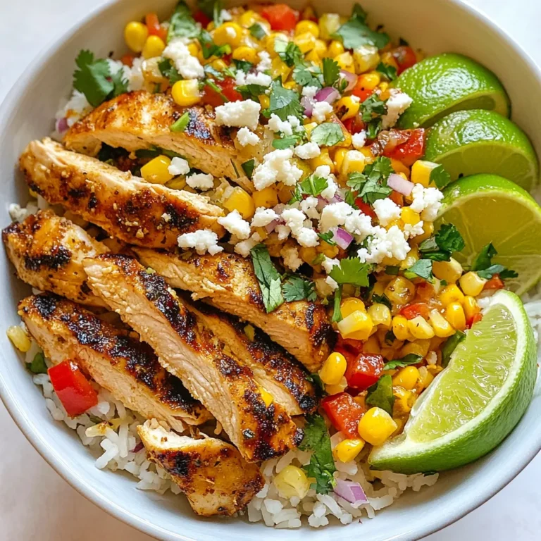 - 2 cups cooked rice (white or brown) - 2 boneless, skinless chicken breasts - 1 cup corn kernels (fresh, frozen, or canned) - 1 red bell pepper, diced - 1/4 cup red onion, finely chopped - 1/2 cup cotija cheese, crumbled (or feta cheese) - 2 tablespoons mayonnaise - 1 tablespoon lime juice - 1 teaspoon chili powder - 1 teaspoon cumin - Salt and pepper to taste To make this Street Corn Chicken Rice Bowl, gather these fresh ingredients. Start with cooked rice as your base. You can use either white or brown rice, depending on your choice. Next, grab two boneless, skinless chicken breasts. These will be marinated to enhance the flavor. Corn adds a sweet crunch to the dish. You can use fresh corn, frozen corn, or canned corn. Choose what you have on hand. For toppings, dice one red bell pepper and finely chop 1/4 cup of red onion. These will add color and texture. Cotija cheese is traditional for this dish, but feta works well too. You will need about 1/2 cup, crumbled. This cheese brings a creamy element that pairs nicely with the other flavors. For the marinade, combine 2 tablespoons of mayonnaise and 1 tablespoon of lime juice. Add 1 teaspoon each of chili powder and cumin. Don’t forget to season with salt and pepper. This mix will give the chicken a zesty kick and keep it juicy. Having all these ingredients ready will make your cooking process smooth and fun. Enjoy the vibrant colors and flavors as you prepare this delicious meal! {{ingredient_image_1}} First, mix the marinade ingredients. Take a bowl and add: - 2 tablespoons mayonnaise - 1 tablespoon lime juice - 1 teaspoon chili powder - 1 teaspoon cumin - Salt and pepper to taste Stir well until it is smooth. Now, take your chicken breasts and coat them in the marinade. Make sure every part of the chicken is covered. Let it sit for at least 20 minutes. This helps the chicken soak up the flavors. While the chicken marinates, prepare the street corn topping. In a medium bowl, combine: - 1 cup corn kernels (fresh, frozen, or canned) - 1 diced red bell pepper - 1/4 cup finely chopped red onion - 1/4 cup cotija cheese Mix these ingredients well. This mixture will add a fresh crunch to your bowl. Next, heat a pan over medium heat. Sauté the corn mixture for about 3-4 minutes. Stir it often until it is heated through. If you want, you can add a bit of olive oil for extra flavor. Now it's time to cook the chicken. Heat a pan over medium heat. Place the marinated chicken in the pan. Cook for 6-7 minutes on each side. Look for a golden brown color. The chicken should be fully cooked. Once done, remove it from the heat. Allow it to rest for a few minutes. After resting, slice the chicken into strips. To build your rice bowl, start with a base of rice. Use 2 cups of cooked rice, either white or brown. Scoop a generous portion into a serving bowl. Next, layer the sliced chicken on top of the rice. Follow this with the sautéed corn mixture. Finish off your bowl by sprinkling the remaining cotija cheese and chopped cilantro over the top. Serve it with lime wedges on the side for that extra zesty kick. Enjoy your Street Corn Chicken Rice Bowl! To keep your chicken juicy, marinate it well. Use a mix of mayonnaise, lime juice, chili powder, cumin, salt, and pepper. Let the chicken sit for at least 20 minutes. This helps lock in moisture. Cook the chicken at medium heat. This allows it to cook evenly. Aim for an internal temperature of 165°F. Use a meat thermometer for accuracy. If you want to try different proteins, chicken isn’t your only option. Use shrimp or tofu for a tasty twist. Each option brings its own flavor. For a dairy-free option, try nutritional yeast or vegan cheese. These alternatives still give you a creamy texture. You can also skip cheese altogether if you prefer. Pair your rice bowl with a light salad. A fresh green salad with lime dressing adds a nice crunch. You could also serve tortilla chips for a fun side. For drinks, I suggest a cold limeade or a light beer. Both options complement the flavors well. You could even try a fruity soda for something different. Pro Tips Marinate for Flavor: Allow the chicken to marinate for at least 30 minutes to enhance the flavor. The longer it marinates, the more intense the taste will be. Use Fresh Ingredients: Whenever possible, opt for fresh corn and vegetables. Fresh ingredients will add vibrant flavors and textures to your dish. Rest the Chicken: After cooking, let the chicken rest for a few minutes before slicing. This helps retain the juices, making the chicken more tender and flavorful. Customize Your Bowl: Feel free to add your favorite toppings like avocado, jalapeños, or a drizzle of hot sauce for an extra kick! {{image_2}} To make this dish spicy, you can add jalapeños. Slice fresh jalapeños and mix them into your corn topping. This addition brings heat and flavor. You can also use spicy mayo. Just mix some sriracha with your mayonnaise. Drizzle it over the bowl for extra kick. This spicy twist elevates the entire meal. If you want a meat-free version, substitute chicken for tofu. Use firm tofu for the best texture. Press it to remove water, then marinate it like you would the chicken. Sauté it until golden. For cheese, try vegan options. Nutritional yeast or plant-based cheese can work well. These swaps keep all the flavors while catering to dietary needs. You can switch up the base grain for variety. Quinoa or cauliflower rice are great choices. Quinoa adds protein and has a nutty taste. Cauliflower rice is lighter and low in carbs. You can also try different types of rice. Jasmine or basmati rice can add unique flavors and aromas. These alternatives let you customize your bowl to match your taste. To store leftovers, place the rice bowl in an airtight container. This keeps the flavors fresh. You can also separate the chicken and corn to maintain texture. The shelf life in the fridge is about three to four days. Make sure the bowl cools down before sealing it. For freezing options, you can freeze the chicken and corn mixture separately. This helps keep each component tasty. Wrap them well in plastic wrap or use freezer bags. For best results, eat the frozen bowls within three months. When you are ready to eat, thaw overnight in the fridge. For reheating, heat them in a pan over low heat. Stir often to avoid burning. You can also microwave it; just add a splash of water to keep it moist. To add heat, you can try a few ideas: - Add jalapeños: Slice fresh jalapeños and mix them in. - Use spicy mayo: Mix mayonnaise with sriracha for a spicy kick. - Sprinkle red pepper flakes: Add these on top before serving. - Incorporate hot sauce: Drizzle your favorite hot sauce over the rice bowl. These simple changes can set your taste buds on fire! Experiment and find the heat level you enjoy most. Yes, you can prep this dish ahead of time! Here are some tips: - Marinate the chicken: You can marinate the chicken the night before. - Cook the rice: Make the rice a day in advance and store it in the fridge. - Store the corn topping: Mix the corn and veggies, then keep them covered. - Reheat before serving: Just warm everything up before you serve. This way, you save time and enjoy a quick meal! For sides, consider these delicious options: - Black beans: Seasoned black beans pair well with the flavors. - Guacamole: Creamy guacamole adds a nice touch. - Chips and salsa: Serve crunchy chips with fresh salsa on the side. - Mexican street corn salad: This complements the rice bowl perfectly. These sides will enhance your meal and make it even more enjoyable! You now know how to make a delicious Street Corn Chicken Rice Bowl. We explored the key ingredients, from juicy chicken to fresh corn. I shared steps for marinating chicken and preparing toppings. You gained insights on cooking tips, ingredient swaps, and storage options. This meal is both fun to make and enjoy. Whether you stick to the original or try variations, it’s sure to please. Happy cooking!