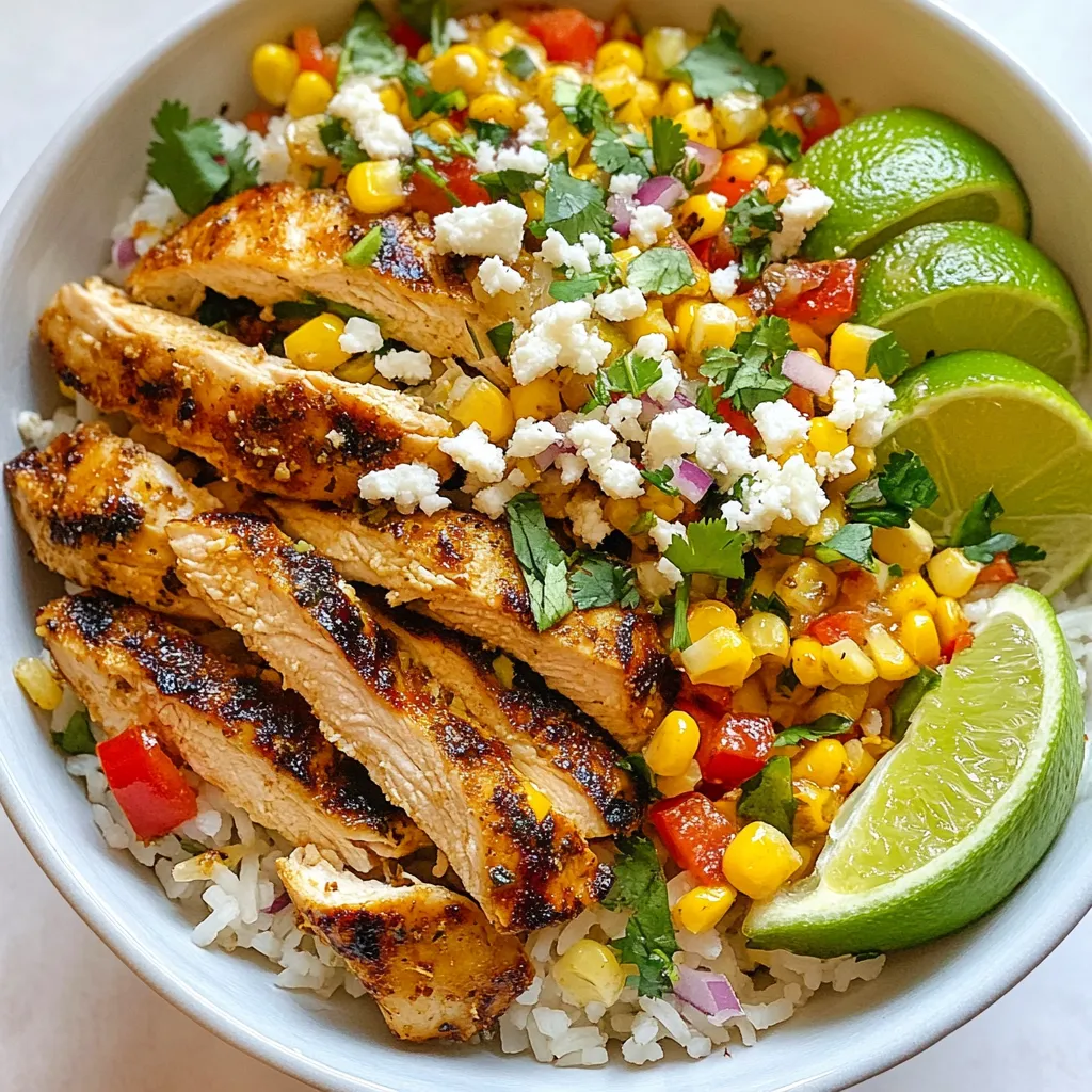 - 2 cups cooked rice (white or brown) - 2 boneless, skinless chicken breasts - 1 cup corn kernels (fresh, frozen, or canned) - 1 red bell pepper, diced - 1/4 cup red onion, finely chopped - 1/2 cup cotija cheese, crumbled (or feta cheese) - 2 tablespoons mayonnaise - 1 tablespoon lime juice - 1 teaspoon chili powder - 1 teaspoon cumin - Salt and pepper to taste To make this Street Corn Chicken Rice Bowl, gather these fresh ingredients. Start with cooked rice as your base. You can use either white or brown rice, depending on your choice. Next, grab two boneless, skinless chicken breasts. These will be marinated to enhance the flavor. Corn adds a sweet crunch to the dish. You can use fresh corn, frozen corn, or canned corn. Choose what you have on hand. For toppings, dice one red bell pepper and finely chop 1/4 cup of red onion. These will add color and texture. Cotija cheese is traditional for this dish, but feta works well too. You will need about 1/2 cup, crumbled. This cheese brings a creamy element that pairs nicely with the other flavors. For the marinade, combine 2 tablespoons of mayonnaise and 1 tablespoon of lime juice. Add 1 teaspoon each of chili powder and cumin. Don’t forget to season with salt and pepper. This mix will give the chicken a zesty kick and keep it juicy. Having all these ingredients ready will make your cooking process smooth and fun. Enjoy the vibrant colors and flavors as you prepare this delicious meal! {{ingredient_image_1}} First, mix the marinade ingredients. Take a bowl and add: - 2 tablespoons mayonnaise - 1 tablespoon lime juice - 1 teaspoon chili powder - 1 teaspoon cumin - Salt and pepper to taste Stir well until it is smooth. Now, take your chicken breasts and coat them in the marinade. Make sure every part of the chicken is covered. Let it sit for at least 20 minutes. This helps the chicken soak up the flavors. While the chicken marinates, prepare the street corn topping. In a medium bowl, combine: - 1 cup corn kernels (fresh, frozen, or canned) - 1 diced red bell pepper - 1/4 cup finely chopped red onion - 1/4 cup cotija cheese Mix these ingredients well. This mixture will add a fresh crunch to your bowl. Next, heat a pan over medium heat. Sauté the corn mixture for about 3-4 minutes. Stir it often until it is heated through. If you want, you can add a bit of olive oil for extra flavor. Now it's time to cook the chicken. Heat a pan over medium heat. Place the marinated chicken in the pan. Cook for 6-7 minutes on each side. Look for a golden brown color. The chicken should be fully cooked. Once done, remove it from the heat. Allow it to rest for a few minutes. After resting, slice the chicken into strips. To build your rice bowl, start with a base of rice. Use 2 cups of cooked rice, either white or brown. Scoop a generous portion into a serving bowl. Next, layer the sliced chicken on top of the rice. Follow this with the sautéed corn mixture. Finish off your bowl by sprinkling the remaining cotija cheese and chopped cilantro over the top. Serve it with lime wedges on the side for that extra zesty kick. Enjoy your Street Corn Chicken Rice Bowl! To keep your chicken juicy, marinate it well. Use a mix of mayonnaise, lime juice, chili powder, cumin, salt, and pepper. Let the chicken sit for at least 20 minutes. This helps lock in moisture. Cook the chicken at medium heat. This allows it to cook evenly. Aim for an internal temperature of 165°F. Use a meat thermometer for accuracy. If you want to try different proteins, chicken isn’t your only option. Use shrimp or tofu for a tasty twist. Each option brings its own flavor. For a dairy-free option, try nutritional yeast or vegan cheese. These alternatives still give you a creamy texture. You can also skip cheese altogether if you prefer. Pair your rice bowl with a light salad. A fresh green salad with lime dressing adds a nice crunch. You could also serve tortilla chips for a fun side. For drinks, I suggest a cold limeade or a light beer. Both options complement the flavors well. You could even try a fruity soda for something different. Pro Tips Marinate for Flavor: Allow the chicken to marinate for at least 30 minutes to enhance the flavor. The longer it marinates, the more intense the taste will be. Use Fresh Ingredients: Whenever possible, opt for fresh corn and vegetables. Fresh ingredients will add vibrant flavors and textures to your dish. Rest the Chicken: After cooking, let the chicken rest for a few minutes before slicing. This helps retain the juices, making the chicken more tender and flavorful. Customize Your Bowl: Feel free to add your favorite toppings like avocado, jalapeños, or a drizzle of hot sauce for an extra kick! {{image_2}} To make this dish spicy, you can add jalapeños. Slice fresh jalapeños and mix them into your corn topping. This addition brings heat and flavor. You can also use spicy mayo. Just mix some sriracha with your mayonnaise. Drizzle it over the bowl for extra kick. This spicy twist elevates the entire meal. If you want a meat-free version, substitute chicken for tofu. Use firm tofu for the best texture. Press it to remove water, then marinate it like you would the chicken. Sauté it until golden. For cheese, try vegan options. Nutritional yeast or plant-based cheese can work well. These swaps keep all the flavors while catering to dietary needs. You can switch up the base grain for variety. Quinoa or cauliflower rice are great choices. Quinoa adds protein and has a nutty taste. Cauliflower rice is lighter and low in carbs. You can also try different types of rice. Jasmine or basmati rice can add unique flavors and aromas. These alternatives let you customize your bowl to match your taste. To store leftovers, place the rice bowl in an airtight container. This keeps the flavors fresh. You can also separate the chicken and corn to maintain texture. The shelf life in the fridge is about three to four days. Make sure the bowl cools down before sealing it. For freezing options, you can freeze the chicken and corn mixture separately. This helps keep each component tasty. Wrap them well in plastic wrap or use freezer bags. For best results, eat the frozen bowls within three months. When you are ready to eat, thaw overnight in the fridge. For reheating, heat them in a pan over low heat. Stir often to avoid burning. You can also microwave it; just add a splash of water to keep it moist. To add heat, you can try a few ideas: - Add jalapeños: Slice fresh jalapeños and mix them in. - Use spicy mayo: Mix mayonnaise with sriracha for a spicy kick. - Sprinkle red pepper flakes: Add these on top before serving. - Incorporate hot sauce: Drizzle your favorite hot sauce over the rice bowl. These simple changes can set your taste buds on fire! Experiment and find the heat level you enjoy most. Yes, you can prep this dish ahead of time! Here are some tips: - Marinate the chicken: You can marinate the chicken the night before. - Cook the rice: Make the rice a day in advance and store it in the fridge. - Store the corn topping: Mix the corn and veggies, then keep them covered. - Reheat before serving: Just warm everything up before you serve. This way, you save time and enjoy a quick meal! For sides, consider these delicious options: - Black beans: Seasoned black beans pair well with the flavors. - Guacamole: Creamy guacamole adds a nice touch. - Chips and salsa: Serve crunchy chips with fresh salsa on the side. - Mexican street corn salad: This complements the rice bowl perfectly. These sides will enhance your meal and make it even more enjoyable! You now know how to make a delicious Street Corn Chicken Rice Bowl. We explored the key ingredients, from juicy chicken to fresh corn. I shared steps for marinating chicken and preparing toppings. You gained insights on cooking tips, ingredient swaps, and storage options. This meal is both fun to make and enjoy. Whether you stick to the original or try variations, it’s sure to please. Happy cooking!