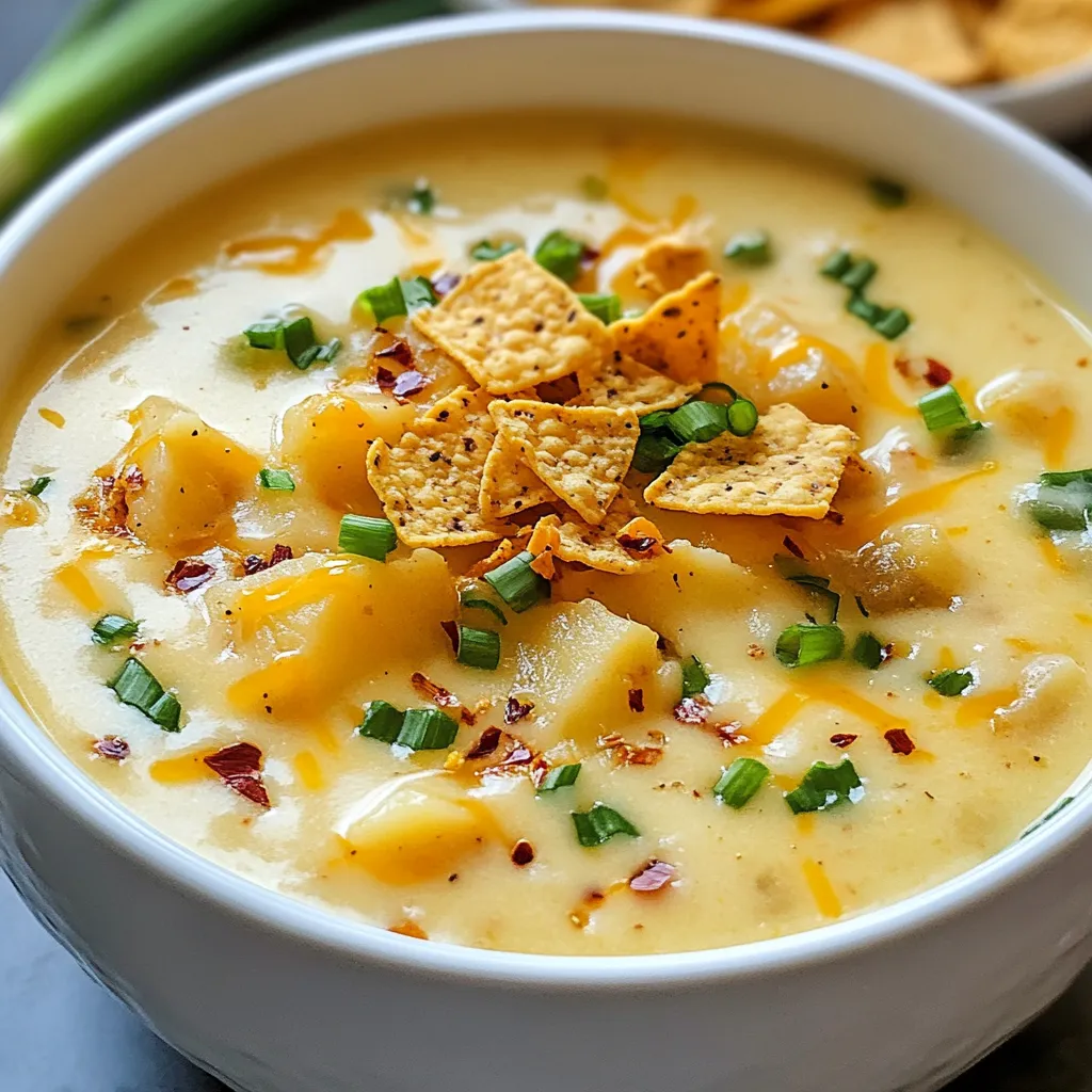 - 4 large russet potatoes, peeled and diced - 1/2 cup unsalted butter - 1 cup onion, finely chopped - 3 cloves garlic, minced - 1/2 cup all-purpose flour - 4 cups vegetable broth - 2 cups milk (or plant-based milk) - 2 cups sharp cheddar cheese, grated - 1/2 cup sour cream (or Greek yogurt) - Salt and pepper to taste - 1 teaspoon smoked paprika - 1/2 cup green onions, sliced (for garnish) - 1/2 cup crispy tortilla chips (for garnish) To make loaded baked potato soup, gather these ingredients. Large russet potatoes give the soup its hearty base. I use unsalted butter for flavor, while onion and garlic add depth. All-purpose flour helps thicken the soup. Vegetable broth brings in liquid and flavor. For creaminess, I add milk, but you can use plant-based milk if you prefer. Sharp cheddar cheese melts beautifully, adding a rich taste. Sour cream or Greek yogurt gives it a nice tang. Don't forget your seasonings! Salt and pepper enhance all the flavors. Smoked paprika adds a subtle warmth. Finally, green onions and crispy tortilla chips make excellent toppings. They add crunch and freshness to each bowl. {{ingredient_image_1}} Start by melting the unsalted butter in a large pot over medium heat. Once it melts, add the finely chopped onion and minced garlic. Sauté them for about five minutes. You want the onions to become soft and clear. This adds a great flavor to your soup. Next, stir in the all-purpose flour. Cook this mixture for another two minutes. This step creates a roux, which helps thicken the soup later. Make sure to stir continuously to avoid lumps. Now it's time to add the vegetable broth. Pour it in slowly while whisking. This helps keep the mixture smooth. Bring the broth to a gentle simmer. Once it simmers, add the peeled and diced russet potatoes. Season with salt, pepper, and smoked paprika. Cover the pot and let it simmer for 15 to 20 minutes. You want the potatoes to be tender and easy to mash. After the potatoes are tender, use a potato masher or an immersion blender. Blend the soup a bit, but leave some chunks for texture. Next, stir in the milk. Heat it until warm, and then add the grated sharp cheddar cheese. Stir until the cheese melts and combines into a creamy mix. Finally, remove the pot from heat and add sour cream. Mix well to combine. Taste and adjust the seasonings as needed. Serve the soup in bowls. Top with sliced green onions and crispy tortilla chips for a nice crunch. Enjoy your delicious loaded baked potato soup! To get the right consistency for your loaded baked potato soup, aim for a creamy yet chunky feel. Start by mashing some of the potatoes after they cook. This gives the soup a nice base. If you want it smoother, use an immersion blender. Blend just a little to keep some potato pieces. This adds character to the soup. For extra flavor, try adding more spices like garlic powder or onion powder. These give depth to your soup. Fresh herbs like parsley or chives can brighten the taste. Just chop them up and stir them in before serving. They add a fresh kick that makes the soup even better. Garnishes can really elevate your soup. Top each bowl with green onions for a fresh crunch. Crispy tortilla chips add a fun texture too. You can also try adding crumbled bacon or extra cheese on top. Serve the soup with crusty bread or a simple salad for a complete meal. Enjoy every spoonful! Pro Tips Use Starchy Potatoes: Russet potatoes are ideal for a creamy texture, but you can also mix in Yukon Gold for added flavor. Adjust Thickness: If you prefer a thicker soup, let it simmer longer or mash more potatoes; for a thinner consistency, add more broth or milk. Cheese Variations: Experiment with different cheeses like Monterey Jack or Gouda for a unique twist on the classic flavor. Garnish Creatively: Besides green onions and tortilla chips, try adding crispy bacon bits or a drizzle of hot sauce for extra flavor. {{image_2}} To make this soup vegan, you can substitute dairy ingredients easily. Use plant-based milk like almond or oat milk instead of regular milk. Swap the sour cream with vegan yogurt or silken tofu for creaminess. For cheese, try nutritional yeast or a vegan cheese brand. These swaps keep the rich flavor without using animal products. If you need a gluten-free version, you can thicken the soup differently. Instead of all-purpose flour, use cornstarch or a gluten-free flour blend. Simply mix it with a bit of cold water before adding it to the soup. Ensure your vegetable broth is gluten-free too. For extra flavor, consider adding bacon or other proteins. Cook bacon until crispy, then crumble it on top of the soup. You can also use cooked chicken or turkey for added heartiness. To spice things up, try adding cayenne pepper or red pepper flakes for heat. A dash of hot sauce can also bring a kick! To store your loaded baked potato soup in the fridge, let it cool first. Once cool, transfer it to an airtight container. This keeps the soup fresh and prevents spills. I recommend using glass containers for easy reheating. They do not stain and can go in the microwave. For freezing, use freezer-safe containers. Leave some space at the top for expansion. It is best to freeze the soup in single servings. This makes it easy to thaw only what you need. When you are ready to eat, thaw overnight in the fridge. Reheat in a pot on low heat. Stir often to avoid sticking on the bottom. You can also use the microwave but do it in short bursts. Loaded baked potato soup lasts about 3 to 4 days in the fridge. In the freezer, it can last for up to 3 months. Always check for signs of spoilage. If you see any mold or off smells, it’s best to throw it away. When in doubt, it’s safer to discard it than to risk eating spoiled food. Yes, you can make this soup ahead of time. It tastes even better the next day! To prep, follow these meal prep tips: - Cook the soup completely as per the recipe. - Let it cool to room temperature before storing. - Store in an airtight container in the fridge for up to three days. - When ready to serve, reheat gently on the stove over low heat. Add a splash of milk if needed. If you want to swap sour cream, you have many choices. Here are some great alternatives: - Greek yogurt: It adds creaminess and tang. - Cottage cheese: Blend it smooth for a similar texture. - Cream cheese: It gives a rich flavor, just blend well. - Non-dairy yogurt: Use coconut or almond yogurt for a vegan option. To add some heat to your soup, try these simple ideas: - Cayenne pepper: Start with a small pinch for a kick. - Jalapeños: Chop fresh or pickled jalapeños and stir in. - Hot sauce: A few dashes can spice things up. - Crushed red pepper flakes: Sprinkle in to taste as you cook. These options let you customize the heat level to your liking! This blog post guides you in making a delicious Loaded Baked Potato Soup. We’ve covered the key ingredients, step-by-step instructions, and helpful tips. You learned how to prepare the base, cook the soup, and add finishing touches for optimal flavor. Additionally, we explored variations to suit dietary needs and tips for storage. Remember, cooking is fun and a way to be creative. Enjoy your delicious soup, share it with friends, and make it your own!