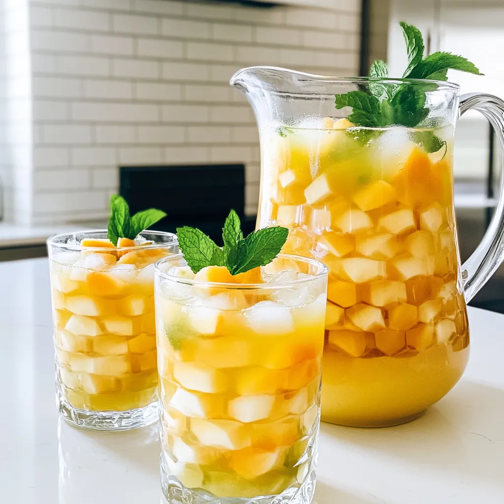 Here’s what you will need to make this tasty Apple Peach Green Tea Lemonade: - 2 cups water - 2 green tea bags - 1 large apple, cored and diced - 1 large ripe peach, pitted and diced - 1/4 cup honey (or to taste) - 1/2 cup freshly squeezed lemon juice - 2 cups cold water (for dilution) - Ice cubes - Fresh mint leaves for garnish Each ingredient plays a key role. The green tea gives a fresh taste while the apple and peach add sweetness. Honey enhances the flavor and balances the tartness from the lemon juice. Fresh mint leaves not only look nice but also add a burst of flavor. You can adjust the honey for sweetness based on your taste. This recipe is simple and fun. Enjoy shopping for these fresh ingredients! - Start by bringing 2 cups of water to a boil. - Once it boils, take it off the heat. Add 2 green tea bags to the hot water. - Let the tea bags steep for 5 minutes. After that, remove the tea bags and let it cool. - Take 1 large apple and 1 ripe peach. Core and dice them. - Put the diced fruit into a blender. Blend until it is smooth. - If the mixture is too thick, add a little of the boiled water to help blend. - Use a fine mesh sieve or cheesecloth to strain the blended fruit. - Pour the juice into a large pitcher. Discard the solids left in the sieve. - Now, add the cooled green tea to the pitcher. Also, add 1/4 cup of honey and 1/2 cup of freshly squeezed lemon juice. - Stir the mixture well until the honey dissolves completely. - Add 2 cups of cold water to the pitcher. Mix everything thoroughly. - Taste the drink and adjust the sweetness by adding more honey if you like. - Serve the lemonade over ice cubes in glasses. Finally, garnish with fresh mint leaves for a nice touch. To make your drink taste just right, you can adjust the sweetness. I like to use honey, but feel free to add more or less based on your taste. If your drink is too sweet, a splash of lemon juice can balance the flavor. It adds a nice zing! When serving your Apple Peach Green Tea Lemonade, think about what snacks you want to pair with it. This drink goes well with light appetizers, like cheese or crackers. You can also use decorative glasses to make it look special. A nice glass will impress your friends! Garnishing is fun and easy! Fresh mint leaves give a pop of color and flavor. You can also add lemon slices for a bright look. For something unique, consider using edible flowers. They add a lovely touch and make your drink stand out. {{image_2}} You can change the fruit in this drink. Try swapping the apple and peach for seasonal fruits. Berries like strawberries or blueberries add a nice burst of flavor. Citrus fruits like oranges or limes can brighten the drink. Each option gives a unique taste and feel. If you want a caffeine-free drink, use herbal tea instead of green tea. Chamomile or hibiscus tea works well. You can also experiment with flavored green teas, like jasmine or mint. Each tea choice can change the drink's aroma and taste. For a different sweetness, replace honey with maple syrup or agave. These options give a rich taste. If you want a low-calorie drink, use a sugar substitute. Sweeteners like stevia can work well. Adjust the amount to fit your taste. To keep your Apple Peach Green Tea Lemonade fresh, store it in an airtight container. This will help lock in the flavors. It tastes best if consumed within three days. After that, the flavors may fade. You can freeze your lemonade for later. Pour it into ice cube trays to make fun ice cubes. This method is great for adding to drinks later. You can also blend the frozen lemonade into a slushy. This gives you a cool twist on the drink for hot days. When you're ready to enjoy your frozen lemonade, thaw it in the refrigerator. This method keeps it fresh and tasty. After thawing, blend it again for a fresh taste. This step makes the texture smooth and enjoyable. You can easily switch to herbal tea instead of green tea. Herbal teas like chamomile or peppermint work well. They add flavor without caffeine. Just steep the herbal tea bags in boiling water for five minutes, just like with green tea. This way, you keep a tasty drink without the buzz. Yes, this drink is great for kids! You may want to adjust the sweetness level. If your child prefers less sugar, use less honey. You can also add more fruit juice for natural sweetness. This makes it healthier and still delicious. Absolutely! You can prepare this lemonade and store it in the fridge. Just make sure to keep it in an airtight container. It stays fresh for about three days. This makes it easy to enjoy on hot days or serve at parties. This recipe brings refreshing flavors to your drink. You learned how to steep green tea, blend fruits, and strain the mixture. I shared tips to adjust sweetness and present your drink beautifully. Enjoy experimenting with different fruits and teas. You can also store for later or freeze for fun treats. This drink is great for both kids and adults. It’s simple to make and satisfying to enjoy. Now, you can impress your friends with a delicious homemade drink.