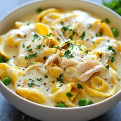 - 2 boneless, skinless chicken breasts - 3 cups chicken broth - 1 jar (15 oz) Alfredo sauce - 1 cup heavy cream - 1 package (9 oz) refrigerated cheese tortellini The main ingredients are simple and easy to find. The chicken breasts create a tender base. Chicken broth adds flavor and moisture. Alfredo sauce makes it creamy and rich. Heavy cream enhances the sauce's smoothness. The cheese tortellini brings a fun twist and texture. - 1 teaspoon garlic powder - 1 teaspoon Italian seasoning - Salt and pepper to taste - 1 cup frozen peas The seasonings bring the dish to life. Garlic powder adds depth, and Italian seasoning gives a classic flavor. Salt and pepper are key to balance. Frozen peas add a pop of color and sweetness. - Fresh parsley, chopped - Grated Parmesan cheese Fresh parsley adds brightness and a hint of freshness. Grated Parmesan cheese gives a salty finish. These garnishes make your dish look and taste gourmet. You can easily impress your family or guests with these simple touches. {{ingredient_image_1}} - Seasoning the Chicken Start with two boneless, skinless chicken breasts. Place them in your crockpot. Sprinkle garlic powder, Italian seasoning, salt, and pepper over the chicken. Make sure to coat it well. This will add great flavor to your dish. - Cooking the Chicken in the Crockpot Pour three cups of chicken broth over the chicken. This keeps it moist while cooking. Cover the crockpot and set it to low for five to six hours. If you’re in a hurry, cook on high for three to four hours. The chicken will be done when it is no longer pink inside. - Shredding the Chicken After cooking, take the chicken out of the crockpot. Use two forks to shred the chicken into bite-sized pieces. This makes it easy to mix with the other ingredients. Once shredded, put the chicken back in the pot. - Adding Alfredo Sauce and Heavy Cream Now, stir in one jar of Alfredo sauce and one cup of heavy cream. Mix until all the chicken is coated. This creamy sauce will make your dish rich and delicious. - Incorporating Tortellini and Peas Add one package of refrigerated cheese tortellini and one cup of frozen peas to the pot. Gently mix everything together. This adds color and texture to your meal. - Cooking Until Tender Cover the crockpot again. Cook on low for 30 to 40 more minutes. Check that the tortellini is tender and heated through. Taste it and adjust the seasoning if needed. Your meal is almost ready! - Adjusting Cooking Times for Different Settings: If you cook on low, aim for 5-6 hours. For high, 3-4 hours works well. Check the chicken for doneness. - Ensuring Chicken is Cooked Thoroughly: Use a meat thermometer. The chicken should reach 165°F. This keeps your meal safe and tasty. - Presentation Tips for Serving: Serve in deep bowls. Drizzle with extra Alfredo sauce and sprinkle parsley on top. This adds color and charm. - Complementary Sides or Salads: Pair with a simple green salad or garlic bread. These sides balance the creamy dish nicely. - Adding Extra Seasonings: Try adding crushed red pepper for heat. A touch of lemon zest brightens the flavors. - Using Different Types of Cheese: Experiment with mozzarella or a sharp cheddar. Each cheese adds its unique twist to the dish. Pro Tips Use Fresh Ingredients: Fresh ingredients can elevate the flavor of your dish. Opt for freshly grated Parmesan cheese and consider using fresh herbs for garnish. Adjust the Creaminess: If you prefer a richer sauce, feel free to add more heavy cream or Alfredo sauce. You can also mix in a little cream cheese for added richness. Cook Tortellini Separately: For the best texture, you can cook the tortellini separately and add it just before serving. This prevents it from becoming overly soft in the crockpot. Customize with Vegetables: Feel free to add other vegetables like spinach, bell peppers, or mushrooms. Just make sure to adjust the cooking time accordingly to ensure everything is cooked perfectly. {{image_2}} You can switch the chicken for turkey if you want a lighter taste. Turkey works well in this dish. If you're feeling adventurous, try pork or beef. They add great flavor too. For vegetarian options, mushrooms are a fantastic choice. They give a nice, meaty texture. Tofu is another great swap. It soaks up the sauce and adds protein. You can also mix in beans for added nutrition. Alfredo sauce is creamy and rich, but other sauces can shine too. Try marinara for a zesty twist. Pesto adds a fresh, herby flavor that is delightful. You can even use a cheese sauce for extra creaminess. If you want a dairy-free option, look for cashew-based sauces. These can mimic the creaminess of Alfredo. Another option is to use coconut milk with some nutritional yeast for a cheesy taste. You can use different flavors of tortellini to mix things up. Spinach and ricotta tortellini adds a nice color and flavor. Try meat-filled tortellini for a heartier dish. If you don’t have tortellini, any pasta will do. Penne or fusilli work well in this recipe. Just adjust the cooking time to ensure the pasta is tender. To keep your leftovers fresh, store them in an airtight container. Make sure to cool the dish to room temperature before sealing. Properly stored, Crockpot Chicken Alfredo Tortellini lasts about 3 to 4 days in the fridge. Always check for any off smells or changes in texture before eating. To freeze this dish, let it cool completely. Then, pour it into a freezer-safe container. Leave some space at the top for expansion. The dish can stay frozen for up to 3 months. When you’re ready to eat, thaw it overnight in the fridge. Reheat it on the stove over low heat, stirring often until warm. You can also use the microwave, but stir it halfway for even heat. Making this meal ahead of time is smart for busy days. You can prepare it in the morning and let it cook while you're at work. To reheat, warm it slowly on the stove. You may need to add a splash of cream or broth for moisture. This way, your meal stays creamy and delicious. Yes, you can use frozen chicken. Just remember that it will take longer to cook. If you choose frozen chicken, add an extra hour on low or 30 minutes on high. This ensures the chicken cooks thoroughly and stays safe to eat. Yes, you can. If you don’t have a crockpot, you can use a stove. Start by boiling the chicken in a pot with chicken broth. Cook it until it's tender, about 20-30 minutes. Then, shred the chicken and mix in the Alfredo sauce, cream, tortellini, and peas. Let it simmer until everything is hot and the tortellini is soft. This dish pairs well with many sides. Here are a few ideas: - Garlic bread for a crunchy texture. - A fresh green salad for some crunch. - Steamed vegetables like broccoli or green beans for color and nutrition. To add some heat, try these tips: - Add red pepper flakes for a mild kick. - Stir in diced jalapeños for a stronger flavor. - Use spicy Italian sausage instead of chicken for a bold twist. In summary, this blog post covers a delicious Crockpot Chicken Alfredo Tortellini recipe. We discussed main ingredients, like chicken and tortellini, along with seasonings and fresh garnishes. I shared step-by-step instructions for cooking and great tips for serving and storage. Try out different proteins and sauces to make it your own. Cooking should be fun and easy. Enjoy your meal and impress your family!