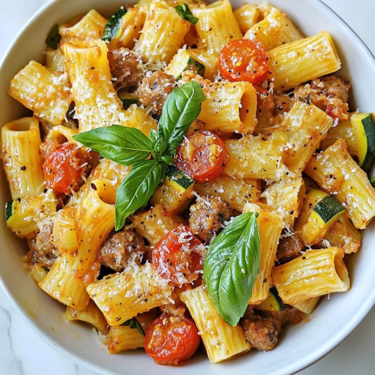 - 12 oz rigatoni pasta - 2 large zucchinis, diced - 1 lb Italian sausage (mild or spicy) - 2 cups cherry tomatoes, halved - 3 cloves garlic, minced - 1 teaspoon red pepper flakes (optional) - 1 tablespoon olive oil - 1 teaspoon dried oregano - Salt and pepper to taste - Fresh basil leaves for garnish - Grated Parmesan cheese for serving Each ingredient plays a key role in this dish. The rigatoni pasta serves as the base, holding all the flavors. Zucchini adds a fresh crunch and a touch of sweetness. Italian sausage gives a hearty flavor, while cherry tomatoes add juiciness and acidity. Garlic provides a warm, aromatic touch. Red pepper flakes can add a spicy kick, but it’s optional. Olive oil helps to cook the sausage and adds richness. Oregano brings an earthy note, while salt and pepper enhance all the flavors. Fresh basil and Parmesan cheese finish the dish, adding brightness and creaminess. Feel free to get creative with your ingredients! You can swap rigatoni for any pasta you like, such as penne or fusilli. For a vegetarian option, try using plant-based sausage or mushrooms for depth. If you don't have cherry tomatoes, use diced regular tomatoes. Zucchini can be replaced with bell peppers or spinach for different flavors. Instead of Parmesan, you can use Pecorino or nutritional yeast for a dairy-free alternative. {{ingredient_image_1}} Start by boiling water in a large pot. Add salt to the water for flavor. Once the water boils, add 12 oz of rigatoni pasta. Cook it according to the package directions until it is al dente. This usually takes about 10 minutes. When done, drain the pasta. Save about 1 cup of the pasta water. This water will help your sauce later. Next, heat 1 tablespoon of olive oil in a large skillet over medium heat. Add 1 lb of Italian sausage to the skillet. Use a wooden spoon to break it apart as it cooks. Brown the sausage for about 5 to 7 minutes. Make sure it is cooked through and no longer pink. This step adds a lot of flavor to your dish. Now it’s time for the veggies! Add 3 minced garlic cloves and 2 diced zucchinis to the skillet. Stir them in and cook for about 3 to 4 minutes. You want the zucchini to become tender. Next, add 2 cups of halved cherry tomatoes and 1 teaspoon of red pepper flakes, if you like heat. Season with 1 teaspoon of dried oregano, salt, and pepper. Cook this mixture for about 5 more minutes. The tomatoes should soften and release their juices, creating a lovely sauce. Finally, add the drained rigatoni to the skillet. Pour in some of the reserved pasta water a little at a time. Toss everything together until the rigatoni is well coated in the sauce. Cook for another 2 to 3 minutes. Now, your rigatoni with sausage, zucchini, and tomatoes is ready to be served! To make perfect rigatoni, remember to use plenty of salt in your water. This adds flavor to the pasta. Cook it until it’s al dente, which means it should still have a slight chew. Keep a cup of pasta water. This water helps bind the sauce to the pasta. If you find the dish too dry, add a bit of this water to moisten it. You can save time by prepping your ingredients first. Dice the zucchini and halve the cherry tomatoes before you start cooking. This way, you can move quickly from one step to another. Consider cooking the sausage while the pasta boils. This lets you make the most of your time in the kitchen. To boost the flavor, try using fresh herbs. Fresh basil adds a bright note. You can also use fresh oregano if you have it. For an extra kick, add red pepper flakes. They bring heat without overpowering the dish. Lastly, a drizzle of high-quality olive oil before serving enhances richness. Grated Parmesan cheese on top adds a savory finish. Pro Tips Cook Pasta Al Dente: Be sure to cook the rigatoni until it's al dente for the best texture. This will help it hold up well when mixed with the sauce. Use Fresh Ingredients: Opt for fresh zucchini and high-quality Italian sausage to enhance the flavor of your dish. Fresh produce makes a noticeable difference! Adjust Seasoning Gradually: When seasoning your dish, start with a small amount of salt and pepper and adjust as needed. This ensures you don’t over-season your sauce. Enhance with Olive Oil: A drizzle of good-quality olive oil just before serving adds richness and flavor. It’s a simple finishing touch that elevates the dish. {{image_2}} To make a vegetarian version, swap the sausage for plant-based protein. You can use lentils, chickpeas, or your favorite meat substitute. This change keeps the dish hearty and satisfying. Use extra veggies like bell peppers or mushrooms for added flavor. They’ll give depth and texture to your meal. If you love spice, add more heat! Use spicy Italian sausage instead of mild. You can also add more red pepper flakes. Try adding sliced jalapeños for an extra kick. This spicy twist makes your dish exciting and full of bold flavors. You can mix in other tasty ingredients too. Spinach or kale adds vibrant color and nutrition. Roasted red peppers can enhance the taste with a sweet, smoky flavor. If you want a creamy texture, stir in some ricotta or cream cheese. Each addition can change the dish while keeping it delicious and fresh. To keep your rigatoni with sausage, zucchini, and tomatoes fresh, store it in an airtight container. Let the dish cool down before sealing it. This helps prevent moisture build-up, which can make your pasta soggy. You can keep it in the fridge for up to three days. When you’re ready to enjoy leftovers, heat the pasta in a skillet over medium heat. Add a splash of water or stock to keep it moist. Stir often until it's heated through, about 5 minutes. You can also use the microwave. Just cover the dish and heat in 30-second bursts, stirring in between, until hot. If you want to freeze your rigatoni, place it in a freezer-safe container after it cools. It can last up to three months in the freezer. When you're ready to eat, thaw it overnight in the fridge. Reheat as mentioned above. This way, you can have a delicious meal ready for a busy day! Rigatoni usually takes about 10-12 minutes to cook. Check the package for specific times. Cook until it is al dente, which means it should have a slight bite. This texture holds up well with the sauce. Yes, you can use other types of pasta. Penne, fusilli, or even spaghetti work great. Just adjust the cooking time based on the pasta shape. Each type brings a different feel to the dish. You can pair rigatoni with a side salad. A simple green salad with vinaigrette works well. Garlic bread is also a nice choice. For a drink, consider a light red wine or sparkling water. These options balance the flavors and make your meal more satisfying. This blog post covered key parts of making rigatoni. We discussed ingredients, cooking steps, and tips for success. We explored variations and storage methods. For perfect rigatoni, choose quality ingredients and follow the steps closely. Don't hesitate to try new twists, like adding veggies or spice. Keep these tips in mind as you cook. Enjoy your rigatoni experience!