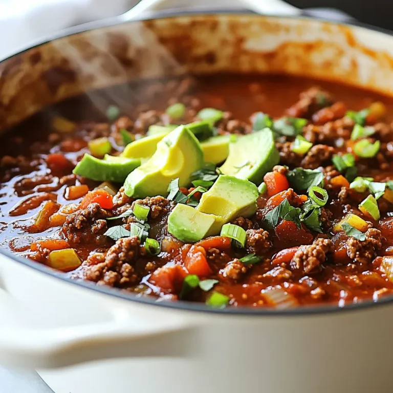 - 1 lb ground beef or turkey - 1 medium onion, diced - 3 cloves garlic, minced - 1 bell pepper (red or green), diced - 1 can (14 oz) diced tomatoes - 1 can (14 oz) tomato sauce (no added sugar) The main ingredients in Whole30 Paleo Chili create a rich, hearty base. Ground beef or turkey gives protein and flavor. The onion, garlic, and bell pepper add depth. Diced tomatoes and tomato sauce bring moisture and a tangy zest. - 1 can (15 oz) kidney beans or black beans, rinsed and drained (optional for strict Whole30) - 2 tablespoons chili powder - 2 teaspoons ground cumin - 1 teaspoon smoked paprika - 1 teaspoon oregano - ½ teaspoon salt (to taste) - ½ teaspoon black pepper (to taste) - 1 tablespoon olive oil - 1 cup vegetable broth (preferably homemade or low sodium) Optional beans can add texture and heartiness. Spices like chili powder and cumin enhance the flavor. Adjusting salt and pepper lets you cater to your taste. - Chopped green onions - Avocado slices - Fresh cilantro Toppings complete the chili. Chopped green onions add a fresh crunch. Avocado slices give creaminess. Fresh cilantro brings a burst of flavor. These add-ons make the dish even more enjoyable. {{ingredient_image_1}} To start, heat 1 tablespoon of olive oil in a large pot over medium heat. Once the oil is hot, add the diced onion and bell pepper. Sauté them for about 5 minutes. You want the veggies to be soft and translucent. Next, stir in 3 cloves of minced garlic. Cook this mixture for another 1-2 minutes until the garlic has a nice smell. Now it's time to cook the meat. Add 1 pound of ground beef or turkey to the pot. Break it apart with a spatula as it cooks. Brown the meat for about 6-8 minutes. Make sure it is fully cooked before moving on. Once the meat is browned, mix in the spices. Add 2 tablespoons of chili powder, 2 teaspoons of ground cumin, 1 teaspoon of smoked paprika, 1 teaspoon of oregano, ½ teaspoon of salt, and ½ teaspoon of black pepper. Stir everything well to coat the meat evenly with the spices. Next, pour in 1 can of diced tomatoes, 1 can of tomato sauce, and 1 cup of vegetable broth. Stir this mixture and bring it to a simmer. If you want to add beans, now is the time. You can use 1 can of kidney beans or black beans, rinsed and drained. If you stick to strict Whole30, just leave out the beans. Lower the heat and let the chili simmer uncovered for 30-40 minutes. Stir it occasionally, so it cooks evenly. Keep an eye on the chili as it thickens. You want it to reach your desired consistency. After simmering, taste the chili and adjust the seasonings if needed. When it's ready, serve hot. You can top it with chopped green onions, avocado slices, or fresh cilantro for extra flavor. Enjoy your hearty, flavorful Whole30 Paleo Chili! To make your Whole30 Paleo Chili shine, use fresh, quality spices. I recommend using: - 2 tablespoons chili powder - 2 teaspoons ground cumin - 1 teaspoon smoked paprika - 1 teaspoon oregano - ½ teaspoon salt - ½ teaspoon black pepper Feel free to adjust these spices. If you like more heat, add extra chili powder or some diced jalapeños. If you want it milder, cut back on the spices. Fresh herbs also boost the flavor. Always taste as you go. Quality ingredients matter, too. Fresh vegetables and organic meat enhance taste. For best results, use homemade broth. To cook the chili evenly, use a large pot. A Dutch oven works great. Start with medium heat to sauté the veggies. This step brings out their sweetness. Stir often to avoid burning. When cooking the meat, break it apart well. This ensures all pieces cook through. Using a wooden spoon or spatula helps. It’s easy to control the heat. Let the chili simmer uncovered. This lets it thicken nicely. Stir occasionally to prevent sticking. For a cozy feel, serve your chili in rustic bowls or mason jars. This adds charm to your meal. Garnish with colorful toppings like: - Chopped green onions - Avocado slices - Fresh cilantro These toppings not only add flavor but also make the dish look inviting. Pair your chili with Whole30-friendly sides like a simple salad or roasted veggies. The freshness balances the chili's richness and makes for a perfect meal. Pro Tips Fresh Ingredients: Use fresh vegetables and high-quality ground meat to enhance the flavor of your chili. Spice It Up: Adjust the amount of chili powder and smoked paprika to control the heat level of your chili. Meal Prep Friendly: This chili can be made in advance and freezes well. Prepare a double batch for easy meals later. Flavor Development: Allow the chili to simmer longer for deeper flavors. The longer it cooks, the better it tastes! {{image_2}} You can make this chili without meat. Try using lentils or mushrooms instead. These options give a nice texture and flavor. You can also add more beans. Kidneys and black beans work well. Just remember, beans are not allowed on strict Whole30. Feel free to swap in more veggies like zucchini or carrots for extra nutrients. Want more heat? Add jalapeños or serrano peppers to the pot. You can also sprinkle in cayenne pepper for a fiery kick. If you prefer mild chili, use less chili powder. Start with a small amount and taste as you go. This way, you can make it just right for your taste. For other diets, you can still enjoy this chili. If you're gluten-free, check that your spices are certified gluten-free. If you're dairy-free, skip cheese toppings. Meal prepping this chili is easy. Make a big batch, store it in portions, and reheat when needed. It’s a great quick meal for busy days. To store your Whole30 Paleo chili, let it cool first. Then, place it in an airtight container. This keeps out air and moisture. You can store it in the fridge for up to four days. Make sure to label the container with the date. This helps you track freshness. For best flavor, eat it within two days. Reheat only what you plan to eat. This keeps the rest fresh longer. You can freeze the chili for later meals. Use freezer-safe containers or heavy-duty freezer bags. Leave some space at the top to allow for expansion. This prevents spills as it freezes. When ready to eat, thaw it in the fridge overnight. You can also use the microwave for quicker thawing. Heat it on medium until hot throughout, stirring often. In the fridge, Whole30 Paleo chili lasts about four days. If you freeze it, it can last up to three months. Always check for signs of spoilage before eating. If you see mold or smell something off, it’s best to throw it away. Remember, fresh food tastes best! No, you cannot use canned beans on Whole30. Whole30 guidelines say to avoid legumes, which includes beans. This means you should skip beans if you want to stay strict. If you still want a hearty chili, use more vegetables instead. Options like zucchini or carrots work great. You can use several proteins instead of ground beef or turkey. Try ground chicken or pork for a change. You can also use shredded chicken or turkey. For a plant-based option, consider using lentils or mushrooms. Both add great texture and flavor. The chili has a mild spice level but can be adjusted. If you like it hotter, add more chili powder or diced jalapeños. For a milder version, use less chili powder and skip spicy peppers. Always taste as you go to find your perfect balance. In this blog post, I covered how to make Whole30 Paleo Chili. I shared key ingredients, step-by-step instructions, and tips for great flavor. You learned about variations, storage tips, and frequently asked questions too. This chili is flexible and can fit many diets. Enjoying this recipe can help you stick to your goals while savoring delicious meals. Keep experimenting and make it your own. Good luck, and happy cooking!
