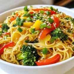 For a great plate of Minute Stir Fry Noodles, gather these key items: - 200g egg noodles (or any quick-cooking noodles) - 2 tablespoons vegetable oil - 1 cup bell peppers (red and yellow), sliced - 1 cup broccoli florets - 1 carrot, julienned - 3 green onions, chopped - 2 cloves garlic, minced - 1 tablespoon ginger, grated - 3 tablespoons soy sauce - 1 tablespoon sesame oil - 1 tablespoon sesame seeds (for garnish) - Salt and pepper to taste These ingredients come together to create a colorful and tasty dish. You can switch some ingredients if you want. Here are good options: - Use rice noodles instead of egg noodles for a gluten-free choice. - Swap bell peppers for zucchini or snap peas for different crunch. - Replace soy sauce with tamari for a gluten-free alternative. - Try olive oil instead of vegetable oil for a different flavor. These swaps keep the dish fresh and exciting! To add more flavor, consider these extras: - Toss in some cooked chicken, beef, or tofu for protein. - Add a splash of lime juice for a zesty kick. - Include mushrooms for a rich, umami taste. - Sprinkle some crushed red pepper for heat. These add-ins can take your stir fry to the next level! {{ingredient_image_1}} First, fill a large pot with water and bring it to a boil. This step is key for the noodles. Once the water bubbles, add 200g of egg noodles or any quick-cooking noodles. Cook them for about 3 to 4 minutes, following the package instructions. After cooking, drain the noodles in a colander and set them aside. This keeps them ready for the stir fry. While the noodles cook, you can prepare the vegetables. Start by slicing 1 cup of bell peppers in red and yellow. Next, take 1 cup of broccoli florets and wash them well. For a nice crunch, julienne 1 carrot. Chop 3 green onions and set them aside. Don’t forget to mince 2 cloves of garlic and grate 1 tablespoon of ginger. These aromatics will add a lot of flavor to your dish. Now, it's time to bring everything together. Heat 2 tablespoons of vegetable oil in a large wok or skillet over medium-high heat. Add the sliced bell peppers, broccoli, and carrot. Stir-fry these veggies for about 3 to 4 minutes until they soften but stay crisp. Then, add the minced garlic and grated ginger, cooking for 1 more minute until fragrant. Next, toss in the cooked noodles along with 3 tablespoons of soy sauce and 1 tablespoon of sesame oil. Mix everything for about 2 to 3 minutes until the noodles heat through and soak up the sauce. Season with salt and pepper to taste. To finish, remove the wok from heat. Sprinkle with chopped green onions and sesame seeds for garnish. Serve your stir fry in a large bowl, and enjoy your quick and tasty meal! To make a quick stir fry, start with high heat. A wok is perfect for this. It spreads heat evenly and cooks fast. Use a good amount of oil to help food slide. You want to keep your veggies crisp. Stir constantly for best results. This keeps everything from sticking and burning. To avoid mushy veggies, cut them into small, even pieces. This helps them cook at the same rate. Add the hardest veggies first, like carrots and broccoli. They take longer to cook. Softer items, like bell peppers, go in last. They need less time. When they are bright and still firm, they are done! Having the right tools can speed up your cooking. A sharp knife helps cut veggies fast. A cutting board is a must for safety. A large wok or skillet will give you space to stir. Use a spatula to toss the food easily. Prep bowls can help keep your ingredients organized and ready to use. Pro Tips Choose the Right Noodles: Opt for thin egg noodles or other quick-cooking varieties to keep the cooking time short and ensure a delightful texture. Prep Ingredients in Advance: To save time, chop all your vegetables and measure out your sauces before you start cooking. High Heat is Key: Stir-frying at a high temperature helps to sear the vegetables quickly, preserving their color and crunch. Customize Your Veggies: Feel free to substitute or add your favorite vegetables, such as snap peas, mushrooms, or zucchini, for a personalized touch. {{image_2}} You can make Minute Stir Fry Noodles vegan easily. Just skip the egg noodles and use rice noodles or another plant-based noodle. Keep all the fresh veggies like bell peppers, broccoli, and carrots for flavor. Use soy sauce or tamari for a tasty kick. You may add tofu for extra protein. It soaks up flavors well and adds a nice texture. If you want to add protein, chicken, shrimp, or beef are great choices. For chicken, slice it thin and stir-fry until cooked. For shrimp, add them when the veggies are almost done. If you prefer beef, use thin strips and cook them first before adding the veggies. This makes your meal more filling and satisfying. To make this dish gluten-free, choose gluten-free noodles. Rice noodles or zucchini noodles work well. Always check labels for hidden gluten in sauces. Tamari is a great gluten-free soy sauce option. This way, you can enjoy your stir fry without worry, keeping it delicious and safe. After enjoying your stir fry, store any leftovers right away. Let the noodles cool to room temperature first. Then, place them in an airtight container. This keeps them fresh longer. You can store them in the fridge for up to three days. Make sure to label the container with the date. This helps you remember when you made them. When it's time to reheat, you want your noodles to taste great. Start by heating a bit of oil in a skillet over medium heat. Add the leftover noodles and stir them gently. If they seem dry, add a splash of water or a bit more soy sauce. Stir until they are hot, about 3-5 minutes. This keeps the noodles soft and flavorful. If you have more leftovers than you can eat, freezing is a good option. First, cool the noodles completely. Then, place them in a freezer-safe bag. Remove as much air as you can before sealing it. Label the bag with the date. You can freeze them for up to three months. When you're ready to eat, thaw them in the fridge overnight. Reheat them in a skillet with a little oil for the best flavor. To make Minute Stir Fry Noodles from scratch, follow these steps: 1. Cook the Noodles: Boil water in a pot. Add 200g of egg noodles and cook for 3-4 minutes. Drain and set aside. 2. Heat the Oil: In a wok, heat 2 tablespoons of vegetable oil on medium-high heat. 3. Sauté Vegetables: Add 1 cup of sliced bell peppers, 1 cup of broccoli florets, and 1 julienned carrot. Stir-fry for 3-4 minutes until they soften. 4. Add Aromatics: Stir in 2 minced garlic cloves and 1 tablespoon of grated ginger. Cook for 1 more minute. 5. Combine Noodles: Add the cooked noodles to the wok with 3 tablespoons of soy sauce and 1 tablespoon of sesame oil. Toss for 2-3 minutes. 6. Season: Add salt and pepper to taste. 7. Finish and Serve: Garnish with chopped green onions and sesame seeds. Enjoy! The best noodles for stir fry are quick-cooking types. I recommend: - Egg Noodles: They cook fast and have a great taste. - Rice Noodles: These are gluten-free and soak up flavors well. - Soba Noodles: Made from buckwheat, they add a unique taste. - Udon Noodles: Thick and chewy, they hold sauce nicely. Always choose noodles that cook quickly for the best stir fry. Yes, you can use frozen vegetables in this recipe. They are convenient and save time. Just keep these tips in mind: - Thaw First: Thaw vegetables in the microwave or at room temperature. - Add to the Wok: Stir-fry them for a few minutes before adding noodles. - Adjust Cooking Time: Frozen veggies may need a bit longer to cook through. Using frozen veggies can still give you a fresh dish! In this blog post, we explored the key ingredients for making Minute Stir Fry Noodles. We discussed essential and alternative ingredients and how to make your dish pop with optional add-ins. I provided simple, step-by-step instructions for cooking noodles and preparing vegetables. Tips for quick cooking and avoiding overcooking were also shared, along with variations for dietary needs. Finally, I included storage tips for leftovers. Now, you can whip up a quick, tasty meal anytime. Enjoy your delicious stir fry!