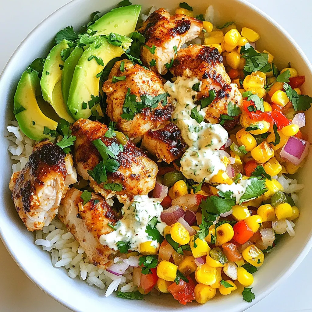 Here are the key components for the Street Corn Chicken Rice Bowl: - 2 cups cooked jasmine or basmati rice - 1 lb boneless, skinless chicken thighs, diced - 1 cup sweet corn (fresh, frozen, or canned) - 1/2 cup red bell pepper, diced - 1/2 cup red onion, finely chopped - 1 avocado, sliced - 1/4 cup cilantro, chopped - 1 lime, juiced - 1 tsp chili powder - 1 tsp cumin - 1/2 tsp garlic powder - 1/4 cup mayonnaise - 1/4 cup crumbled cotija cheese (or feta cheese) - Olive oil - Salt and pepper to taste For optional ingredients, consider these customizations: - Add jalapeños for heat. - Use different cheese like cheddar or mozzarella. - Add black beans for protein and fiber. - Top with green onions for extra crunch. These ingredients make a bowl full of flavor. You can mix and match to make it your own! {{ingredient_image_1}} To make the chicken good, start with a hot skillet. Heat 2 tablespoons of olive oil over medium-high heat. Season your diced chicken thighs with chili powder, cumin, garlic powder, salt, and pepper. This mix gives the chicken a kick. Add the chicken to the skillet. Cook for about 8-10 minutes. Stir often. You want it golden brown. When it's done, take it off the heat and set it aside. For that delicious charred corn flavor, use the same skillet. Add sweet corn and red onion. Sauté for about 3-4 minutes until the corn heats up and gets a bit charred. This step adds a nice depth of flavor. Next, stir in the diced red bell pepper. Cook for another 2 minutes. You'll want these veggies to stay crisp, so don’t overcook them. Once done, remove them from heat. To create a creamy sauce, take a small bowl. Mix 1/4 cup of mayonnaise with the juice of one lime. Stir until it’s smooth. This sauce adds a refreshing zing to the bowl. Don’t forget to taste it! Add a pinch of salt and pepper as needed. Now comes the fun part: assembling the bowl! Start with a generous scoop of cooked rice at the bottom. This is your base. Top it with the sautéed chicken, corn, and bell pepper mixture. For a pop of color, add sliced avocado on top. Drizzle the lime mayo all over. Finish with crumbled cotija cheese and chopped cilantro. This gives it a fresh look and taste. Cooking times may change based on your stove type or the chicken size. For a standard gas stove, chicken thighs cook well in about 8-10 minutes. If your stove is electric, it may take a bit longer. Always check the chicken for a golden color. If you use larger pieces, add a few extra minutes. Make sure the internal temp reaches 165°F for safety. To boost flavor, consider adding more spices. Try smoked paprika or cayenne for heat. You can also mix in some fresh lime zest for brightness. For toppings, crunchy tortilla strips or diced jalapeños can add texture. You can swap the cotija cheese with feta or queso fresco for different tastes. Each addition can make your bowl unique. For a restaurant-style look, layer your bowl with care. Start with rice as a base, then pile on the chicken mixture. Arrange avocado slices neatly on top. Drizzle the lime mayo in a zigzag for flair. Finally, sprinkle cilantro and cheese evenly to make it pop. A colorful presentation will delight your eyes and appetite. Pro Tips Marinate the Chicken: For extra flavor, marinate the diced chicken thighs in lime juice, chili powder, and cumin for at least 30 minutes before cooking. This enhances the taste and tenderness. Use Fresh Corn: If available, use fresh corn for the best flavor and texture. Grilling the corn before adding it to the skillet adds a delightful smoky taste. Customize Your Toppings: Feel free to add your favorite toppings such as diced tomatoes, jalapeños, or sour cream for a personal touch and varied flavors. Make it Veggie-Friendly: Substitute the chicken with grilled zucchini or mushrooms for a delicious vegetarian version while keeping the same spices for flavor. {{image_2}} You can swap chicken for many proteins. Try shrimp or beef for a new taste. Tofu is great for a plant-based option. Pork works well too, adding a savory kick. Each protein gives a unique flavor, enhancing the dish. To make this dish meatless, skip the chicken. Use chickpeas or black beans instead. They add protein and fiber. For the sauce, use vegan mayo or cashew cream. This creates a creamy texture without dairy. You can still enjoy all the vibrant flavors. You can change the spices to fit your taste. Add smoked paprika for a deeper flavor. Try adding fresh herbs like oregano or dill for freshness. You can also use different types of cheese, like queso fresco. Each change brings a new twist to your bowl. You can keep your Street Corn Chicken Rice Bowl in the fridge for up to three days. Ensure it cools before you store it. Use a tight container to keep it fresh and avoid spills. To freeze, wait until the bowl is cool. Separate the chicken and veggies from the rice. Use airtight containers or freezer bags. This helps keep the texture right. You can freeze it for up to three months. When ready to eat, thaw it in the fridge overnight. Reheat your bowl gently to keep all the flavors. Use a microwave or a skillet. If using a microwave, cover it with a damp paper towel. Heat in short bursts, stirring in between. This will avoid drying it out. If using a skillet, add a splash of water and cover. Cook on low heat until warm. Enjoy the great taste! Yes, you can meal prep this dish. Meal prepping saves time and makes meals easy. Start by cooking the rice and chicken in bulk. Store each item separately in airtight containers. Keep the corn and veggies together. This helps avoid sogginess. You can assemble the bowls when you're ready to eat. Just heat up the rice and chicken. Add the toppings fresh for the best taste. If you cannot find cotija cheese, use feta cheese as a great alternative. Feta has a similar texture and taste. You could also try ricotta salata or even queso fresco. For a dairy-free option, use a vegan cheese that crumbles well. Nutritional yeast is another tasty choice, adding a cheesy flavor without dairy. To make this dish milder, reduce the chili powder. You can also skip the garlic powder. Adding sour cream can cool down the heat too. For more spice, add extra chili powder or even fresh jalapeños. You can mix in hot sauce at the end for a kick. Adjust according to your taste buds! The Street Corn Chicken Rice Bowl is a flavorful and fun dish. We covered the key ingredients, step-by-step cooking methods, and tips to enhance your meal. You can easily customize it with different proteins or go meatless. Storing leftovers is simple too. Remember, the secret to great taste lies in the details. Enjoy experimenting with flavors and making this dish your own. Your kitchen can be a place of creativity and delicious meals.