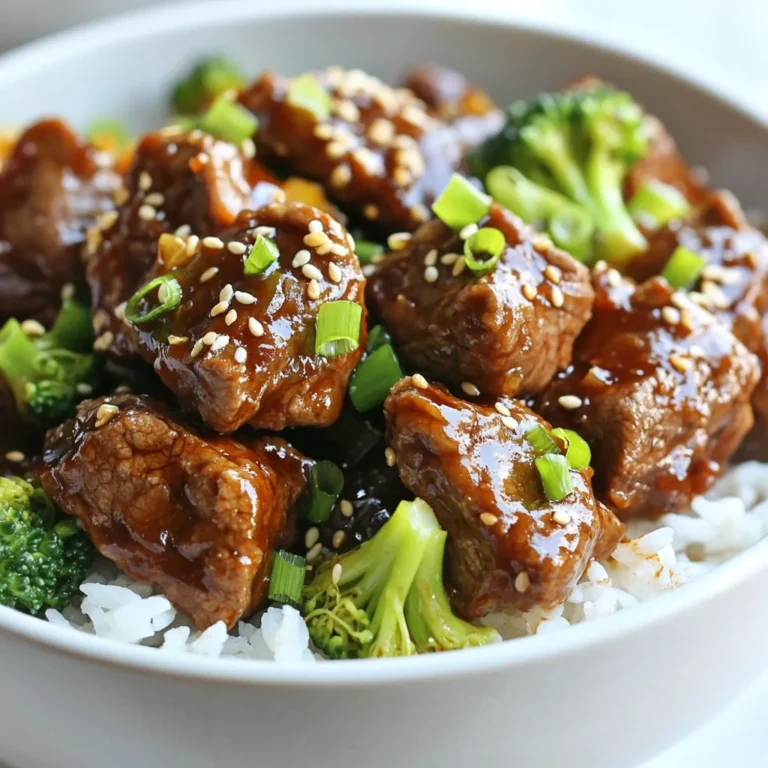 Cooking Korean beef bites is simple and fun. Here’s what you need: - 2 pounds beef chuck, cut into bite-sized cubes - 1/4 cup soy sauce (or tamari for a gluten-free option) - 1/4 cup brown sugar - 2 tablespoons sesame oil - 2 tablespoons minced garlic - 1 tablespoon fresh ginger, grated - 1/2 teaspoon black pepper - 1/2 teaspoon red pepper flakes (adjust to taste) - 1/4 cup green onions, chopped (for garnish) - 1 tablespoon sesame seeds (for garnish) - 2 cups broccoli florets (optional, for added nutrition) This list gives you all the flavors of Korean cooking. The beef chuck makes it tender, while the soy sauce adds depth. Brown sugar balances the saltiness, and garlic and ginger bring warmth. The sesame oil gives a nutty touch, while black and red pepper add a hint of heat. You can top it off with green onions and sesame seeds for a nice finish. Add broccoli if you want extra greens in your meal. Enjoy these tasty bites! {{ingredient_image_1}} To make the marinade, mix these ingredients in a large bowl: - 1/4 cup soy sauce - 1/4 cup brown sugar - 2 tablespoons sesame oil - 2 tablespoons minced garlic - 1 tablespoon grated ginger - 1/2 teaspoon black pepper - 1/2 teaspoon red pepper flakes Stir well until the sugar dissolves. Next, add 2 pounds of beef chuck, cut into bite-sized cubes. Ensure each piece is well coated. Cover the bowl and let it sit for at least 30 minutes at room temperature. For deeper flavor, marinate for up to 2 hours in the fridge. Once marinated, it's time to cook. Transfer the beef and marinade into your slow cooker. If you want more nutrition, add 2 cups of broccoli florets on top. Cover the slow cooker. You can cook on low for 6-8 hours or on high for 3-4 hours. The beef should become tender and easy to shred. When cooking is done, stir the beef to mix everything well. If you prefer smaller pieces, break the beef into bits as you stir. Taste and adjust the seasoning if needed—maybe add more soy sauce or red pepper flakes for extra kick. Serve the Korean beef bites in bowls, and don’t forget to garnish with chopped green onions and sesame seeds for a beautiful touch! - Ensuring tender beef bites To get soft beef, choose the right cut. Beef chuck is great for slow cooking. Cut it into small cubes. Marinate it well for at least 30 minutes. The marinade adds flavor and helps with tenderness. When cooking, keep the lid on the slow cooker. This keeps moisture in, making the beef juicy. - How to control spice level If you like it mild, use less red pepper flakes. Start with a pinch and taste. You can always add more if you want it spicier. If the dish is too spicy, add more brown sugar or a little extra soy sauce. This will balance the heat. - Best sides to pair with Korean beef bites I love serving these beef bites with steamed rice or quinoa. The grains soak up the tasty sauce. You can also add a side of steamed broccoli or carrots for a colorful plate. A fresh salad with a light dressing adds crunch and freshness. - Presentation tips for a beautiful dish When you serve the beef, use a large bowl. Lay the beef bites on a bed of rice. Top with chopped green onions and sesame seeds. This adds color and texture. You can also serve it in individual bowls for a fun touch. A sprinkle of sesame seeds makes it look fancy. Pro Tips Marinate Longer for Deeper Flavor: For the best flavor, marinate the beef cubed overnight in the refrigerator. The longer marination allows the flavors to penetrate the meat deeply. Use a Meat Thermometer: To ensure your beef is cooked perfectly, use a meat thermometer. The ideal temperature for tender beef is around 195°F (90°C) for shredding. Customize Spice Levels: Adjust the amount of red pepper flakes according to your heat preference. You can also add fresh chili slices for an extra kick. Serve with Fresh Garnishes: Enhance presentation and flavor by serving the beef bites with fresh herbs, such as cilantro, or a squeeze of lime to brighten the dish. {{image_2}} To keep your leftovers fresh, store them in an airtight container. This helps lock in flavor. Place the beef bites in the fridge right after serving. They will stay good for about three to four days. If you want to keep them longer, consider freezing. Always let the dish cool down before sealing it in a container. This way, you prevent excess moisture from forming. Freezing Korean beef bites is easy. First, let them cool to room temperature. Then, transfer them to a freezer-safe bag or container. Remove as much air as possible to prevent freezer burn. You can freeze them for up to three months. When ready to eat, thaw in the fridge overnight. Reheat gently on the stovetop or in the microwave. Enjoy your delicious beef bites again! To add more heat, you can increase the red pepper flakes. Start with one teaspoon instead of half. If you want extra spice, add sliced jalapeños or a dash of hot sauce. Taste as you go to find the right level for you. Yes, you can use other cuts like beef brisket or flank steak. These cuts can also be tender and flavorful. Just remember that cooking times may vary. Ensure the meat is cut into equal-sized pieces for even cooking. Korean beef bites pair well with steamed rice or quinoa. You can also serve them with stir-fried vegetables. For a fresh touch, try a side salad with sesame dressing. Don’t forget to sprinkle extra green onions and sesame seeds for added flavor and color. Marinating the beef for at least 30 minutes is good. For deeper flavor, marinate for up to 2 hours in the fridge. This lets the meat soak up all the tasty marinade. Just make sure not to marinate too long, or the beef can become too soft. In this blog post, we explored making Korean beef bites, highlighting key ingredients and cooking steps. You learned about marinating, using a slow cooker, and perfecting flavors. I shared tips for tender beef and serving ideas to impress. Remember, you can adapt this dish to fit your taste and dietary needs. Enjoy experimenting with ingredients and find what you love best. With these guidelines, you’re well-equipped to create a delicious dish that your family will enjoy. Happy cooking!