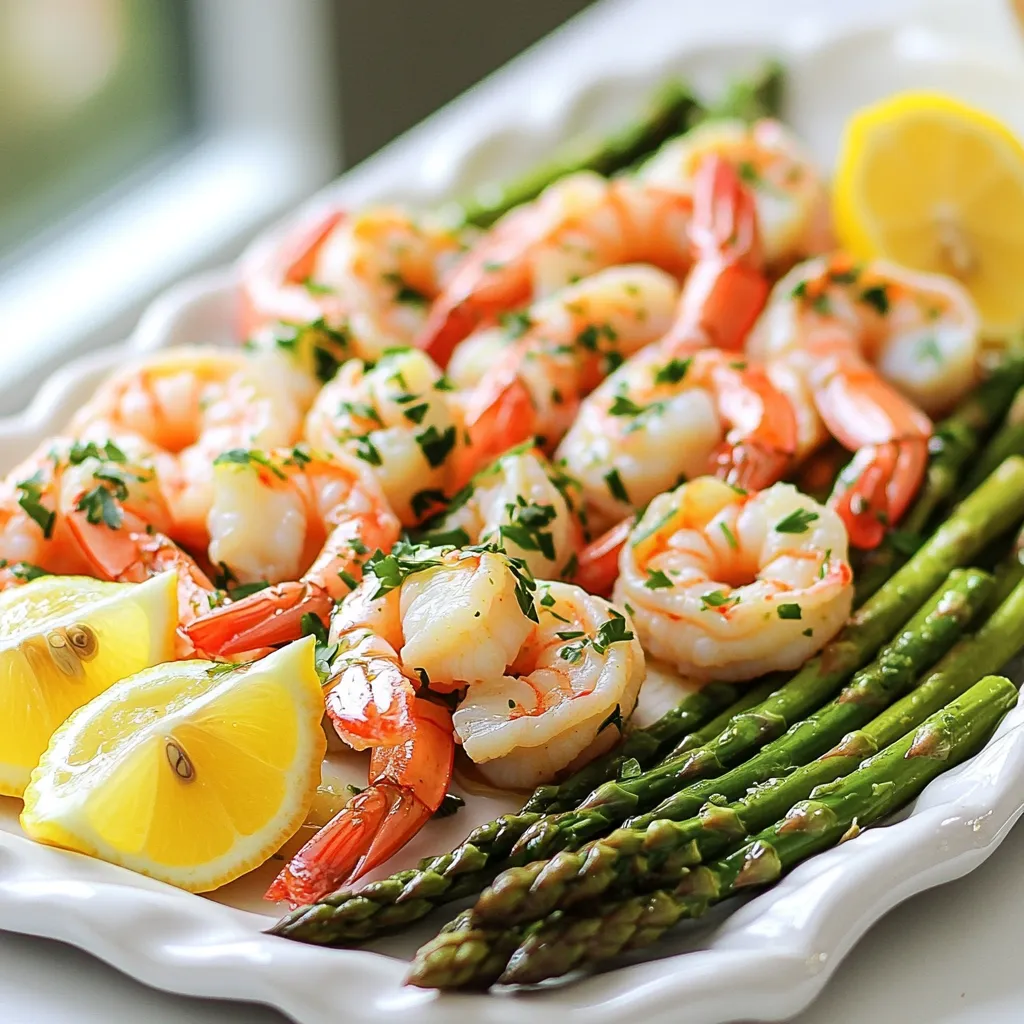 - Large shrimp: 1 pound, peeled and deveined - Asparagus: 1 bunch, trimmed and cut into 2-inch pieces - Garlic: 4 cloves, minced - Lemon: 1, zested and juiced - Olive oil: 3 tablespoons - Smoky flavor: 1 teaspoon smoked paprika - Seasonings: 1 teaspoon salt, 1/2 teaspoon black pepper - Fresh parsley: chopped - Lemon wedges: for serving The main ingredients for this dish include large shrimp, asparagus, and garlic. I love the bright flavor of lemon and the depth from smoked paprika. The lemon zest and juice give a fresh taste that brightens the shrimp. You can use fresh garlic for the best flavor. For seasoning, olive oil keeps everything moist during baking. The salt and pepper enhance the taste of the shrimp and veggies. Finally, fresh parsley adds a pop of color. It also gives a fresh taste when you serve the dish. This dish is not just easy; it is also quick to prepare. You can make it in about 22 minutes. Use these ingredients to create a delightful meal that is both healthy and tasty! - Preheat oven: 400°F (200°C) - Prepare the baking sheet: line with parchment paper Start by heating your oven to 400°F. This helps the shrimp cook fast and even. Next, grab a large baking sheet and line it with parchment paper. This makes cleanup a breeze and keeps your shrimp from sticking. - Mix shrimp, asparagus, garlic, and seasonings - Ensure even coating of marinade In a big bowl, add 1 pound of shrimp, 1 bunch of asparagus, and 4 minced garlic cloves. Then, add the zest and juice of 1 lemon, 3 tablespoons of olive oil, 1 teaspoon of smoked paprika, 1 teaspoon of salt, and 1/2 teaspoon of black pepper. Toss everything well. You want the shrimp and asparagus fully coated in the marinade. This step adds a burst of flavor. - Spread mixture evenly on the baking sheet - Bake time: 10-12 minutes until shrimp are pink and asparagus is tender Now, spread the shrimp and asparagus mix evenly on the baking sheet. Make sure the shrimp lay flat. This helps them cook evenly. Bake in your preheated oven for 10 to 12 minutes. You’ll know it’s done when the shrimp turn pink and opaque while the asparagus is tender yet crisp. This simple method makes a delicious meal without much hassle. When you make this dish, even spreading on the sheet pan is key. This helps the shrimp and asparagus cook well. If they are crowded, they might steam instead of roast. Each piece should have room to breathe. To check if your shrimp are done, look for color and texture. They should turn a nice pink and be opaque. If they still look clear, they need more time. The shrimp should also feel firm but not rubbery. You can add more spices to change the flavor. Try chili powder for heat or cumin for warmth. Each spice gives a new twist to the dish. Fresh herbs can brighten the meal. Basil, dill, or cilantro can work well. Just sprinkle them on before serving for a fresh kick. To avoid overcooking shrimp, watch the time closely. They only need about 10 to 12 minutes in the oven. If they sit too long, they will become tough. For asparagus, you want it to stay crisp. Bake it until it's bright green and tender. If you want extra crunch, pull it out a minute early. It will keep that lovely snap when you bite into it. {{image_2}} You can switch up the proteins in this dish. If you prefer chicken, use boneless pieces. Tofu is great for a plant-based option. Scallops also work well for a seafood twist. For vegetables, asparagus shines, but bell peppers add color and crunch. Broccoli brings a hearty bite, while snap peas add a sweet touch. Mix and match to suit your taste! This recipe can easily be gluten-free. Just make sure your seasonings and oils are gluten-free. Most olive oils are safe, but check the label to be sure. If you need a dairy-free dish, you’re in luck! This recipe is naturally dairy-free, so enjoy it without worry. It’s light and fresh, perfect for any diet. You might want to boost the lemon flavor. Add more lemon juice or zest for a zesty punch. You can also mix in a splash of vinegar for extra tang. If you love spice, try adding red pepper flakes or hot sauce. For those who prefer mild flavors, skip the heat entirely. Adjust the spices to match your mood! To store leftovers, use airtight containers. Glass or plastic containers work well. Make sure the shrimp and asparagus cool down before sealing. Place them in the refrigerator. The ideal temperature is below 40°F (4°C). Leftovers can stay fresh for up to three days. When reheating, the best method is to use an oven. Preheat the oven to 350°F (175°C). Place the shrimp and asparagus on a baking sheet. Heat for about 10 minutes. This method keeps the shrimp juicy. To keep asparagus crisp, cover it with foil. This helps prevent moisture loss. To freeze, place the cooled dish in a freezer-safe bag. Remove as much air as possible. Label the bag with the date. You can freeze it for up to three months. When ready to eat, thaw in the fridge overnight. For best texture, reheat in the oven after thawing. To make this dish, start by preheating your oven to 400°F. Line a large baking sheet with parchment paper for easy cleanup. In a bowl, mix one pound of large shrimp, a bunch of trimmed asparagus cut into 2-inch pieces, four minced garlic cloves, lemon zest, lemon juice, three tablespoons of olive oil, smoked paprika, salt, and black pepper. Toss well so everything is coated. Spread the mix evenly on the sheet pan. Bake for 10-12 minutes until the shrimp are pink and the asparagus is tender. Yes, you can prep in advance. You can clean and cut the asparagus and shrimp a few hours before cooking. Just store them in the fridge. Mix the marinade and coat the shrimp and asparagus. Keep them in the fridge until ready to bake. This way, you save time when you are ready to enjoy your meal. This dish pairs well with several sides. Consider serving it over rice or quinoa for a filling meal. A fresh salad also makes a great side. For extra flavor, serve with garlic bread or crusty rolls to soak up the juices. The total time to cook this dish is about 22 minutes. It takes 10 minutes to prep and 12 minutes to bake. With the prep time, you can have dinner on the table in less than half an hour. You can use frozen shrimp, but make sure to thaw them first. For asparagus, you can use frozen, but they may cook faster. Adjust the baking time to avoid overcooking. This dish still tastes great with frozen ingredients, which makes it easy to prepare. This blog post covered a tasty recipe for Sheet Pan Lemon Garlic Shrimp with Asparagus. You learned about the key ingredients, simple steps, and helpful tips. We also discussed variations for dietary needs and how to store leftovers properly. Enjoy this dish any day of the week. It's quick and flavorful. With this guide, you can impress your family or friends. Embrace your cooking skills and have fun in the kitchen!