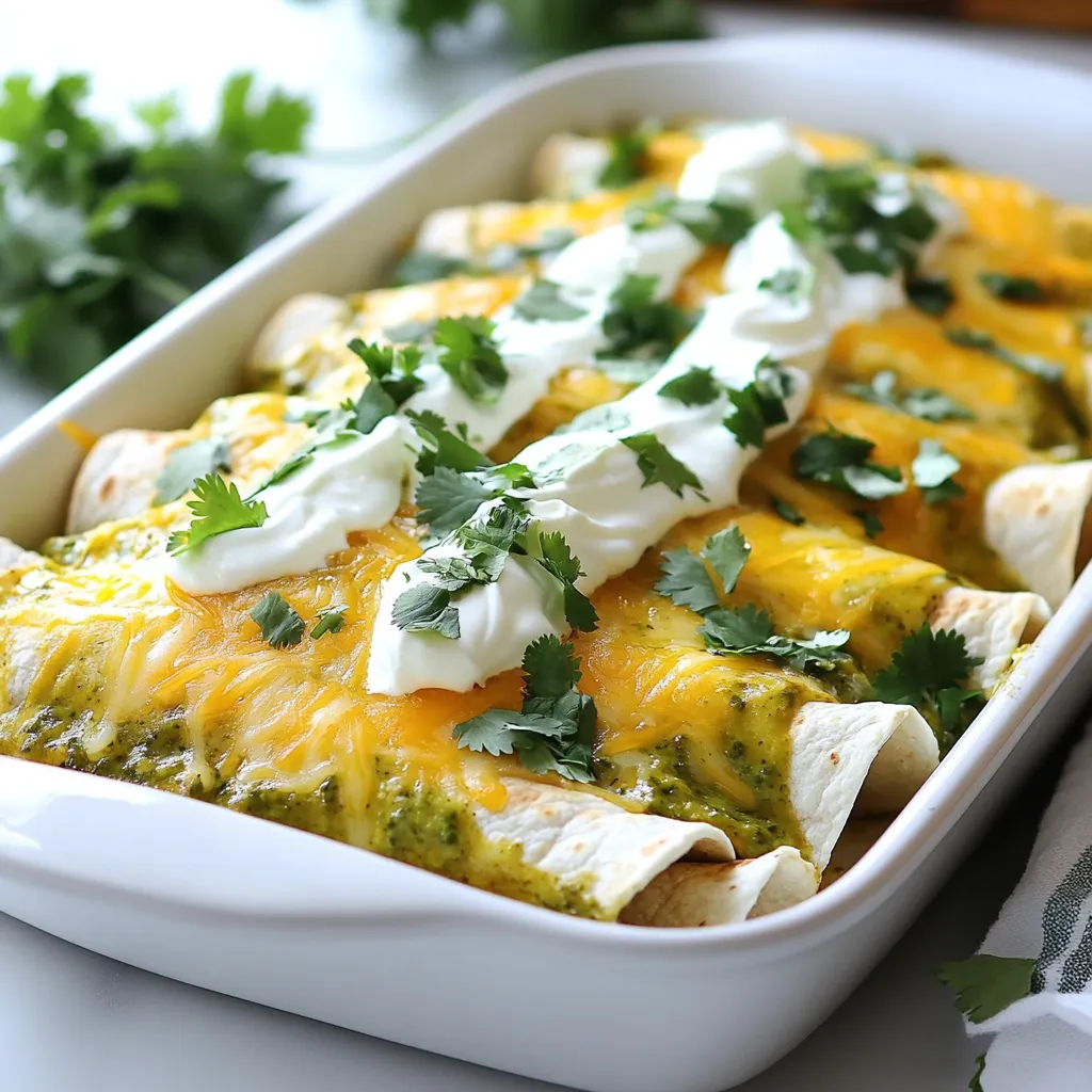 To make these tasty green chicken enchiladas, gather the following: - 2 cups shredded cooked chicken - 1 cup fresh spinach, chopped - 1 cup green enchilada sauce - 1 cup sour cream - 8 small corn tortillas - 1 cup shredded Monterey Jack cheese - 1/2 cup chopped cilantro - 1 teaspoon cumin - 1 teaspoon garlic powder - Salt and pepper to taste I love using specific brands for the best flavor. For the green enchilada sauce, I recommend Herdez or Las Palmas. They both offer great taste. For cheese, Tillamook Monterey Jack works well. If you want a lighter touch, try Greek yogurt instead of sour cream. It adds creaminess without the extra calories. Fresh ingredients bring vibrant flavors. Fresh spinach adds a nice crunch. Shredded chicken should ideally be cooked at home, but store-bought rotisserie chicken can save time. Frozen spinach can work too, but be sure to thaw and drain it well. For tortillas, fresh corn tortillas are best. They stay soft and roll easily. Frozen ones can be used, but heat them properly to maintain texture. {{ingredient_image_1}} First, gather all the ingredients. You will need shredded chicken, spinach, and spices. These will create a tasty filling. The green enchilada sauce adds flavor and moisture. You will also use sour cream and cheese for creaminess and richness. So, let’s get started! 1. Preheat the oven to 350°F (175°C). This step is key for even baking. 2. In a bowl, mix the shredded chicken, chopped spinach, cumin, garlic powder, salt, and pepper. Make sure it’s well combined. This mix will be the heart of your enchiladas. Now, let’s prepare the baking dish. 1. Spread about 1/4 cup of green enchilada sauce on the bottom of a 9x13 inch baking dish. This helps prevent sticking. 2. Heat each tortilla in a dry skillet for about 30 seconds on each side. This softens them and makes them easier to roll. 3. Take one tortilla and place about 1/4 cup of the chicken mixture in the center. Roll it tightly and place it seam-side down in the baking dish. Repeat this for each tortilla. 4. After all the tortillas are in the dish, pour the remaining enchilada sauce on top. Add dollops of sour cream next. 5. Finally, sprinkle the shredded Monterey Jack cheese over everything. This will melt and create a delicious top layer. 6. Bake for 20-25 minutes. Look for bubbly and golden cheese. This means they are ready to eat! Rolling tortillas can be tricky, but here are some tips to make it easier: - Heat the tortillas. Warm tortillas are flexible and won’t tear. - Don’t overfill. Use about 1/4 cup of filling per tortilla. Too much will make rolling hard. - Roll tightly. This helps keep the filling inside. - Use the right dish. A 9x13 inch dish is perfect for baking and serving. With these steps and tips, you’ll create tasty green chicken enchiladas that everyone will love! Always use cooked chicken for your enchiladas. You can use rotisserie chicken for ease. It saves time and adds great flavor. If you cook chicken at home, poach or roast it for juicy meat. Season your chicken well with salt and pepper. This step makes a big difference in taste. You can prepare enchiladas in advance. Make the filling and roll the tortillas. Place them in a baking dish, but do not add sauce yet. Cover the dish tightly with plastic wrap or foil. Keep it in the fridge for up to 24 hours. When ready to bake, add the sauce and cheese. This method saves time on busy days. Garnish enchiladas with fresh cilantro for a pop of color. You can also add sliced avocados for creaminess. A drizzle of sour cream adds a nice touch. Serve with a side of black beans or rice. These sides balance the meal perfectly. Enjoy your enchiladas hot from the oven for the best flavor! Pro Tips Use Fresh Ingredients: Opt for fresh spinach and high-quality chicken for the best flavor and nutrition. Customize Your Heat: Adjust the spiciness by choosing mild or hot green enchilada sauce based on your preference. Make Ahead: Prepare the enchiladas up to a day in advance, cover and refrigerate, then bake when ready to serve. Garnish Creatively: Add toppings like sliced jalapeños or a sprinkle of lime juice for an extra burst of flavor. {{image_2}} You can easily make a vegetarian version of green enchiladas. Use these ingredients instead: - 2 cups black beans, rinsed and drained - 1 cup corn kernels - 1 cup fresh spinach, chopped - 1 cup green enchilada sauce - 1 cup sour cream - 8 small corn tortillas - 1 cup shredded Monterey Jack cheese - 1/2 cup chopped cilantro - 1 teaspoon cumin - 1 teaspoon garlic powder - Salt and pepper to taste Simply replace the chicken with black beans and corn. This adds flavor and texture while keeping it healthy. You will still enjoy every bite! Green enchilada sauce is delicious, but you can try others too. Here are some options: - Red enchilada sauce: This is richer and offers a deeper flavor. - Mole sauce: This adds a chocolatey twist to your dish. - Salsa verde: A fresh and bright option made with tomatillos. Experiment with these sauces to find your favorite. Each one brings a new taste to your enchiladas. Making green enchiladas for special diets is easy. - For gluten-free: Use corn tortillas or gluten-free tortillas. Check the sauce for hidden gluten. - For dairy-free: Replace sour cream with cashew cream or coconut yogurt. Use dairy-free cheese for topping. These simple swaps let everyone enjoy your tasty enchiladas without worry. Always read labels to ensure your ingredients fit your diet. To store your green chicken enchiladas, let them cool first. Once cool, cover the dish tightly with plastic wrap or aluminum foil. This keeps them fresh and prevents drying. If you have leftovers, place them in an airtight container. Make sure to use them within a few days for the best taste. You can freeze green chicken enchiladas for longer storage. Wrap them tightly in plastic wrap, then place them in a freezer-safe bag. They can last up to three months in the freezer. To reheat, remove them from the freezer and thaw in the fridge overnight. Then, bake at 350°F (175°C) for about 25-30 minutes. This will make them hot and tasty again. - Shredded cooked chicken: Store in the fridge for 3-4 days. - Fresh spinach: Keep in the fridge for 3-5 days. - Green enchilada sauce: Unopened, it lasts for 1 year; once opened, use within 5-7 days. - Sour cream: Use within 1-2 weeks after opening. - Corn tortillas: Keep them in the fridge for up to 2 weeks. - Monterey Jack cheese: Store for 1 week after opening. Knowing how to store your food is key to enjoying your meal later. Keep these tips in mind to keep your green chicken enchiladas fresh and flavorful! You can use shredded beef, turkey, or even beans. These options add unique flavors. For a vegetarian twist, try using mushrooms or zucchini. These ingredients work well with the sauce. You can also mix in more veggies for added texture and taste. Yes, you can use flour tortillas if you prefer. Flour tortillas are soft and easy to roll. However, they have a different taste and texture than corn tortillas. Corn tortillas provide a more authentic flavor. If you choose flour, heat them in a skillet to make them more pliable. You can store green chicken enchiladas in the fridge for up to three days. Make sure to cover them tightly. This helps keep them fresh and tasty. If you want to store them longer, consider freezing them. Just remember to label your containers with the date. This post covered the key ingredients for green enchiladas, including brands and fresh vs. frozen options. I provided a step-by-step guide for preparing and baking. We explored cooking tips, variations for dietary needs, and proper storage methods. In summary, making these enchiladas can be simple and fun. You can customize them to fit your taste and needs. Enjoy the process and share your creations with others!