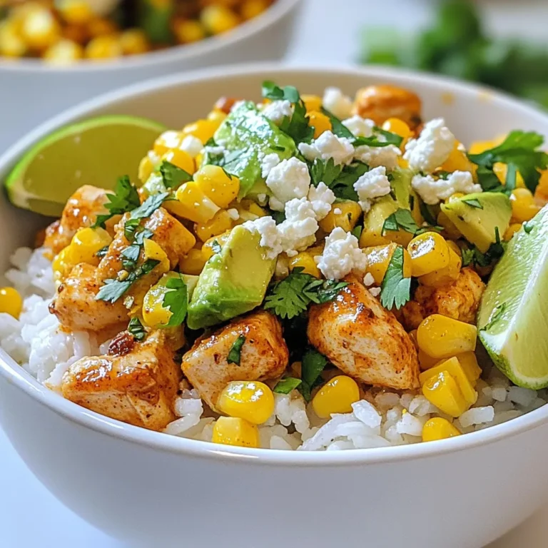 - Rice options: You can use white rice or brown rice. White rice cooks faster and is softer. Brown rice is chewier and has more fiber. Both work great in this bowl. - Chicken preparation details: Use 2 diced chicken breasts. I like to season the chicken with smoked paprika and garlic powder. This adds a nice flavor. Cook it until golden brown for about 6-7 minutes. - Optional ingredients for added flavor: You can add 1/2 cup of diced red bell pepper for a sweet crunch. It makes the bowl look colorful too. Don’t forget the toppings! Crumbled feta cheese, diced avocado, and fresh cilantro add creaminess and zest. {{ingredient_image_1}} To start, heat your skillet over medium heat. Add 1 tablespoon of olive oil. Once hot, toss in 2 diced chicken breasts. Season with 1 teaspoon of smoked paprika, 1 teaspoon of garlic powder, salt, and pepper. Cook the chicken for about 6 to 7 minutes. Look for a golden brown color and no pink inside. That means your chicken is done. Next, add 1 cup of corn kernels to the skillet. If you want some color, add 1/2 cup of diced red bell pepper. Sauté for 2 to 3 minutes. You want the corn to heat up and get a bit caramelized. This adds sweetness and flavor to your dish. Now it’s time to build your bowl. Start with 2 cups of cooked rice as your base. Divide the chicken and corn mixture evenly over the rice. This keeps each serving the same. For a tasty finish, sprinkle 1/2 cup of crumbled feta cheese and diced avocado on top. Add fresh cilantro and a squeeze of lime juice. Make sure the bowl looks colorful and inviting. - Alternatives for rice: Quinoa or cauliflower rice work great if you want a change. - Options for chicken: Use rotisserie chicken for a quick fix. Just shred it and add. - Dairy-free cheese options: Try nutritional yeast or vegan cheese for a tasty swap. - Ideas for batch cooking: Cook extra chicken and corn on the weekend. This makes meals easy. - Storage tips for prepped ingredients: Keep chicken and corn in separate containers. They stay fresh longer that way. - Reheating instructions: Warm it up in the microwave for 1-2 minutes. Stir halfway for even heat. - Using different spices: Add cumin or chili powder for a spicy kick. Experiment with flavors! - Adding sauces or dressings: Drizzle with chipotle sauce or a creamy dressing for extra taste. - Recommended accompaniments: Serve with tortilla chips or a fresh salad for crunch. Pro Tips Use Fresh Ingredients: Whenever possible, use fresh corn and ripe avocados for the best flavor and texture in your bowl. Customize Your Bowl: Feel free to add other toppings like diced tomatoes, jalapeños, or even black beans for extra flavor and nutrition. Let the Chicken Rest: After cooking, allow the chicken to rest for a few minutes before serving. This helps keep it juicy and tender. Meal Prep Friendly: This dish is great for meal prep! Cook extra chicken and rice to use throughout the week for quick and easy lunches. {{image_2}} You can easily make a vegetarian version of this bowl. Just swap chicken for black beans or grilled tofu. Both options bring protein and taste. You can add more veggies too! Try bell peppers, zucchini, or even spinach for a fresh crunch. The flavor changes a bit since beans are earthier than chicken. Tofu gives a soft texture, while beans add heartiness. Want to turn up the heat? Add diced jalapeños to the chicken as it cooks. For more spice, use chili powder or cayenne pepper in place of smoked paprika. Garnish with fresh sliced jalapeños or a drizzle of hot sauce. This adds a zesty kick that spice lovers will enjoy. You can also serve this dish in fun ways! Try making wraps or tacos with the mix. Just use tortillas to hold all the tasty fillings. For a lighter meal, make a salad using the same ingredients. You can even switch rice for quinoa or cauliflower rice for a healthy twist. Each option keeps the great flavors while changing the style! To keep your Street Corn Chicken Bowl fresh, store leftovers in the fridge. Use airtight containers for the best results. This helps to keep out air and moisture. Aim to eat leftovers within three days for best taste and safety. Make sure your fridge is set to 40°F (4°C) or lower. This keeps food safe from harmful bacteria. You can freeze parts of this dish for later meals. Freeze the chicken and corn mixture separately from the rice. Rice tends to get mushy when thawed. Use freezer-safe bags or containers. When you want to eat it, thaw the chicken and corn overnight in the fridge. Reheat in a skillet or microwave until hot. Use within three months for best flavor. Each ingredient has its own shelf life. Cooked rice lasts about 4-6 days in the fridge. Cooked chicken stays fresh for 3-4 days. Corn can last about 3-5 days if stored well. Look for signs of spoilage, like off smells or changes in texture. To enjoy the best taste, consume the meal within three days of cooking. It takes about 25 minutes to make this dish. You will spend 10 minutes prepping. Cooking the chicken and corn takes around 15 minutes. This quick time makes it great for busy evenings. You can serve it fresh and warm right away. Yes, you can use frozen chicken and corn. If using frozen chicken, thaw it first in the fridge overnight. This helps it cook evenly. For frozen corn, you can add it directly to the skillet. Just cook it a bit longer to ensure it's hot throughout. You can serve this bowl with a side salad or tortilla chips. A nice beverage option is lime-infused water or iced tea. These pair well with the flavors in the bowl. You can also offer fresh lime wedges for extra zest. Yes, this recipe is gluten-free. All the main ingredients are safe for gluten-free diets. Just ensure you use gluten-free rice and check your seasoning blends. This makes it easy for everyone to enjoy a tasty meal. This blog post covered everything you need for a delicious Street Corn Chicken Bowl. We discussed the key ingredients, preparation steps, and smart tips for meal prep. You can tweak the recipe with variations like vegetarian or spicy options. Proper storage and FAQs help ensure your dish stays fresh and tasty. Experimenting with flavors and ingredients can make this bowl your own. Enjoy creating your perfect meal and share it with family and friends!