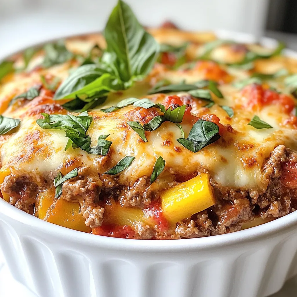 - 1 lb ground beef or Italian sausage - 1 small onion, chopped - 3 cloves garlic, minced - 1 medium zucchini, thinly sliced - 1 medium bell pepper, diced - 1 can (14 oz) crushed tomatoes - 2 cups ricotta cheese - 1 ½ cups shredded mozzarella cheese - 1 teaspoon dried oregano - 1 teaspoon dried basil - ½ teaspoon salt - ¼ teaspoon black pepper - Fresh basil leaves for garnish (optional) In my Keto Lasagna Skillet, I use ground beef or Italian sausage as the main protein. This choice adds rich flavor and keeps the dish hearty. You can also use turkey or chicken if you prefer a leaner option. Next, I add fresh vegetables. Zucchini and bell pepper provide a nice crunch and help your meal feel light. The zucchini acts as a great low-carb substitute for lasagna noodles. Cheese is key in this recipe. I mix ricotta and mozzarella for creaminess and stretch. The ricotta adds a nice base, while the mozzarella melts beautifully on top. For spices, I use oregano and basil. They bring out the Italian flavors we love in lasagna. A bit of salt and black pepper rounds out the taste, enhancing all the ingredients. This simple mix of ingredients makes for a quick, delicious dish. You can easily gather everything in your kitchen. Plus, it’s fun to layer the flavors in this skillet. {{ingredient_image_1}} First, heat a large skillet over medium heat. Add 1 pound of ground beef or Italian sausage. Then, chop one small onion and mince three cloves of garlic. Stir these in with the meat. Cook until the meat is brown and the onion is soft, about 5 to 7 minutes. If there is extra fat, drain it from the skillet. Now, take one medium zucchini and slice it thinly. Dice one medium bell pepper. Add these vegetables to the skillet. Sauté them for another 5 minutes until they are slightly tender. Next, pour in one can of crushed tomatoes, which is 14 ounces. Add a teaspoon of dried oregano, a teaspoon of dried basil, half a teaspoon of salt, and a quarter teaspoon of black pepper. Stir it all together well. Let the mixture simmer for about 10 minutes. This will help the flavors blend nicely. While that cooks, take 2 cups of ricotta cheese. Mix it in a bowl with a pinch of salt and pepper until it is smooth. Remove the skillet from heat once the mixture is done. Spoon the ricotta mixture over the meat and vegetables evenly. Then, sprinkle 1 and a half cups of shredded mozzarella cheese on top. Cover the skillet with a lid and let it sit for about 5 minutes. This covers the skillet to help the cheese melt and get bubbly. After that, you can remove the lid. If you like, you can garnish with fresh basil leaves for a nice touch. Enjoy your delicious Keto Lasagna Skillet! - Achieving the right meat texture: Use ground beef or Italian sausage. Cook it until brown. This gives a nice texture. If you prefer leaner meat, turkey is a good choice. - Vegetable preparation techniques: Slice the zucchini thinly. This helps it cook faster. Dicing the bell pepper adds color and crunch. Sauté them until soft but not mushy. - Adding spices or herbs for richer flavor: Oregano and basil are key. They add depth to the dish. You can also try red pepper flakes for some heat. Fresh herbs can brighten the taste. - Substituting ingredients for variation: You can swap the ricotta for cottage cheese. This gives a different texture. For a twist, add spinach or mushrooms to the mix. They add great flavor and nutrients. Pro Tips Use Fresh Herbs: Fresh basil added at the end enhances flavor and freshness compared to dried herbs. Layering Technique: For a more traditional lasagna feel, layer the ricotta and mozzarella rather than mixing them. Vegetable Substitutions: Feel free to substitute zucchini with eggplant or spinach for a different taste and texture. Make Ahead: This dish can be prepared in advance and stored in the fridge for up to 2 days before baking. {{image_2}} You can swap noodles for cauliflower in this recipe. Cauliflower makes a great low-carb base. Just chop it into small pieces. You can also rice it for a finer texture. This keeps the dish light and tasty. You can choose different meats too. Ground turkey or chicken works well. These meats will give a different flavor. They are leaner options, making the dish healthier. Use what you prefer for a twist on the classic. If you want a vegetarian option, skip the meat. Add more veggies like mushrooms or spinach. This makes the dish hearty and filling. You can also use lentils or beans for protein. For vegan needs, swap out ricotta and mozzarella. Use vegan cheese or cashew cream instead. This keeps the creamy texture while being dairy-free. You can still enjoy the flavors without the dairy. To keep your Keto Lasagna Skillet fresh, store it in an airtight container. First, let it cool to room temperature. Then, cover it tightly. It lasts about 3 to 4 days in the fridge. If you want to save it for longer, freezing is a great option. Portion the skillet into freezer-safe containers. Make sure to leave some space for expansion. It can stay good in the freezer for up to 3 months. When you're ready to eat, just thaw in the fridge overnight. Reheating your Keto Lasagna Skillet is easy. The best way is to use the stovetop. Heat a skillet over low to medium heat. Add a splash of water or broth to keep it moist. Stir often until it's heated through. You can also use the microwave. Place a portion in a microwave-safe dish. Cover it with a damp paper towel. Heat in short bursts, stirring in between, until warm. This keeps the cheese nice and gooey, just how we like it! What is the carb count in Keto Lasagna Skillet? The carb count in a serving of Keto Lasagna Skillet is about 8 grams. This low-carb meal is great for those on a keto diet. The main carbs come from the zucchini and bell pepper. Can I prepare it ahead of time? Yes, you can prepare this dish ahead of time. Cook the meat and veggies, then store them in the fridge. Mix in the ricotta and mozzarella just before serving. This keeps the cheese fresh and melty. How to adjust the recipe for larger servings? To adjust for larger servings, simply double the ingredients. Use a bigger skillet or cook in batches. Keep the same cooking times, but check for doneness. You want all the flavors to blend well. This blog post covered everything you need to know about Keto Lasagna Skillet. We explored key ingredients like ground beef, fresh veggies, and creamy cheeses. I shared step-by-step instructions for cooking and combining ingredients. You also learned handy tips for perfect texture and flavor. Finally, I explained storage options and answered common questions. Keto Lasagna Skillet is simple and fun to make. Enjoy experimenting with variations that suit your taste!