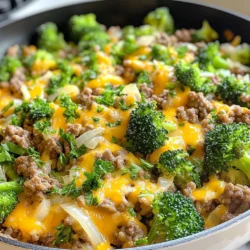 - Ground beef - Broccoli florets - Onion and garlic The main ingredients are simple yet flavorful. Ground beef is the star of this dish. I prefer 80/20 beef for a good fat content. This mix keeps the meat juicy and tasty. Broccoli florets add a nice crunch and bright color. They are low in carbs, making them perfect for keto. Onion and garlic give depth to the dish. Dicing the onion and mincing the garlic enhances their flavors. - Smoked paprika, garlic powder, onion powder - Olive oil, cream cheese, and cheddar cheese - Salt and pepper to taste Seasonings make this dish pop. Smoked paprika gives a warm, smoky flavor. Garlic powder and onion powder boost the taste without extra chopping. I use olive oil for sautéing. It adds healthy fats and a nice flavor. Cream cheese makes the dish creamy. It blends well with the beef and veggies. Shredded cheddar tops everything off with richness. Don’t forget to add salt and pepper! They enhance all the flavors. - Fresh parsley Fresh parsley brightens the dish. It adds a pop of color and freshness. Chopping it finely ensures it spreads evenly. Just sprinkle it on top before serving. This small step makes a big difference in presentation. {{ingredient_image_1}} 1. Start by heating one tablespoon of olive oil in a large skillet over medium heat. 2. Add one medium diced onion and cook it until it turns translucent, about 3-4 minutes. 3. Next, toss in two minced garlic cloves and sauté for one more minute until you smell the garlic. 4. Now, increase the heat slightly. Add one pound of ground beef to the skillet. Cook until it's browned, breaking it up with a wooden spoon, for about 6-8 minutes. 5. If there's extra fat, drain it. Add one teaspoon of smoked paprika, one teaspoon of garlic powder, half a teaspoon of onion powder, and salt and pepper to taste. Mix it well to combine all the flavors. 1. Add two cups of broccoli florets to the skillet along with a couple of tablespoons of water. 2. Cover the skillet with a lid and let the broccoli steam for about 5 minutes. The broccoli should be tender-crisp after this time. 3. Reduce the heat to low and add two tablespoons of cream cheese. Stir until it's melted and mixed in well. 4. Sprinkle half a cup of shredded cheddar cheese over the skillet. Cover again until the cheese is melted, about 2-3 minutes. 1. Once the cheese has melted, remove the skillet from heat. 2. Garnish with freshly chopped parsley for a pop of color and flavor. 3. Serve the dish hot and enjoy your delicious keto meal! - Choosing the right ground beef: Use 80/20 ground beef for the best flavor. The extra fat adds richness. Lean beef can dry out and lose taste. - Best practices for sautéing and steaming: Start with medium heat for onions. This helps them soften without burning. Add garlic after the onions. Garlic cooks fast and can burn if added too early. For broccoli, add a little water and cover the skillet. This steaming method keeps the broccoli bright and crisp. - Adding spices for extra flavor: Smoked paprika is a game changer. It gives a nice depth to the dish. Garlic powder and onion powder enhance the taste without adding extra prep. Feel free to adjust the spice levels to match your taste. - Recommended side dishes: This skillet works well with a side salad. A simple green salad or a cucumber salad adds crunch and freshness. You could also serve it with some avocado slices for healthy fats. - Serving suggestions for a keto meal: Serve the skillet in large bowls. This makes it feel like a hearty meal. You can also serve it with a side of cauliflower rice for a complete keto experience. - Creative ways to garnish: Use fresh parsley for a pop of color. Chopped green onions can also add a nice crunch. If you want, drizzle a little olive oil on top for shine. This makes the dish look more appealing and gourmet. Pro Tips Use Good Quality Beef: Opt for grass-fed ground beef if possible for better flavor and health benefits. Customize Your Veggies: Feel free to add other low-carb vegetables like bell peppers or zucchini for more variety. Control the Heat: Adjust the heat as needed to prevent the garlic from burning and becoming bitter. Make It Cheesy: For an extra creamy texture, mix in more cream cheese or use a blend of cheeses. {{image_2}} You can switch the ground beef for ground turkey or chicken. Both options are leaner but still tasty. They keep the dish light while still being filling. You can also try plant-based meat for a vegetarian choice. This works really well for a meat-free meal that still feels hearty. Feel free to mix in other low-carb vegetables. Zucchini, bell peppers, or cauliflower can add new flavors. You can also pair veggies like spinach or asparagus with the dish. Each choice enhances the taste and adds nutritional value. If you want to change the cheese, try mozzarella or pepper jack. Both bring different flavors that can spice things up. If you prefer non-dairy cheese, there are great options available now. Look for brands that melt well for the best results. To keep your Keto Hamburger Broccoli Skillet fresh, use airtight containers. Glass or plastic containers both work well. Let the dish cool before sealing it. This helps prevent moisture build-up, which can cause sogginess. Store the leftovers in the fridge. They will stay good for about three to four days. When it's time to enjoy leftovers, you have a few good options. The best method is to reheat on the stove. Heat a skillet over medium heat and add a splash of olive oil. Stir the dish often to keep it from sticking. If you're short on time, you can use a microwave. Place the food in a microwave-safe bowl and cover it. Heat in short bursts, stirring in between. This helps keep the texture and flavor intact. If you want to save some for later, freezing is a great option. Allow the dish to cool completely before freezing. Portion it into freezer-safe containers or bags. Remove as much air as possible to avoid freezer burn. It can last up to three months in the freezer. When you're ready to eat, thaw it overnight in the fridge. Reheat on the stove or microwave, just like before. Enjoy a delicious meal without the hassle of cooking from scratch! Yes, this dish works great for meal prep. To prep, follow these best practices: - Cook in bulk: Make a larger batch and divide it into portions. - Use airtight containers: Store servings in easy-to-grab containers. - Refrigerate promptly: Cool the dish and place it in the fridge within two hours. - Label and date: Always label containers to track freshness. Meal prepping this skillet makes meals easy during busy weeks. You can prepare this recipe ahead of time. Here are some tips: - Cook and cool: Make the dish, let it cool, and store it in the fridge. - Reheat properly: Warm it on the stove or in the microwave until it's hot. - Avoid overcooking: When reheating, do so gently to keep the broccoli crisp. Making this dish in advance saves time and effort! This skillet pairs well with several side dishes. Here are some great options: - Cauliflower rice: A low-carb alternative that soaks up flavors. - Zucchini noodles: A fun and healthy twist on pasta. - Salad: A fresh green salad adds crunch and color. - Avocado slices: Creamy avocado complements the dish perfectly. These sides enhance your meal while keeping it keto-friendly. This blog post covered a tasty Keto Hamburger Broccoli Skillet. We explored key ingredients, like ground beef and cheese, and shared easy cooking steps. I provided useful tips and variations to suit different diets. Remember, you can swap proteins, add new veggies, and experiment with cheeses. This dish is perfect for meal prep or quick dinners. Keep leftovers fresh in the fridge or freezer. Enjoy making this meal your own!