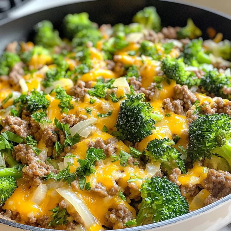 - Ground beef - Broccoli florets - Onion and garlic The main ingredients are simple yet flavorful. Ground beef is the star of this dish. I prefer 80/20 beef for a good fat content. This mix keeps the meat juicy and tasty. Broccoli florets add a nice crunch and bright color. They are low in carbs, making them perfect for keto. Onion and garlic give depth to the dish. Dicing the onion and mincing the garlic enhances their flavors. - Smoked paprika, garlic powder, onion powder - Olive oil, cream cheese, and cheddar cheese - Salt and pepper to taste Seasonings make this dish pop. Smoked paprika gives a warm, smoky flavor. Garlic powder and onion powder boost the taste without extra chopping. I use olive oil for sautéing. It adds healthy fats and a nice flavor. Cream cheese makes the dish creamy. It blends well with the beef and veggies. Shredded cheddar tops everything off with richness. Don’t forget to add salt and pepper! They enhance all the flavors. - Fresh parsley Fresh parsley brightens the dish. It adds a pop of color and freshness. Chopping it finely ensures it spreads evenly. Just sprinkle it on top before serving. This small step makes a big difference in presentation. {{ingredient_image_1}} 1. Start by heating one tablespoon of olive oil in a large skillet over medium heat. 2. Add one medium diced onion and cook it until it turns translucent, about 3-4 minutes. 3. Next, toss in two minced garlic cloves and sauté for one more minute until you smell the garlic. 4. Now, increase the heat slightly. Add one pound of ground beef to the skillet. Cook until it's browned, breaking it up with a wooden spoon, for about 6-8 minutes. 5. If there's extra fat, drain it. Add one teaspoon of smoked paprika, one teaspoon of garlic powder, half a teaspoon of onion powder, and salt and pepper to taste. Mix it well to combine all the flavors. 1. Add two cups of broccoli florets to the skillet along with a couple of tablespoons of water. 2. Cover the skillet with a lid and let the broccoli steam for about 5 minutes. The broccoli should be tender-crisp after this time. 3. Reduce the heat to low and add two tablespoons of cream cheese. Stir until it's melted and mixed in well. 4. Sprinkle half a cup of shredded cheddar cheese over the skillet. Cover again until the cheese is melted, about 2-3 minutes. 1. Once the cheese has melted, remove the skillet from heat. 2. Garnish with freshly chopped parsley for a pop of color and flavor. 3. Serve the dish hot and enjoy your delicious keto meal! - Choosing the right ground beef: Use 80/20 ground beef for the best flavor. The extra fat adds richness. Lean beef can dry out and lose taste. - Best practices for sautéing and steaming: Start with medium heat for onions. This helps them soften without burning. Add garlic after the onions. Garlic cooks fast and can burn if added too early. For broccoli, add a little water and cover the skillet. This steaming method keeps the broccoli bright and crisp. - Adding spices for extra flavor: Smoked paprika is a game changer. It gives a nice depth to the dish. Garlic powder and onion powder enhance the taste without adding extra prep. Feel free to adjust the spice levels to match your taste. - Recommended side dishes: This skillet works well with a side salad. A simple green salad or a cucumber salad adds crunch and freshness. You could also serve it with some avocado slices for healthy fats. - Serving suggestions for a keto meal: Serve the skillet in large bowls. This makes it feel like a hearty meal. You can also serve it with a side of cauliflower rice for a complete keto experience. - Creative ways to garnish: Use fresh parsley for a pop of color. Chopped green onions can also add a nice crunch. If you want, drizzle a little olive oil on top for shine. This makes the dish look more appealing and gourmet. Pro Tips Use Good Quality Beef: Opt for grass-fed ground beef if possible for better flavor and health benefits. Customize Your Veggies: Feel free to add other low-carb vegetables like bell peppers or zucchini for more variety. Control the Heat: Adjust the heat as needed to prevent the garlic from burning and becoming bitter. Make It Cheesy: For an extra creamy texture, mix in more cream cheese or use a blend of cheeses. {{image_2}} You can switch the ground beef for ground turkey or chicken. Both options are leaner but still tasty. They keep the dish light while still being filling. You can also try plant-based meat for a vegetarian choice. This works really well for a meat-free meal that still feels hearty. Feel free to mix in other low-carb vegetables. Zucchini, bell peppers, or cauliflower can add new flavors. You can also pair veggies like spinach or asparagus with the dish. Each choice enhances the taste and adds nutritional value. If you want to change the cheese, try mozzarella or pepper jack. Both bring different flavors that can spice things up. If you prefer non-dairy cheese, there are great options available now. Look for brands that melt well for the best results. To keep your Keto Hamburger Broccoli Skillet fresh, use airtight containers. Glass or plastic containers both work well. Let the dish cool before sealing it. This helps prevent moisture build-up, which can cause sogginess. Store the leftovers in the fridge. They will stay good for about three to four days. When it's time to enjoy leftovers, you have a few good options. The best method is to reheat on the stove. Heat a skillet over medium heat and add a splash of olive oil. Stir the dish often to keep it from sticking. If you're short on time, you can use a microwave. Place the food in a microwave-safe bowl and cover it. Heat in short bursts, stirring in between. This helps keep the texture and flavor intact. If you want to save some for later, freezing is a great option. Allow the dish to cool completely before freezing. Portion it into freezer-safe containers or bags. Remove as much air as possible to avoid freezer burn. It can last up to three months in the freezer. When you're ready to eat, thaw it overnight in the fridge. Reheat on the stove or microwave, just like before. Enjoy a delicious meal without the hassle of cooking from scratch! Yes, this dish works great for meal prep. To prep, follow these best practices: - Cook in bulk: Make a larger batch and divide it into portions. - Use airtight containers: Store servings in easy-to-grab containers. - Refrigerate promptly: Cool the dish and place it in the fridge within two hours. - Label and date: Always label containers to track freshness. Meal prepping this skillet makes meals easy during busy weeks. You can prepare this recipe ahead of time. Here are some tips: - Cook and cool: Make the dish, let it cool, and store it in the fridge. - Reheat properly: Warm it on the stove or in the microwave until it's hot. - Avoid overcooking: When reheating, do so gently to keep the broccoli crisp. Making this dish in advance saves time and effort! This skillet pairs well with several side dishes. Here are some great options: - Cauliflower rice: A low-carb alternative that soaks up flavors. - Zucchini noodles: A fun and healthy twist on pasta. - Salad: A fresh green salad adds crunch and color. - Avocado slices: Creamy avocado complements the dish perfectly. These sides enhance your meal while keeping it keto-friendly. This blog post covered a tasty Keto Hamburger Broccoli Skillet. We explored key ingredients, like ground beef and cheese, and shared easy cooking steps. I provided useful tips and variations to suit different diets. Remember, you can swap proteins, add new veggies, and experiment with cheeses. This dish is perfect for meal prep or quick dinners. Keep leftovers fresh in the fridge or freezer. Enjoy making this meal your own!
