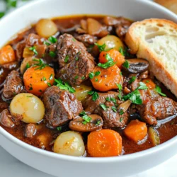 - 2 pounds beef chuck, cut into 1-inch cubes - 4 slices of thick-cut bacon, chopped - 1 large onion, diced - 3 cloves garlic, minced - 3 large carrots, sliced - 1 cup pearl onions, peeled - 8 ounces mushrooms, quartered - 2 cups beef broth - 1 tablespoon tomato paste - 1 teaspoon dried thyme - 1 bay leaf Each of these ingredients plays a key role in building flavor. The beef chuck gives the dish its rich base. Bacon adds depth and a savory note. The vegetables, like onions and carrots, provide sweetness. Garlic adds zest, while mushrooms bring umami. - 2 tablespoons olive oil - Salt and pepper to taste - Fresh parsley, chopped (for garnish) Olive oil helps with cooking and adds richness. Salt and pepper enhance the flavors of all the ingredients. Fresh parsley brightens the dish and adds a nice touch when serving. Together, these ingredients create a hearty, savory meal that warms your soul. {{ingredient_image_1}} Start by slicing the vegetables. Dice one large onion and mince three cloves of garlic. Slice three large carrots into thin rounds. For added flavor, peel one cup of pearl onions. Quarter eight ounces of mushrooms. Now, prepare the beef. Cut two pounds of beef chuck into one-inch cubes. If you want a richer taste, you can use thick-cut bacon. Chop four slices and set them aside for later. Next, cook the bacon in a large skillet over medium heat. Crisp it for about five minutes. After it’s crispy, remove it and leave the fat in the pan. Increase the heat to medium-high. Brown the beef cubes in batches. Cook each batch for about five minutes. This step adds flavor, so don’t skip it! Once all the beef is browned, set it aside. In the slow cooker, layer the sautéed ingredients. Start with the browned beef. Add the crispy bacon, onions, garlic, carrots, and mushrooms. Now, pour in two cups of beef broth. Add one tablespoon of tomato paste, one teaspoon of dried thyme, and one bay leaf. Finally, season with salt and pepper to taste. Stir everything well to mix. Cover your slow cooker and set it. For a low setting, cook for seven to eight hours. If you’re in a hurry, you can use the high setting for four to five hours. You’ll know it’s done when the beef is tender. To make your Beef Bourguignon even better, consider these flavor tips: - Substituting Ingredients: If you want to skip bacon, use pancetta. It adds great flavor. For broth, low-sodium beef broth works well. This helps control salt levels. - Adding Red Wine: A good red wine adds depth to the dish. Look for a dry wine, like Pinot Noir. It enhances the beef’s rich taste and makes the meal feel special. Getting the right texture is key for a great dish: - How to Avoid Tough Beef: Choose beef chuck because it is tender and flavorful. Sear it well before adding it to the slow cooker. This helps lock in juices. - Tips for Vegetable Doneness: Cut your vegetables evenly. This helps them cook at the same rate. Add firmer veggies, like carrots, first. Softer ones, like mushrooms, can go in later for even cooking. Presentation matters, so keep these tips in mind: - Best Sides: Serve with creamy mashed potatoes or crusty bread. Both soak up the sauce well. They make the meal feel hearty and satisfying. - Presentation Tips: Use deep bowls for serving. This keeps the dish warm. Top with fresh parsley for color. It adds a nice touch and makes the meal more inviting. Pro Tips Choosing the Right Cut: Use beef chuck for the best flavor and tenderness in slow cooking. Layering Flavors: Browning the meat and sautéing the vegetables before adding them to the slow cooker enhances the dish's overall depth of flavor. Thickening the Sauce: If you prefer a thicker sauce, mix a tablespoon of cornstarch with cold water and stir it in during the last 30 minutes of cooking. Make it Ahead: Beef bourguignon tastes even better the next day, making it a perfect dish for meal prep or entertaining. {{image_2}} You can change the meat in this dish. Try using pork or chicken instead of beef. For a lighter meal, chicken works great. If you prefer a vegetarian option, use hearty mushrooms or lentils. They give a nice texture and taste. You can add more herbs and spices to boost taste. Consider adding rosemary or parsley for a fresh touch. You can also toss in some bay leaves for depth. Different vegetables can change the dish too. Try adding celery or parsnips. They add a new layer of flavor and texture. You can make this meal on the stovetop if you prefer. Brown the meat and veggies, then simmer with the broth. This method takes less time but still gives great flavor. You might also want to try an Instant Pot. It cooks quickly and tenderizes the beef well. Just set it to pressure cook for about 35 minutes. After you finish your meal, let the Beef Bourguignon cool down first. This helps keep your fridge safe. - Store leftovers in an airtight container. - Glass containers work well for easy reheating. - Use smaller containers for quick meals later. If you want to save some for later, freezing is a great option. - First, let the dish cool completely. - Spoon the beef into freezer-safe bags or containers. - Remove as much air as possible to prevent freezer burn. - For best taste, eat within three months. When it’s time to enjoy your leftovers, you have options. - The microwave is quick and easy but can dry out the beef. - The stovetop method is slower but keeps it moist. - For stovetop, add a splash of beef broth while reheating. This helps keep it juicy and flavorful. Yes, you can use other cuts. The best cuts for slow cooking include: - Brisket - Round roast - Short ribs These cuts have more fat and flavor. They break down well over long cooking times. You can store leftovers in the fridge for up to 3 days. Use airtight containers to keep them fresh. If you want to keep them longer, freeze them. In the freezer, they last up to 3 months. Yes, you can make this dish in advance. Prepare it the day before and refrigerate it. Just reheat it on the stove or in the slow cooker. This allows the flavors to deepen. A good wine pairing for Beef Bourguignon includes: - Pinot Noir - Merlot - Cabernet Sauvignon These wines enhance the rich flavors of the dish. Choose a wine you enjoy drinking! Slow Cooker Beef Bourguignon is a hearty dish made with tender beef and rich flavors. We covered key ingredients, step-by-step cooking, and useful tips. Remember to sear the beef and layer ingredients carefully for the best taste. You can try swaps like pork or vegetables for variety. Store leftovers properly to keep them fresh. Now, you can make this dish confidently and impress everyone. Enjoy your cooking adventure!