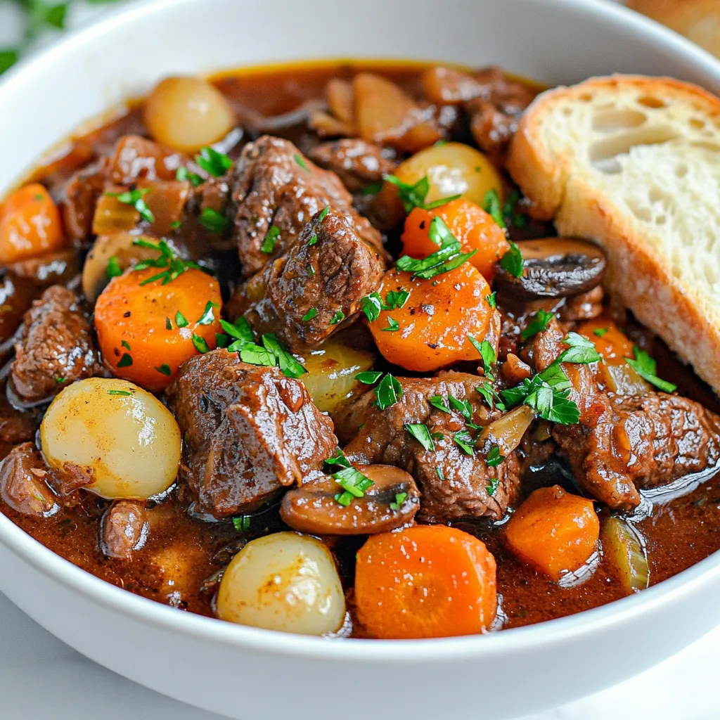 - 2 pounds beef chuck, cut into 1-inch cubes - 4 slices of thick-cut bacon, chopped - 1 large onion, diced - 3 cloves garlic, minced - 3 large carrots, sliced - 1 cup pearl onions, peeled - 8 ounces mushrooms, quartered - 2 cups beef broth - 1 tablespoon tomato paste - 1 teaspoon dried thyme - 1 bay leaf Each of these ingredients plays a key role in building flavor. The beef chuck gives the dish its rich base. Bacon adds depth and a savory note. The vegetables, like onions and carrots, provide sweetness. Garlic adds zest, while mushrooms bring umami. - 2 tablespoons olive oil - Salt and pepper to taste - Fresh parsley, chopped (for garnish) Olive oil helps with cooking and adds richness. Salt and pepper enhance the flavors of all the ingredients. Fresh parsley brightens the dish and adds a nice touch when serving. Together, these ingredients create a hearty, savory meal that warms your soul. {{ingredient_image_1}} Start by slicing the vegetables. Dice one large onion and mince three cloves of garlic. Slice three large carrots into thin rounds. For added flavor, peel one cup of pearl onions. Quarter eight ounces of mushrooms. Now, prepare the beef. Cut two pounds of beef chuck into one-inch cubes. If you want a richer taste, you can use thick-cut bacon. Chop four slices and set them aside for later. Next, cook the bacon in a large skillet over medium heat. Crisp it for about five minutes. After it’s crispy, remove it and leave the fat in the pan. Increase the heat to medium-high. Brown the beef cubes in batches. Cook each batch for about five minutes. This step adds flavor, so don’t skip it! Once all the beef is browned, set it aside. In the slow cooker, layer the sautéed ingredients. Start with the browned beef. Add the crispy bacon, onions, garlic, carrots, and mushrooms. Now, pour in two cups of beef broth. Add one tablespoon of tomato paste, one teaspoon of dried thyme, and one bay leaf. Finally, season with salt and pepper to taste. Stir everything well to mix. Cover your slow cooker and set it. For a low setting, cook for seven to eight hours. If you’re in a hurry, you can use the high setting for four to five hours. You’ll know it’s done when the beef is tender. To make your Beef Bourguignon even better, consider these flavor tips: - Substituting Ingredients: If you want to skip bacon, use pancetta. It adds great flavor. For broth, low-sodium beef broth works well. This helps control salt levels. - Adding Red Wine: A good red wine adds depth to the dish. Look for a dry wine, like Pinot Noir. It enhances the beef’s rich taste and makes the meal feel special. Getting the right texture is key for a great dish: - How to Avoid Tough Beef: Choose beef chuck because it is tender and flavorful. Sear it well before adding it to the slow cooker. This helps lock in juices. - Tips for Vegetable Doneness: Cut your vegetables evenly. This helps them cook at the same rate. Add firmer veggies, like carrots, first. Softer ones, like mushrooms, can go in later for even cooking. Presentation matters, so keep these tips in mind: - Best Sides: Serve with creamy mashed potatoes or crusty bread. Both soak up the sauce well. They make the meal feel hearty and satisfying. - Presentation Tips: Use deep bowls for serving. This keeps the dish warm. Top with fresh parsley for color. It adds a nice touch and makes the meal more inviting. Pro Tips Choosing the Right Cut: Use beef chuck for the best flavor and tenderness in slow cooking. Layering Flavors: Browning the meat and sautéing the vegetables before adding them to the slow cooker enhances the dish's overall depth of flavor. Thickening the Sauce: If you prefer a thicker sauce, mix a tablespoon of cornstarch with cold water and stir it in during the last 30 minutes of cooking. Make it Ahead: Beef bourguignon tastes even better the next day, making it a perfect dish for meal prep or entertaining. {{image_2}} You can change the meat in this dish. Try using pork or chicken instead of beef. For a lighter meal, chicken works great. If you prefer a vegetarian option, use hearty mushrooms or lentils. They give a nice texture and taste. You can add more herbs and spices to boost taste. Consider adding rosemary or parsley for a fresh touch. You can also toss in some bay leaves for depth. Different vegetables can change the dish too. Try adding celery or parsnips. They add a new layer of flavor and texture. You can make this meal on the stovetop if you prefer. Brown the meat and veggies, then simmer with the broth. This method takes less time but still gives great flavor. You might also want to try an Instant Pot. It cooks quickly and tenderizes the beef well. Just set it to pressure cook for about 35 minutes. After you finish your meal, let the Beef Bourguignon cool down first. This helps keep your fridge safe. - Store leftovers in an airtight container. - Glass containers work well for easy reheating. - Use smaller containers for quick meals later. If you want to save some for later, freezing is a great option. - First, let the dish cool completely. - Spoon the beef into freezer-safe bags or containers. - Remove as much air as possible to prevent freezer burn. - For best taste, eat within three months. When it’s time to enjoy your leftovers, you have options. - The microwave is quick and easy but can dry out the beef. - The stovetop method is slower but keeps it moist. - For stovetop, add a splash of beef broth while reheating. This helps keep it juicy and flavorful. Yes, you can use other cuts. The best cuts for slow cooking include: - Brisket - Round roast - Short ribs These cuts have more fat and flavor. They break down well over long cooking times. You can store leftovers in the fridge for up to 3 days. Use airtight containers to keep them fresh. If you want to keep them longer, freeze them. In the freezer, they last up to 3 months. Yes, you can make this dish in advance. Prepare it the day before and refrigerate it. Just reheat it on the stove or in the slow cooker. This allows the flavors to deepen. A good wine pairing for Beef Bourguignon includes: - Pinot Noir - Merlot - Cabernet Sauvignon These wines enhance the rich flavors of the dish. Choose a wine you enjoy drinking! Slow Cooker Beef Bourguignon is a hearty dish made with tender beef and rich flavors. We covered key ingredients, step-by-step cooking, and useful tips. Remember to sear the beef and layer ingredients carefully for the best taste. You can try swaps like pork or vegetables for variety. Store leftovers properly to keep them fresh. Now, you can make this dish confidently and impress everyone. Enjoy your cooking adventure!