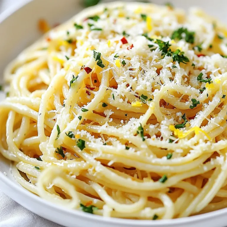 - 12 oz spaghetti or linguine - 6 tablespoons unsalted butter - 6 cloves garlic, minced - 1 teaspoon red pepper flakes (adjust to taste) - 1 cup grated Parmesan cheese - 1/4 cup fresh parsley, chopped - Zest of 1 lemon - Salt and pepper to taste - Extra Parmesan for serving The heart of garlic butter Parmesan pasta lies in its main ingredients. You need spaghetti or linguine for the base. I prefer spaghetti, but linguine works just as well. Next, you will need unsalted butter. This adds a rich flavor that blends perfectly with garlic. Speaking of garlic, using six cloves adds a strong, aromatic touch. Minced garlic is best for even distribution. For an extra kick, I add red pepper flakes. Just a teaspoon can enhance the dish but feel free to adjust it. Grated Parmesan cheese is key for creaminess and flavor. Fresh parsley adds a burst of color and freshness. I always use a quarter cup, chopped finely. Don't forget the zest of one lemon. It brightens the flavors and adds a nice twist. Finally, season with salt and pepper to taste. You can finish with extra Parmesan on top for serving. These ingredients come together to create a quick and tasty meal. Each one plays a role in making this pasta rich and flavorful. {{ingredient_image_1}} - Start by boiling a large pot of salted water. - Once it boils, add 12 ounces of spaghetti or linguine. - Cook according to the package instructions until al dente. - Reserve 1 cup of pasta water before draining the pasta. Set it aside. - In the same pot, melt 6 tablespoons of unsalted butter over medium heat. - After the butter melts, add 6 minced garlic cloves and 1 teaspoon of red pepper flakes. - Sauté for 2 to 3 minutes. The garlic should smell good and turn lightly golden. - Add the drained pasta back into the pot with the garlic butter. - Toss the pasta well to coat it evenly with the butter. - Gradually sprinkle in 1 cup of grated Parmesan cheese. - Pour in about 1/4 cup of the reserved pasta water. - Toss until the cheese melts and coats the pasta smoothly. - Add more pasta water if needed for your sauce's thickness. To avoid overcooking pasta, always check for the "al dente" texture. This means the pasta should still have a slight bite. Start checking the pasta a minute or two before the package time ends. If you cook it too long, it can turn mushy. For melting cheese smoothly, add it gradually. Mix in a little cheese, then stir. Pour in some reserved pasta water to help it melt. This gives a creamy finish. You can enhance flavors with herbs and spices. Fresh parsley adds brightness. Try adding basil or oregano for an Italian twist. If you like heat, increase the red pepper flakes. Just a pinch goes a long way. Adjusting spice levels is easy. Start with a small amount of red pepper flakes. You can always add more if you want it spicier. A large pot works best for cooking pasta. It lets the pasta move freely, preventing sticking. A pasta pot with a strainer insert is ideal but not necessary. Using a regular pot is just fine. Just be careful when draining. Use a colander to avoid losing any pasta. Make sure you have a sturdy wooden spoon for stirring. Pro Tips Use High-Quality Ingredients: The flavor of your dish relies heavily on the quality of the ingredients. Opt for good Parmesan cheese and fresh garlic for the best taste. Reserve Pasta Water: Always save some pasta water before draining. It’s starchy and helps to create a smooth sauce that clings to the pasta perfectly. Don't Overcook the Garlic: Sauté the garlic just until fragrant and lightly golden. Overcooking can lead to a bitter taste that ruins the dish. Garnish Generously: Fresh herbs and an extra sprinkle of Parmesan not only enhance the flavor but also add a beautiful presentation to your pasta. {{image_2}} You can add protein to garlic butter Parmesan pasta to make it heartier. Chicken is a great option. Cook diced chicken in the garlic butter until golden. It adds flavor and makes the meal filling. Shrimp works well too. Sauté shrimp in the same garlic butter until pink and cooked through. Both options make the dish more satisfying. If you prefer a vegetarian option, try chickpeas or white beans. They add protein and texture. Toss them in right before serving for a nice touch. Changing the cheese can bring new life to this dish. Pecorino cheese is a sharp choice. It adds a salty, tangy flavor that contrasts nicely with the garlic butter. You can also add vegetables for extra color and taste. Spinach is an easy choice. It wilts quickly and adds a fresh taste. Sun-dried tomatoes give a sweet and tangy flavor. Mix these in during the last few minutes of cooking for the best results. Not everyone can eat regular pasta. Gluten-free pasta is a great substitute. There are many options made from rice, corn, or lentils. They cook well and taste great. If you need a dairy-free option, look for plant-based cheese. Many brands offer dairy-free Parmesan that melts nicely. This way, everyone can enjoy garlic butter Parmesan pasta without missing out on flavor. To store leftover pasta, let it cool first. Then, place it in an airtight container. Make sure to cover it well to keep air out. This helps prevent drying. Leftover pasta keeps well in the fridge for about three to five days. The best containers for pasta storage are glass or BPA-free plastic. They hold moisture well and are easy to clean. You can also use zip-top bags, just squeeze out the air before sealing. When reheating, the stovetop is best. It helps keep the pasta moist and tasty. Just add a splash of water or broth to the pan. Heat over low heat, stirring often. This keeps the pasta from sticking. The microwave works too but may dry the pasta out. Use a microwave-safe bowl and add a splash of water. Cover with a damp paper towel. Heat in short bursts, stirring in between. Yes, you can freeze garlic butter Parmesan pasta. Just make sure it cools down. Place it in a freezer-safe container or bag. Remove as much air as possible. It can last up to three months in the freezer. For proper thawing, move it to the fridge a day before. This helps it thaw slowly. If you need it fast, use the microwave. Just make sure to stir often while reheating to keep the texture right. To make garlic butter Parmesan pasta, follow these steps: 1. Cook the pasta: Boil salted water and cook spaghetti or linguine. Drain and save some water. 2. Make the garlic butter: In the same pot, melt unsalted butter. Add minced garlic and red pepper flakes. Sauté until fragrant. 3. Combine: Toss the drained pasta with the garlic butter. 4. Add cheese: Gradually mix in grated Parmesan cheese and a bit of reserved pasta water. 5. Finish: Stir in chopped parsley and lemon zest. Season with salt and pepper. This simple process gives you a tasty dish in about 20 minutes. Yes, you can make this recipe ahead of time. Here are some best practices: - Cook and store: Make the dish, let it cool, and store it in an airtight container. Keep it in the fridge for up to three days. - Reheat gently: When you are ready to eat, reheat on low heat. Add a splash of pasta water to keep it creamy. - Avoid overcooking: If you plan to make this ahead, slightly undercook the pasta. This way, it won’t get mushy when reheated. Garlic butter Parmesan pasta pairs well with many sides. Here are some great options: - Salads: A fresh green salad with vinaigrette adds a nice crunch. - Bread: Garlic bread or a warm baguette complements the meal perfectly. - Veggies: Roasted or steamed vegetables like broccoli or asparagus balance the dish. These sides make your meal more filling and flavorful. Enjoy! Garlic butter Parmesan pasta is easy and tasty. We covered key ingredients, like spaghetti, garlic, and cheese. You learned how to cook pasta and prepare the sauce. I shared tips to improve flavor and storage methods. No matter your skill level, you can make this dish your own. Enjoy experimenting with proteins or veggies. This recipe is perfect for a quick meal or a cozy dinner. Dive in and savor every bite!