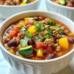- 1 lb ground turkey - 1 medium onion, chopped - 2 cloves garlic, minced - 1 bell pepper, chopped - 1 medium carrot, diced - 1 medium zucchini, diced - 1 can (15 oz) kidney beans, drained and rinsed - 1 can (15 oz) black beans, drained and rinsed - 1 can (28 oz) crushed tomatoes - 2 cups vegetable broth The heart of this dish is the ground turkey. It is lean and packed with protein. The colorful vegetables add nutrients and flavor. You can use any bell pepper you like. The beans bring a creamy texture that balances the spices. Crushed tomatoes and broth give it a warm, rich base. - 2 tablespoons chili powder - 1 teaspoon cumin - 1 teaspoon smoked paprika - 1/2 teaspoon cayenne pepper (optional) These spices are key to a great chili. Chili powder gives the dish its classic flavor. Cumin adds a warm, earthy note. Smoked paprika gives it a hint of smokiness. If you like heat, add cayenne for a spicy kick. - Fresh cilantro or parsley - Optional toppings: sour cream, cheese Garnishes add a pop of color and flavor. Fresh cilantro or parsley brightens the dish. Sour cream or cheese can add creaminess and richness. You can mix and match toppings to fit your taste. The right garnish makes your chili even more enjoyable! {{ingredient_image_1}} Start by heating olive oil in a large pot over medium heat. Add the chopped onion and sauté for about 2-3 minutes. You want the onion to turn translucent. Next, add the minced garlic, chopped bell pepper, and diced carrot. Cook these veggies for about 5 minutes until they are tender. Now, push the veggies to the sides of the pot. Add the ground turkey in the center. Cook it until browned, which takes about 5-7 minutes. Use a wooden spoon to break up the meat. This helps it cook evenly and prevents clumps. Once the turkey is browned, stir in the diced zucchini, drained kidney beans, and black beans. Make sure everything is mixed well. Pour in the crushed tomatoes and vegetable broth next. Add the chili powder, cumin, smoked paprika, and cayenne pepper if you like some heat. Stir everything together. Increase the heat to bring it to a simmer. Then, reduce the heat to low, cover, and let it simmer for 30-40 minutes. Remember to stir occasionally. Taste the chili and adjust the seasoning as needed before serving. You can easily change the spice level in your chili. Start with a small amount of cayenne pepper. If you want more heat, add a bit more. You can also use other spices like crushed red pepper or hot sauce. Remember, it's best to add heat slowly. You can always add more but can't take it out! Layering flavors makes your chili taste great. Start by sautéing your onion and garlic until they are soft. This brings out their sweetness. Then, add spices like cumin and smoked paprika early in the cooking. This lets the spices bloom and adds depth. You can also try adding a splash of lime juice at the end. This brightens the dish and adds freshness. You can cook this chili on the stovetop or in a slow cooker. The stovetop method is quicker. You can have dinner ready in about an hour. Just follow the steps closely. If you choose a slow cooker, let it cook on low for 6-8 hours. This method gives the flavors more time to mix. Either way, you'll end up with a tasty chili! Pro Tips Enhance Flavor: Add a splash of apple cider vinegar or a squeeze of lime juice just before serving to elevate the flavors. Make it Ahead: This chili tastes even better the next day, so consider making it in advance and reheating for a quick meal. Spice It Up: If you love heat, try adding diced jalapeños or chipotle in adobo sauce for a smoky kick. Vegetable Variations: Feel free to add other vegetables like sweet potatoes, corn, or spinach for added nutrition and flavor. {{image_2}} You can change up the beans in this recipe. Instead of kidney and black beans, try chickpeas or pinto beans. Each one brings a new taste and texture. You can also swap in seasonal veggies. Butternut squash, corn, or sweet potatoes work well in fall. In summer, add fresh tomatoes or bell peppers. These changes keep the chili feeling fresh and fun. If you want to switch the meat, ground chicken or beef are great picks. They cook similarly to turkey and taste amazing. For a plant-based option, use lentils or a meat substitute made from soy. Just be sure to adjust cooking times. You want everything to cook evenly and taste great. Adding unique spices can change your chili completely. Try a dash of cinnamon or cocoa for warmth. You can also use different chili powders, like chipotle, to add smokiness. Want some heat? Mix in hot sauce or jalapeños. Experiment with sauces like Worcestershire or soy sauce for depth. These twists make your chili special and your own. To store your Ground Turkey Harvest Chili, let it cool first. This step helps keep the chili fresh. Once cool, transfer it to an airtight container. You can store it in the fridge for up to four days. When you want to eat it, just scoop out the amount you need. If you want to save your chili for later, freezing is a great option. Place the cooled chili in freezer-safe bags or containers. Remove as much air as possible to prevent freezer burn. Your chili will stay good in the freezer for about three months. Label the bags with the date for easy tracking. To reheat your chili, you can use the stove or microwave. If you choose the stove, pour the chili into a pot. Heat it over medium heat, stirring often until hot. For the microwave, place it in a bowl and cover it. Heat in short bursts, stirring in between, until it’s warm. This keeps the flavors and texture just right. Enjoy your delicious chili! Ground Turkey Harvest Chili can last for 3 to 4 days in the fridge. Store it in an airtight container. This keeps the chili fresh and safe to eat. To enjoy it at its best, cool it down before placing it in the fridge. If you notice any off smells or changes in texture, it's best to toss it out. Yes, you can make this chili ahead of time. Prepping in advance helps the flavors blend better. It also saves you time on busy days. You can cook it, let it cool, and store it. Just reheat when you're ready to eat. Making it ahead also means you can enjoy a hearty meal without the fuss during the week. There are many tasty options to serve with Ground Turkey Harvest Chili. Here are a few ideas: - Cornbread for a sweet, soft touch. - Rice to soak up the delicious chili. - Fresh salad for a crunchy contrast. - Tortilla chips for a fun, crispy side. - A dollop of sour cream or Greek yogurt for creaminess. These sides add variety and enhance your meal experience! This blog post covered all you need to know about making Ground Turkey Harvest Chili. We explored key ingredients and spices for flavor. You learned how to prepare the base, cook the turkey, and combine everything for the perfect chili. I shared tips for adjusting spice levels and enhancing taste. You can even try variations with different proteins or vegetables. In the end, don’t hesitate to make this recipe your own. Enjoy your cooking!
