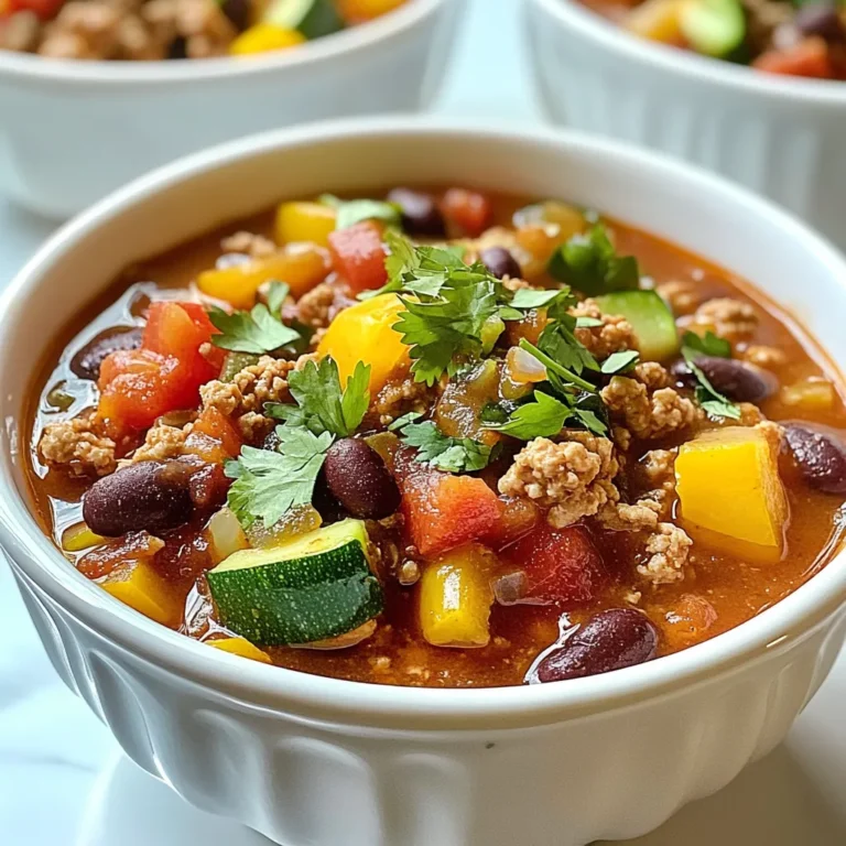 - 1 lb ground turkey - 1 medium onion, chopped - 2 cloves garlic, minced - 1 bell pepper, chopped - 1 medium carrot, diced - 1 medium zucchini, diced - 1 can (15 oz) kidney beans, drained and rinsed - 1 can (15 oz) black beans, drained and rinsed - 1 can (28 oz) crushed tomatoes - 2 cups vegetable broth The heart of this dish is the ground turkey. It is lean and packed with protein. The colorful vegetables add nutrients and flavor. You can use any bell pepper you like. The beans bring a creamy texture that balances the spices. Crushed tomatoes and broth give it a warm, rich base. - 2 tablespoons chili powder - 1 teaspoon cumin - 1 teaspoon smoked paprika - 1/2 teaspoon cayenne pepper (optional) These spices are key to a great chili. Chili powder gives the dish its classic flavor. Cumin adds a warm, earthy note. Smoked paprika gives it a hint of smokiness. If you like heat, add cayenne for a spicy kick. - Fresh cilantro or parsley - Optional toppings: sour cream, cheese Garnishes add a pop of color and flavor. Fresh cilantro or parsley brightens the dish. Sour cream or cheese can add creaminess and richness. You can mix and match toppings to fit your taste. The right garnish makes your chili even more enjoyable! {{ingredient_image_1}} Start by heating olive oil in a large pot over medium heat. Add the chopped onion and sauté for about 2-3 minutes. You want the onion to turn translucent. Next, add the minced garlic, chopped bell pepper, and diced carrot. Cook these veggies for about 5 minutes until they are tender. Now, push the veggies to the sides of the pot. Add the ground turkey in the center. Cook it until browned, which takes about 5-7 minutes. Use a wooden spoon to break up the meat. This helps it cook evenly and prevents clumps. Once the turkey is browned, stir in the diced zucchini, drained kidney beans, and black beans. Make sure everything is mixed well. Pour in the crushed tomatoes and vegetable broth next. Add the chili powder, cumin, smoked paprika, and cayenne pepper if you like some heat. Stir everything together. Increase the heat to bring it to a simmer. Then, reduce the heat to low, cover, and let it simmer for 30-40 minutes. Remember to stir occasionally. Taste the chili and adjust the seasoning as needed before serving. You can easily change the spice level in your chili. Start with a small amount of cayenne pepper. If you want more heat, add a bit more. You can also use other spices like crushed red pepper or hot sauce. Remember, it's best to add heat slowly. You can always add more but can't take it out! Layering flavors makes your chili taste great. Start by sautéing your onion and garlic until they are soft. This brings out their sweetness. Then, add spices like cumin and smoked paprika early in the cooking. This lets the spices bloom and adds depth. You can also try adding a splash of lime juice at the end. This brightens the dish and adds freshness. You can cook this chili on the stovetop or in a slow cooker. The stovetop method is quicker. You can have dinner ready in about an hour. Just follow the steps closely. If you choose a slow cooker, let it cook on low for 6-8 hours. This method gives the flavors more time to mix. Either way, you'll end up with a tasty chili! Pro Tips Enhance Flavor: Add a splash of apple cider vinegar or a squeeze of lime juice just before serving to elevate the flavors. Make it Ahead: This chili tastes even better the next day, so consider making it in advance and reheating for a quick meal. Spice It Up: If you love heat, try adding diced jalapeños or chipotle in adobo sauce for a smoky kick. Vegetable Variations: Feel free to add other vegetables like sweet potatoes, corn, or spinach for added nutrition and flavor. {{image_2}} You can change up the beans in this recipe. Instead of kidney and black beans, try chickpeas or pinto beans. Each one brings a new taste and texture. You can also swap in seasonal veggies. Butternut squash, corn, or sweet potatoes work well in fall. In summer, add fresh tomatoes or bell peppers. These changes keep the chili feeling fresh and fun. If you want to switch the meat, ground chicken or beef are great picks. They cook similarly to turkey and taste amazing. For a plant-based option, use lentils or a meat substitute made from soy. Just be sure to adjust cooking times. You want everything to cook evenly and taste great. Adding unique spices can change your chili completely. Try a dash of cinnamon or cocoa for warmth. You can also use different chili powders, like chipotle, to add smokiness. Want some heat? Mix in hot sauce or jalapeños. Experiment with sauces like Worcestershire or soy sauce for depth. These twists make your chili special and your own. To store your Ground Turkey Harvest Chili, let it cool first. This step helps keep the chili fresh. Once cool, transfer it to an airtight container. You can store it in the fridge for up to four days. When you want to eat it, just scoop out the amount you need. If you want to save your chili for later, freezing is a great option. Place the cooled chili in freezer-safe bags or containers. Remove as much air as possible to prevent freezer burn. Your chili will stay good in the freezer for about three months. Label the bags with the date for easy tracking. To reheat your chili, you can use the stove or microwave. If you choose the stove, pour the chili into a pot. Heat it over medium heat, stirring often until hot. For the microwave, place it in a bowl and cover it. Heat in short bursts, stirring in between, until it’s warm. This keeps the flavors and texture just right. Enjoy your delicious chili! Ground Turkey Harvest Chili can last for 3 to 4 days in the fridge. Store it in an airtight container. This keeps the chili fresh and safe to eat. To enjoy it at its best, cool it down before placing it in the fridge. If you notice any off smells or changes in texture, it's best to toss it out. Yes, you can make this chili ahead of time. Prepping in advance helps the flavors blend better. It also saves you time on busy days. You can cook it, let it cool, and store it. Just reheat when you're ready to eat. Making it ahead also means you can enjoy a hearty meal without the fuss during the week. There are many tasty options to serve with Ground Turkey Harvest Chili. Here are a few ideas: - Cornbread for a sweet, soft touch. - Rice to soak up the delicious chili. - Fresh salad for a crunchy contrast. - Tortilla chips for a fun, crispy side. - A dollop of sour cream or Greek yogurt for creaminess. These sides add variety and enhance your meal experience! This blog post covered all you need to know about making Ground Turkey Harvest Chili. We explored key ingredients and spices for flavor. You learned how to prepare the base, cook the turkey, and combine everything for the perfect chili. I shared tips for adjusting spice levels and enhancing taste. You can even try variations with different proteins or vegetables. In the end, don’t hesitate to make this recipe your own. Enjoy your cooking!