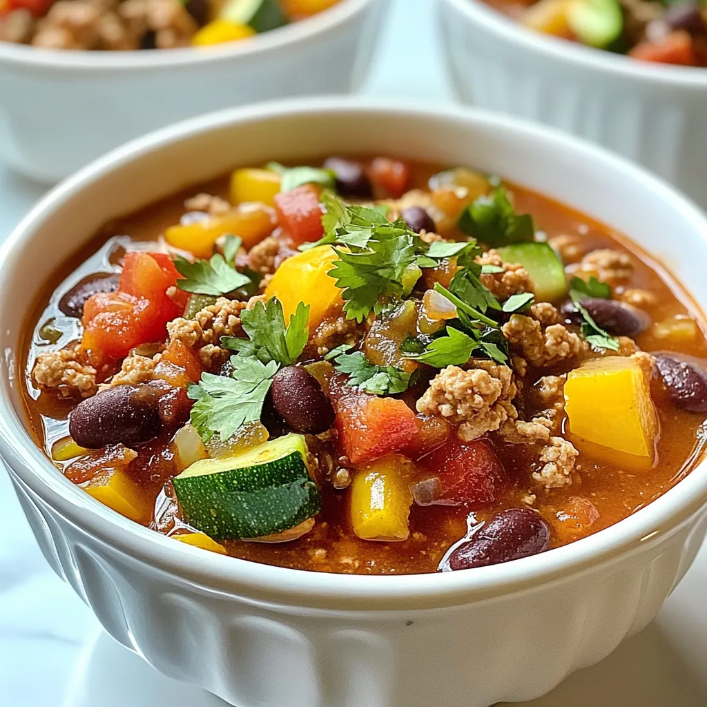 - 1 lb ground turkey - 1 medium onion, chopped - 2 cloves garlic, minced - 1 bell pepper, chopped - 1 medium carrot, diced - 1 medium zucchini, diced - 1 can (15 oz) kidney beans, drained and rinsed - 1 can (15 oz) black beans, drained and rinsed - 1 can (28 oz) crushed tomatoes - 2 cups vegetable broth The heart of this dish is the ground turkey. It is lean and packed with protein. The colorful vegetables add nutrients and flavor. You can use any bell pepper you like. The beans bring a creamy texture that balances the spices. Crushed tomatoes and broth give it a warm, rich base. - 2 tablespoons chili powder - 1 teaspoon cumin - 1 teaspoon smoked paprika - 1/2 teaspoon cayenne pepper (optional) These spices are key to a great chili. Chili powder gives the dish its classic flavor. Cumin adds a warm, earthy note. Smoked paprika gives it a hint of smokiness. If you like heat, add cayenne for a spicy kick. - Fresh cilantro or parsley - Optional toppings: sour cream, cheese Garnishes add a pop of color and flavor. Fresh cilantro or parsley brightens the dish. Sour cream or cheese can add creaminess and richness. You can mix and match toppings to fit your taste. The right garnish makes your chili even more enjoyable! {{ingredient_image_1}} Start by heating olive oil in a large pot over medium heat. Add the chopped onion and sauté for about 2-3 minutes. You want the onion to turn translucent. Next, add the minced garlic, chopped bell pepper, and diced carrot. Cook these veggies for about 5 minutes until they are tender. Now, push the veggies to the sides of the pot. Add the ground turkey in the center. Cook it until browned, which takes about 5-7 minutes. Use a wooden spoon to break up the meat. This helps it cook evenly and prevents clumps. Once the turkey is browned, stir in the diced zucchini, drained kidney beans, and black beans. Make sure everything is mixed well. Pour in the crushed tomatoes and vegetable broth next. Add the chili powder, cumin, smoked paprika, and cayenne pepper if you like some heat. Stir everything together. Increase the heat to bring it to a simmer. Then, reduce the heat to low, cover, and let it simmer for 30-40 minutes. Remember to stir occasionally. Taste the chili and adjust the seasoning as needed before serving. You can easily change the spice level in your chili. Start with a small amount of cayenne pepper. If you want more heat, add a bit more. You can also use other spices like crushed red pepper or hot sauce. Remember, it's best to add heat slowly. You can always add more but can't take it out! Layering flavors makes your chili taste great. Start by sautéing your onion and garlic until they are soft. This brings out their sweetness. Then, add spices like cumin and smoked paprika early in the cooking. This lets the spices bloom and adds depth. You can also try adding a splash of lime juice at the end. This brightens the dish and adds freshness. You can cook this chili on the stovetop or in a slow cooker. The stovetop method is quicker. You can have dinner ready in about an hour. Just follow the steps closely. If you choose a slow cooker, let it cook on low for 6-8 hours. This method gives the flavors more time to mix. Either way, you'll end up with a tasty chili! Pro Tips Enhance Flavor: Add a splash of apple cider vinegar or a squeeze of lime juice just before serving to elevate the flavors. Make it Ahead: This chili tastes even better the next day, so consider making it in advance and reheating for a quick meal. Spice It Up: If you love heat, try adding diced jalapeños or chipotle in adobo sauce for a smoky kick. Vegetable Variations: Feel free to add other vegetables like sweet potatoes, corn, or spinach for added nutrition and flavor. {{image_2}} You can change up the beans in this recipe. Instead of kidney and black beans, try chickpeas or pinto beans. Each one brings a new taste and texture. You can also swap in seasonal veggies. Butternut squash, corn, or sweet potatoes work well in fall. In summer, add fresh tomatoes or bell peppers. These changes keep the chili feeling fresh and fun. If you want to switch the meat, ground chicken or beef are great picks. They cook similarly to turkey and taste amazing. For a plant-based option, use lentils or a meat substitute made from soy. Just be sure to adjust cooking times. You want everything to cook evenly and taste great. Adding unique spices can change your chili completely. Try a dash of cinnamon or cocoa for warmth. You can also use different chili powders, like chipotle, to add smokiness. Want some heat? Mix in hot sauce or jalapeños. Experiment with sauces like Worcestershire or soy sauce for depth. These twists make your chili special and your own. To store your Ground Turkey Harvest Chili, let it cool first. This step helps keep the chili fresh. Once cool, transfer it to an airtight container. You can store it in the fridge for up to four days. When you want to eat it, just scoop out the amount you need. If you want to save your chili for later, freezing is a great option. Place the cooled chili in freezer-safe bags or containers. Remove as much air as possible to prevent freezer burn. Your chili will stay good in the freezer for about three months. Label the bags with the date for easy tracking. To reheat your chili, you can use the stove or microwave. If you choose the stove, pour the chili into a pot. Heat it over medium heat, stirring often until hot. For the microwave, place it in a bowl and cover it. Heat in short bursts, stirring in between, until it’s warm. This keeps the flavors and texture just right. Enjoy your delicious chili! Ground Turkey Harvest Chili can last for 3 to 4 days in the fridge. Store it in an airtight container. This keeps the chili fresh and safe to eat. To enjoy it at its best, cool it down before placing it in the fridge. If you notice any off smells or changes in texture, it's best to toss it out. Yes, you can make this chili ahead of time. Prepping in advance helps the flavors blend better. It also saves you time on busy days. You can cook it, let it cool, and store it. Just reheat when you're ready to eat. Making it ahead also means you can enjoy a hearty meal without the fuss during the week. There are many tasty options to serve with Ground Turkey Harvest Chili. Here are a few ideas: - Cornbread for a sweet, soft touch. - Rice to soak up the delicious chili. - Fresh salad for a crunchy contrast. - Tortilla chips for a fun, crispy side. - A dollop of sour cream or Greek yogurt for creaminess. These sides add variety and enhance your meal experience! This blog post covered all you need to know about making Ground Turkey Harvest Chili. We explored key ingredients and spices for flavor. You learned how to prepare the base, cook the turkey, and combine everything for the perfect chili. I shared tips for adjusting spice levels and enhancing taste. You can even try variations with different proteins or vegetables. In the end, don’t hesitate to make this recipe your own. Enjoy your cooking!