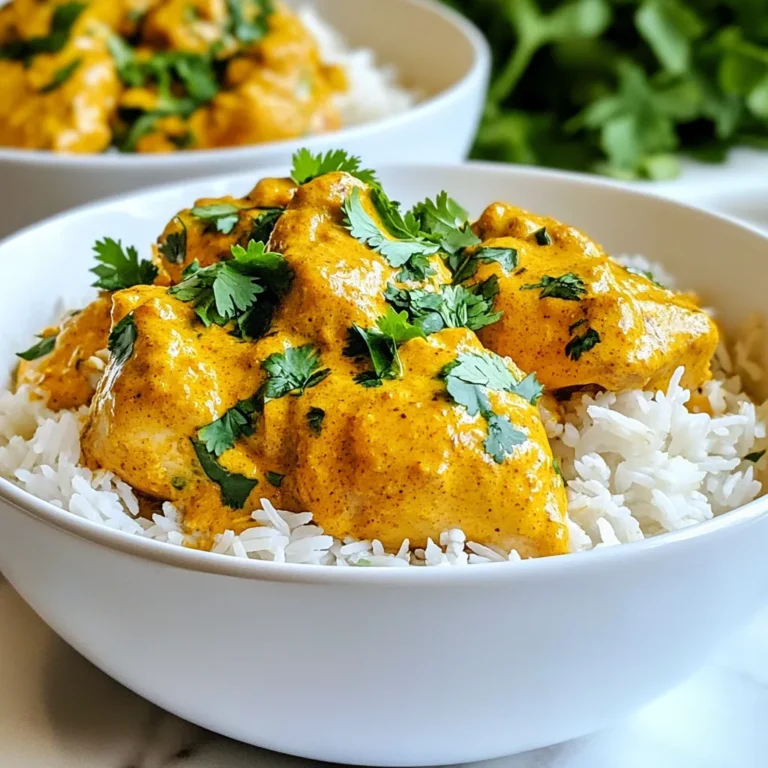- 1.5 lbs bone-in, skinless chicken thighs (or chicken breast, if preferred) - 1 cup coconut milk - 1/2 cup plain yogurt - 1 onion, finely chopped - 4 cloves garlic, minced - 1 tablespoon ginger, grated - 2 tablespoons garam masala - 1 teaspoon turmeric powder - 1 teaspoon ground cumin - 1 teaspoon chili powder (adjust for spice preference) - 1 can (14 oz) diced tomatoes - 2 tablespoons tomato paste - Salt and pepper to taste The heart of this dish lies in its main ingredients. For the chicken, I often choose thighs for their rich flavor, but breasts work well too. Coconut milk and yogurt create a creamy texture. The chopped onion, minced garlic, and grated ginger add depth. The spices are vital. Garam masala brings warmth, while turmeric adds color. Cumin gives a nutty note, and chili powder can bring heat. Diced tomatoes and tomato paste balance the sauce, while salt and pepper enhance all these flavors. - Fresh cilantro - Additional spices - Lemon wedges Garnishing is a fun way to elevate your meal. Fresh cilantro adds a burst of freshness. You can sprinkle more spices for extra flavor. Lemon wedges give a nice zesty touch. Each garnish enhances the dish, making it even more delightful. {{ingredient_image_1}} Start by chopping the onion into small pieces. Then, mince the garlic. Finally, grate the ginger until you have about a tablespoon. These three ingredients add a lot of flavor to your dish. In a large bowl, mix together one cup of coconut milk and half a cup of plain yogurt. Add in two tablespoons of garam masala, one teaspoon of turmeric, one teaspoon of ground cumin, and one teaspoon of chili powder. Adjust the chili powder based on how spicy you like your food. Season with salt and pepper, and stir until well combined. Place the chopped onion at the bottom of the slow cooker. Next, add the minced garlic and grated ginger. Then, lay the chicken thighs on top. Pour the coconut milk mixture over the chicken to coat it well. Cover the slow cooker and cook on low for six to eight hours. If you’re short on time, you can use the high setting for four hours. The chicken should be very tender when done. About thirty minutes before serving, shred the chicken in the slow cooker. Use two forks to pull the meat apart. Stir the shredded chicken into the sauce to combine it well. Serve the butter chicken over cooked basmati rice. For a nice touch, garnish with freshly chopped cilantro. This adds color and fresh flavor to your meal. For butter chicken, you can use either bone-in or boneless chicken. Bone-in chicken gives more flavor. Skinless chicken thighs work best for tenderness. If you prefer, you can also use chicken breast. It is leaner but can dry out if overcooked. Butter chicken can be mild or spicy. If you like it mild, use less chili powder. Start with half a teaspoon and taste as you go. For a spicier dish, add more chili powder or include fresh chili peppers. Remember, you can always add spice, but you can't take it away! To make your butter chicken even better, consider adding fresh herbs. Cilantro is a great choice for garnish. You can also mix in a pinch of cinnamon or a dash of cardamom for more depth. A squeeze of lemon juice before serving brightens the dish nicely, giving it a fresh taste. Pro Tips Choose the Right Chicken: Bone-in, skinless chicken thighs provide the best flavor and tenderness for this dish. If you prefer a leaner option, chicken breasts can be used, but they may dry out more easily. Adjusting Spice Levels: Feel free to adjust the amount of chili powder based on your spice preference. Start with less if you're unsure, and add more as needed for your taste. Make It Ahead: This dish is perfect for meal prep! You can prepare it a day in advance and store it in the fridge. The flavors deepen and improve overnight. Garnish for Flavor: Fresh cilantro adds a burst of flavor to your butter chicken. Don't skip this step as it balances the richness of the dish beautifully. {{image_2}} You can easily make this dish vegetarian. Just replace the chicken with paneer or tofu. Paneer gives a nice, soft texture, while tofu soaks up the sauce well. Cut the paneer or tofu into cubes. Cook them just like the chicken. The flavors will shine through the coconut milk base. Want to change up the taste? Add coconut curry paste for a richer flavor. You can also try different spice blends. Experiment with curry powder or add a pinch of cinnamon. Each option will give you a unique twist. Think about what to serve with your butter chicken. Naan bread is a classic choice. You can also try serving it with quinoa. Both options soak up the sauce nicely. For a lighter side, serve it with a fresh salad. Butter chicken lasts about 3 to 4 days in the fridge. Store it in an airtight container. Ensure it cools down before you seal it. This keeps it fresh and prevents bacteria. For freezing, let the butter chicken cool completely. Use a freezer-safe container or a heavy-duty freezer bag. Leave some space for expansion. It can last up to 3 months in the freezer. To avoid freezer burn, remove as much air as possible. When reheating, use the stove or microwave. For the stove, warm it on low heat. Stir often to keep it from sticking. If using a microwave, heat in short bursts. Stir between intervals for even warmth. Add a splash of water or coconut milk to keep it creamy. Enjoy the same great taste! Yes, you can use frozen chicken. However, it is best to thaw it first. Cooking frozen chicken may take longer. Always check that the chicken reaches 165°F to ensure safety. To thicken the sauce, you have a few options. You can: - Add more tomato paste. - Mix in a little cornstarch with water and stir it in. - Cook uncovered for the last hour to reduce the sauce. Each method helps create a creamy, rich texture. Yes, you can. Prepare the dish the day before and store it in the fridge. Simply reheat in the slow cooker or on the stove. This allows the flavors to meld even more. Butter chicken goes well with many sides. Some great options include: - Cooked basmati rice - Naan bread - Steamed vegetables - Cucumber salad These sides balance the richness of the dish. To cook butter chicken in a pressure cooker, you can follow these steps: - Sauté the onion, garlic, and ginger first. - Add the chicken and sauce ingredients. - Cook on high pressure for about 10-12 minutes. - Use quick release to finish. This method saves time while keeping the flavors intact. You learned how to make delicious butter chicken in a slow cooker. We covered key ingredients like chicken, coconut milk, and spices. I shared step-by-step instructions, tips for flavor, and options for vegetarian variations. Remember, adjust spices to fit your taste and try different sides. Meal prep is easy, and this dish stores well. Enjoy making this tasty meal for family or friends. It's a sure way to impress everyone at your table.