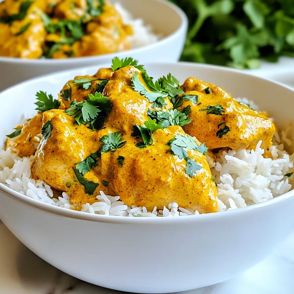 - 1.5 lbs bone-in, skinless chicken thighs (or chicken breast, if preferred) - 1 cup coconut milk - 1/2 cup plain yogurt - 1 onion, finely chopped - 4 cloves garlic, minced - 1 tablespoon ginger, grated - 2 tablespoons garam masala - 1 teaspoon turmeric powder - 1 teaspoon ground cumin - 1 teaspoon chili powder (adjust for spice preference) - 1 can (14 oz) diced tomatoes - 2 tablespoons tomato paste - Salt and pepper to taste The heart of this dish lies in its main ingredients. For the chicken, I often choose thighs for their rich flavor, but breasts work well too. Coconut milk and yogurt create a creamy texture. The chopped onion, minced garlic, and grated ginger add depth. The spices are vital. Garam masala brings warmth, while turmeric adds color. Cumin gives a nutty note, and chili powder can bring heat. Diced tomatoes and tomato paste balance the sauce, while salt and pepper enhance all these flavors. - Fresh cilantro - Additional spices - Lemon wedges Garnishing is a fun way to elevate your meal. Fresh cilantro adds a burst of freshness. You can sprinkle more spices for extra flavor. Lemon wedges give a nice zesty touch. Each garnish enhances the dish, making it even more delightful. {{ingredient_image_1}} Start by chopping the onion into small pieces. Then, mince the garlic. Finally, grate the ginger until you have about a tablespoon. These three ingredients add a lot of flavor to your dish. In a large bowl, mix together one cup of coconut milk and half a cup of plain yogurt. Add in two tablespoons of garam masala, one teaspoon of turmeric, one teaspoon of ground cumin, and one teaspoon of chili powder. Adjust the chili powder based on how spicy you like your food. Season with salt and pepper, and stir until well combined. Place the chopped onion at the bottom of the slow cooker. Next, add the minced garlic and grated ginger. Then, lay the chicken thighs on top. Pour the coconut milk mixture over the chicken to coat it well. Cover the slow cooker and cook on low for six to eight hours. If you’re short on time, you can use the high setting for four hours. The chicken should be very tender when done. About thirty minutes before serving, shred the chicken in the slow cooker. Use two forks to pull the meat apart. Stir the shredded chicken into the sauce to combine it well. Serve the butter chicken over cooked basmati rice. For a nice touch, garnish with freshly chopped cilantro. This adds color and fresh flavor to your meal. For butter chicken, you can use either bone-in or boneless chicken. Bone-in chicken gives more flavor. Skinless chicken thighs work best for tenderness. If you prefer, you can also use chicken breast. It is leaner but can dry out if overcooked. Butter chicken can be mild or spicy. If you like it mild, use less chili powder. Start with half a teaspoon and taste as you go. For a spicier dish, add more chili powder or include fresh chili peppers. Remember, you can always add spice, but you can't take it away! To make your butter chicken even better, consider adding fresh herbs. Cilantro is a great choice for garnish. You can also mix in a pinch of cinnamon or a dash of cardamom for more depth. A squeeze of lemon juice before serving brightens the dish nicely, giving it a fresh taste. Pro Tips Choose the Right Chicken: Bone-in, skinless chicken thighs provide the best flavor and tenderness for this dish. If you prefer a leaner option, chicken breasts can be used, but they may dry out more easily. Adjusting Spice Levels: Feel free to adjust the amount of chili powder based on your spice preference. Start with less if you're unsure, and add more as needed for your taste. Make It Ahead: This dish is perfect for meal prep! You can prepare it a day in advance and store it in the fridge. The flavors deepen and improve overnight. Garnish for Flavor: Fresh cilantro adds a burst of flavor to your butter chicken. Don't skip this step as it balances the richness of the dish beautifully. {{image_2}} You can easily make this dish vegetarian. Just replace the chicken with paneer or tofu. Paneer gives a nice, soft texture, while tofu soaks up the sauce well. Cut the paneer or tofu into cubes. Cook them just like the chicken. The flavors will shine through the coconut milk base. Want to change up the taste? Add coconut curry paste for a richer flavor. You can also try different spice blends. Experiment with curry powder or add a pinch of cinnamon. Each option will give you a unique twist. Think about what to serve with your butter chicken. Naan bread is a classic choice. You can also try serving it with quinoa. Both options soak up the sauce nicely. For a lighter side, serve it with a fresh salad. Butter chicken lasts about 3 to 4 days in the fridge. Store it in an airtight container. Ensure it cools down before you seal it. This keeps it fresh and prevents bacteria. For freezing, let the butter chicken cool completely. Use a freezer-safe container or a heavy-duty freezer bag. Leave some space for expansion. It can last up to 3 months in the freezer. To avoid freezer burn, remove as much air as possible. When reheating, use the stove or microwave. For the stove, warm it on low heat. Stir often to keep it from sticking. If using a microwave, heat in short bursts. Stir between intervals for even warmth. Add a splash of water or coconut milk to keep it creamy. Enjoy the same great taste! Yes, you can use frozen chicken. However, it is best to thaw it first. Cooking frozen chicken may take longer. Always check that the chicken reaches 165°F to ensure safety. To thicken the sauce, you have a few options. You can: - Add more tomato paste. - Mix in a little cornstarch with water and stir it in. - Cook uncovered for the last hour to reduce the sauce. Each method helps create a creamy, rich texture. Yes, you can. Prepare the dish the day before and store it in the fridge. Simply reheat in the slow cooker or on the stove. This allows the flavors to meld even more. Butter chicken goes well with many sides. Some great options include: - Cooked basmati rice - Naan bread - Steamed vegetables - Cucumber salad These sides balance the richness of the dish. To cook butter chicken in a pressure cooker, you can follow these steps: - Sauté the onion, garlic, and ginger first. - Add the chicken and sauce ingredients. - Cook on high pressure for about 10-12 minutes. - Use quick release to finish. This method saves time while keeping the flavors intact. You learned how to make delicious butter chicken in a slow cooker. We covered key ingredients like chicken, coconut milk, and spices. I shared step-by-step instructions, tips for flavor, and options for vegetarian variations. Remember, adjust spices to fit your taste and try different sides. Meal prep is easy, and this dish stores well. Enjoy making this tasty meal for family or friends. It's a sure way to impress everyone at your table.
