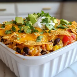 To make a tasty Chicken Taco Casserole, you need fresh and simple ingredients. Here’s what you will use: - 2 cups cooked chicken, shredded - 1 can (15 oz) black beans, rinsed and drained - 1 cup corn kernels (frozen or canned) - 1 can (10 oz) diced tomatoes with green chilies - 1 packet taco seasoning - 2 cups tortilla chips, crushed - 2 cups shredded cheddar cheese - 1 cup sour cream - 1/4 cup fresh cilantro, chopped (for garnish) - 1 avocado, diced (for garnish) - 1 jalapeño, sliced (optional for garnish) Each ingredient adds flavor and texture. The cooked chicken is the star, while black beans and corn give it heartiness. The diced tomatoes bring a nice kick, thanks to the green chilies. Taco seasoning ties everything together with its bold taste. Tortilla chips add a crunchy layer, and cheese makes it gooey and delicious. Sour cream adds a creamy touch, and garnishes like cilantro, avocado, and jalapeño bring color and freshness. Feel free to adjust any ingredients to fit your taste. This dish is all about making it yours! {{ingredient_image_1}} - Preheat your oven to 350°F (175°C). - In a large mixing bowl, combine the shredded chicken, black beans, corn, diced tomatoes with green chilies, and taco seasoning. Mix well until all ingredients are coated with the seasoning. - Grease a 9x13 inch baking dish. Spread half of the crushed tortilla chips evenly at the bottom. - Spoon half of the chicken mixture over the tortilla chips. Add half of the cheddar cheese on top. - Repeat the layers: add the remaining tortilla chips, then the rest of the chicken mixture, and top with the rest of the cheddar cheese. - In a separate bowl, mix the sour cream with a splash of lime juice if you want extra flavor. Spread this mixture over the top layer of cheese. - Cover the baking dish with aluminum foil and bake for 25 minutes. - After 25 minutes, remove the foil and bake for an additional 10–15 minutes. Look for the cheese to be bubbly and golden. - When it’s done, take it out of the oven and let it cool for a few minutes. Garnish with chopped cilantro, diced avocado, and sliced jalapeños if you like. - Slice and serve warm. You can dish it out or serve it alongside a fresh green salad. - Choosing the right chicken Use cooked chicken for easy prep. I love rotisserie chicken for great flavor. You can also use leftover chicken from other meals. Just shred it into small pieces for even coverage. - Adjusting spice levels Spice is key in a taco casserole. If you want less heat, use mild taco seasoning. For more kick, try spicy seasoning or add sliced jalapeños. Taste the mixture before baking to find your perfect level. - Best cheese options Cheddar cheese is classic and melts well. You can also mix in Monterey Jack for a creamy texture. If you like bold flavors, try pepper jack cheese for a spicy twist. - Pairing with salads or sides This casserole is filling, so pair it with a light salad. A simple green salad with lime vinaigrette works well. You can also serve it with fresh guacamole or salsa for extra flavor. - Presentation tips for garnishing Presentation matters! After baking, sprinkle fresh cilantro on top. Diced avocado adds color and creaminess. For a pop of heat, add jalapeño slices. Serve it warm for the best taste and look. Pro Tips Use Rotisserie Chicken: For a quicker prep time, consider using store-bought rotisserie chicken. It saves cooking time and adds a delicious flavor. Customize Your Spice Level: Adjust the amount of taco seasoning or add diced jalapeños to the chicken mixture for a spicier kick. Layer with Care: Ensure even layering of ingredients for a balanced flavor in every bite. Spread each layer evenly to prevent sogginess. Garnish for Freshness: Fresh garnishes like cilantro and avocado not only enhance the dish's appearance but also add refreshing flavors that complement the casserole. {{image_2}} Using different proteins You can switch out chicken for turkey, beef, or pork. Each option brings a new flavor. If you use cooked meats, ensure they are shredded or diced. This keeps the dish easy to serve. Vegetarian alternatives For a meatless dish, replace the chicken with more beans or lentils. You can also add sautéed veggies like bell peppers and zucchini. This keeps the casserole hearty and satisfying. Low-carb options If you want a low-carb dish, skip the tortilla chips. Instead, use cauliflower rice for a base. It keeps the texture nice while cutting carbs. Adding more spices Feel free to boost flavor by adding spices. Cumin, paprika, or chili powder can give an extra kick. You can also mix in garlic or onion powder for depth. Additional toppings to consider Don't forget toppings! Sour cream adds creaminess, while fresh cilantro gives brightness. Avocado slices or jalapeños bring freshness and heat. You can even add a squeeze of lime for zest. To keep your chicken taco casserole fresh, store it in the fridge. Place it in an airtight container. It will last for about three to four days. If you want to save it longer, freezing is a great option. Wrap the casserole tightly in plastic wrap, then foil. It can last for up to three months in the freezer. When it's time to enjoy your leftovers, the best way to reheat is in the oven. Preheat the oven to 350°F (175°C). Place the casserole in an oven-safe dish and cover it with foil. Heat for about 20-25 minutes. This helps keep the cheese nice and melty. You can also use the microwave, but be careful. Heat in short bursts, checking often to avoid sogginess. Enjoy your meal just like it was fresh! How long does chicken taco casserole last? Chicken taco casserole lasts about 3 to 4 days in the fridge. Make sure you cover it well to keep it fresh. Store it in an airtight container for best results. Can I make this dish ahead of time? Yes, you can make this dish ahead of time. Prepare the casserole, but don’t bake it. Just cover it and place it in the fridge. When you’re ready to eat, bake it as directed. This saves time on busy days. What can I serve with chicken taco casserole? You can serve chicken taco casserole with a fresh salad or some guacamole. Rice or beans work well too. For a fun twist, add tortilla chips or a side of salsa. This makes your meal even more enjoyable! The chicken taco casserole is easy to make and tasty. You blend cooked chicken, beans, corn, and spices. Then, you layer it all and bake. You can change ingredients and adjust spices to fit your taste. Store leftovers in the fridge or freeze them for later. This dish suits many occasions and is fun to serve. With these tips, you can impress friends and family with your cooking skills. Enjoy your delicious meal!