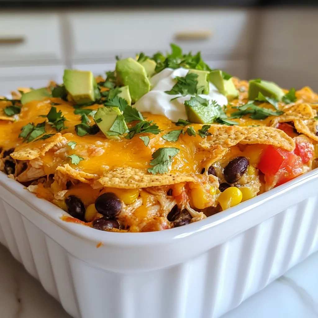 To make a tasty Chicken Taco Casserole, you need fresh and simple ingredients. Here’s what you will use: - 2 cups cooked chicken, shredded - 1 can (15 oz) black beans, rinsed and drained - 1 cup corn kernels (frozen or canned) - 1 can (10 oz) diced tomatoes with green chilies - 1 packet taco seasoning - 2 cups tortilla chips, crushed - 2 cups shredded cheddar cheese - 1 cup sour cream - 1/4 cup fresh cilantro, chopped (for garnish) - 1 avocado, diced (for garnish) - 1 jalapeño, sliced (optional for garnish) Each ingredient adds flavor and texture. The cooked chicken is the star, while black beans and corn give it heartiness. The diced tomatoes bring a nice kick, thanks to the green chilies. Taco seasoning ties everything together with its bold taste. Tortilla chips add a crunchy layer, and cheese makes it gooey and delicious. Sour cream adds a creamy touch, and garnishes like cilantro, avocado, and jalapeño bring color and freshness. Feel free to adjust any ingredients to fit your taste. This dish is all about making it yours! {{ingredient_image_1}} - Preheat your oven to 350°F (175°C). - In a large mixing bowl, combine the shredded chicken, black beans, corn, diced tomatoes with green chilies, and taco seasoning. Mix well until all ingredients are coated with the seasoning. - Grease a 9x13 inch baking dish. Spread half of the crushed tortilla chips evenly at the bottom. - Spoon half of the chicken mixture over the tortilla chips. Add half of the cheddar cheese on top. - Repeat the layers: add the remaining tortilla chips, then the rest of the chicken mixture, and top with the rest of the cheddar cheese. - In a separate bowl, mix the sour cream with a splash of lime juice if you want extra flavor. Spread this mixture over the top layer of cheese. - Cover the baking dish with aluminum foil and bake for 25 minutes. - After 25 minutes, remove the foil and bake for an additional 10–15 minutes. Look for the cheese to be bubbly and golden. - When it’s done, take it out of the oven and let it cool for a few minutes. Garnish with chopped cilantro, diced avocado, and sliced jalapeños if you like. - Slice and serve warm. You can dish it out or serve it alongside a fresh green salad. - Choosing the right chicken Use cooked chicken for easy prep. I love rotisserie chicken for great flavor. You can also use leftover chicken from other meals. Just shred it into small pieces for even coverage. - Adjusting spice levels Spice is key in a taco casserole. If you want less heat, use mild taco seasoning. For more kick, try spicy seasoning or add sliced jalapeños. Taste the mixture before baking to find your perfect level. - Best cheese options Cheddar cheese is classic and melts well. You can also mix in Monterey Jack for a creamy texture. If you like bold flavors, try pepper jack cheese for a spicy twist. - Pairing with salads or sides This casserole is filling, so pair it with a light salad. A simple green salad with lime vinaigrette works well. You can also serve it with fresh guacamole or salsa for extra flavor. - Presentation tips for garnishing Presentation matters! After baking, sprinkle fresh cilantro on top. Diced avocado adds color and creaminess. For a pop of heat, add jalapeño slices. Serve it warm for the best taste and look. Pro Tips Use Rotisserie Chicken: For a quicker prep time, consider using store-bought rotisserie chicken. It saves cooking time and adds a delicious flavor. Customize Your Spice Level: Adjust the amount of taco seasoning or add diced jalapeños to the chicken mixture for a spicier kick. Layer with Care: Ensure even layering of ingredients for a balanced flavor in every bite. Spread each layer evenly to prevent sogginess. Garnish for Freshness: Fresh garnishes like cilantro and avocado not only enhance the dish's appearance but also add refreshing flavors that complement the casserole. {{image_2}} Using different proteins You can switch out chicken for turkey, beef, or pork. Each option brings a new flavor. If you use cooked meats, ensure they are shredded or diced. This keeps the dish easy to serve. Vegetarian alternatives For a meatless dish, replace the chicken with more beans or lentils. You can also add sautéed veggies like bell peppers and zucchini. This keeps the casserole hearty and satisfying. Low-carb options If you want a low-carb dish, skip the tortilla chips. Instead, use cauliflower rice for a base. It keeps the texture nice while cutting carbs. Adding more spices Feel free to boost flavor by adding spices. Cumin, paprika, or chili powder can give an extra kick. You can also mix in garlic or onion powder for depth. Additional toppings to consider Don't forget toppings! Sour cream adds creaminess, while fresh cilantro gives brightness. Avocado slices or jalapeños bring freshness and heat. You can even add a squeeze of lime for zest. To keep your chicken taco casserole fresh, store it in the fridge. Place it in an airtight container. It will last for about three to four days. If you want to save it longer, freezing is a great option. Wrap the casserole tightly in plastic wrap, then foil. It can last for up to three months in the freezer. When it's time to enjoy your leftovers, the best way to reheat is in the oven. Preheat the oven to 350°F (175°C). Place the casserole in an oven-safe dish and cover it with foil. Heat for about 20-25 minutes. This helps keep the cheese nice and melty. You can also use the microwave, but be careful. Heat in short bursts, checking often to avoid sogginess. Enjoy your meal just like it was fresh! How long does chicken taco casserole last? Chicken taco casserole lasts about 3 to 4 days in the fridge. Make sure you cover it well to keep it fresh. Store it in an airtight container for best results. Can I make this dish ahead of time? Yes, you can make this dish ahead of time. Prepare the casserole, but don’t bake it. Just cover it and place it in the fridge. When you’re ready to eat, bake it as directed. This saves time on busy days. What can I serve with chicken taco casserole? You can serve chicken taco casserole with a fresh salad or some guacamole. Rice or beans work well too. For a fun twist, add tortilla chips or a side of salsa. This makes your meal even more enjoyable! The chicken taco casserole is easy to make and tasty. You blend cooked chicken, beans, corn, and spices. Then, you layer it all and bake. You can change ingredients and adjust spices to fit your taste. Store leftovers in the fridge or freeze them for later. This dish suits many occasions and is fun to serve. With these tips, you can impress friends and family with your cooking skills. Enjoy your delicious meal!