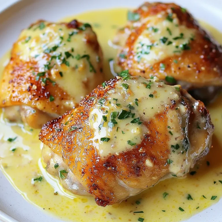 - 6 chicken thighs (bone-in, skin-on for extra flavor) - 4 cloves garlic, minced - 1 cup grated Parmesan cheese - 1/2 cup chicken broth - 1/4 cup heavy cream - 1 tablespoon olive oil - 1 teaspoon dried Italian herbs (oregano, thyme, basil) - Salt and pepper to taste - Fresh parsley, chopped (for garnish) To make Crockpot Garlic Parmesan Chicken Thighs, you need fresh and high-quality ingredients. The star of this dish is the chicken thighs, which should be bone-in and skin-on. This choice adds rich flavor and keeps the meat moist. Using garlic brings a wonderful aroma and taste. You can use fresh garlic for the best flavor. Grated Parmesan cheese adds creaminess and a salty touch. The chicken broth and heavy cream create a luscious sauce that soaks into the meat. Don't forget the dried Italian herbs. They give a great taste profile to the dish. Season the chicken with salt and pepper to enhance all these flavors. Finally, fresh parsley adds a pop of color and freshness when you serve the dish. Gather all these ingredients before you start cooking. This way, you'll be ready to create a delightful meal! {{ingredient_image_1}} First, season the chicken thighs with salt and pepper. This helps bring out the flavor. Using skin-on chicken is key. The skin adds rich flavor and makes the meat juicy. Next, heat olive oil in a skillet over medium heat. Add the minced garlic and sauté for 1-2 minutes. Stir it carefully to avoid burning. You want it fragrant, not brown. This step adds depth to the dish. Now, layer the chicken thighs in the crockpot. Pour the sautéed garlic over the chicken. This ensures every piece gets that garlic goodness. In a separate bowl, mix chicken broth, heavy cream, and dried herbs. Pour this mix over the chicken. Cover the crockpot and set it to cook. You can choose low for 5-6 hours or high for 3-4 hours. The chicken is done when it is tender and fully cooked. Use a meat thermometer to check. Aim for 165°F (75°C) for safety. When done, carefully lift the chicken from the crockpot. Drizzle the sauce over the chicken thighs. Garnish with chopped parsley for a fresh touch. This adds color and flavor to your dish. Enjoy your delicious meal! To add more flavor to your dish, try these simple tips: - Use smoked paprika for a smoky taste. - Add a pinch of red pepper flakes for heat. - Try fresh herbs like rosemary or thyme. If you want to substitute heavy cream, consider these options: - Use Greek yogurt for creaminess without the fat. - Coconut milk adds a nice twist with a hint of sweetness. - Silken tofu blended until smooth can work well, too. For crispy skin on your chicken, follow these best practices: - Sear the chicken in a hot pan before placing it in the crockpot. - Keep the skin side up in the crockpot to allow it to crisp. Resting the chicken is also key. Let it sit for a few minutes before serving. This helps the juices settle, keeping the meat moist and tender. When choosing chicken thighs, consider bone-in versus boneless: - Bone-in thighs add more flavor and moisture. - Boneless are quicker to cook and easier to serve. If you have a different crockpot model, adjust cooking times: - For a smaller model, check for doneness 30 minutes early. - A larger model may need extra time. Always use a meat thermometer to ensure the chicken reaches 165°F. Pro Tips Use Bone-in, Skin-on Thighs: These cuts provide more flavor and moisture, resulting in a richer dish. Don’t Skip Sautéing Garlic: Sautéing garlic before adding it to the crockpot helps to release its essential oils, enhancing the overall flavor of the dish. Adjust Seasonings to Taste: Feel free to add more herbs or spices based on your preference, ensuring the dish is perfectly tailored to your palate. Garnish for Freshness: Fresh parsley not only adds color but also a burst of freshness that complements the rich flavors of the chicken. {{image_2}} You can switch up the cheese in this dish. Try using mozzarella or cheddar. These cheeses melt well and add a nice taste. For more nutrition, add vegetables like spinach or bell peppers. They will cook down and blend right in with the chicken. If you need to make this dish gluten-free, use gluten-free chicken broth. This keeps it safe for those with allergies. For dairy-free options, swap the heavy cream with coconut cream. This gives a creamy texture without dairy. Pair your chicken thighs with sides like steamed broccoli or a fresh salad. These options add color and crunch. You can also serve the chicken over pasta or rice. The sauce from the crockpot will soak into the pasta or rice for extra flavor. To keep your Crockpot Garlic Parmesan Chicken Thighs fresh, follow these tips: - Let the chicken cool to room temperature. - Place it in an airtight container. - Store it in the refrigerator. You can safely store leftovers for up to 3 days. If you want to keep it longer, consider freezing it. To reheat chicken thighs, you have a few good methods: - Use the microwave for quick reheating. Place the chicken on a plate and cover it with a damp paper towel to keep it moist. - For oven reheating, preheat to 350°F (175°C). Place the chicken in a baking dish and cover it with foil. Heat for about 20 minutes. Always check the internal temperature. It should reach 165°F (74°C) for safe eating. This helps retain the chicken's tender texture. You can use chicken breasts or drumsticks. Both cuts work well in this recipe. If you choose chicken breasts, they might cook faster. Drumsticks have a nice flavor too. Just keep an eye on the cooking time. Yes, you can cook it on high. Set your crockpot to high for 3 to 4 hours. The chicken will still be tender and juicy. Just remember to check it a little earlier than if you cooked it on low. Check the internal temperature. It should reach 165°F (75°C) for safe eating. Use a meat thermometer for best results. If you don’t have one, make sure the juices run clear when you cut into it. Yes, you can freeze leftovers. Let the chicken cool down first. Place it in an airtight container or freezer bag. It will keep for up to 3 months. To thaw, put it in the fridge overnight before reheating. This recipe for chicken thighs offers a simple yet tasty dish. We covered ingredients, cooking methods, and tips for a better meal. The step-by-step guide makes it easy for you to follow along. Don’t forget to try variations and different flavors. With a few tweaks, you can make it your own. Enjoy this delicious dish with friends and family. Cook with confidence and have fun in the kitchen!