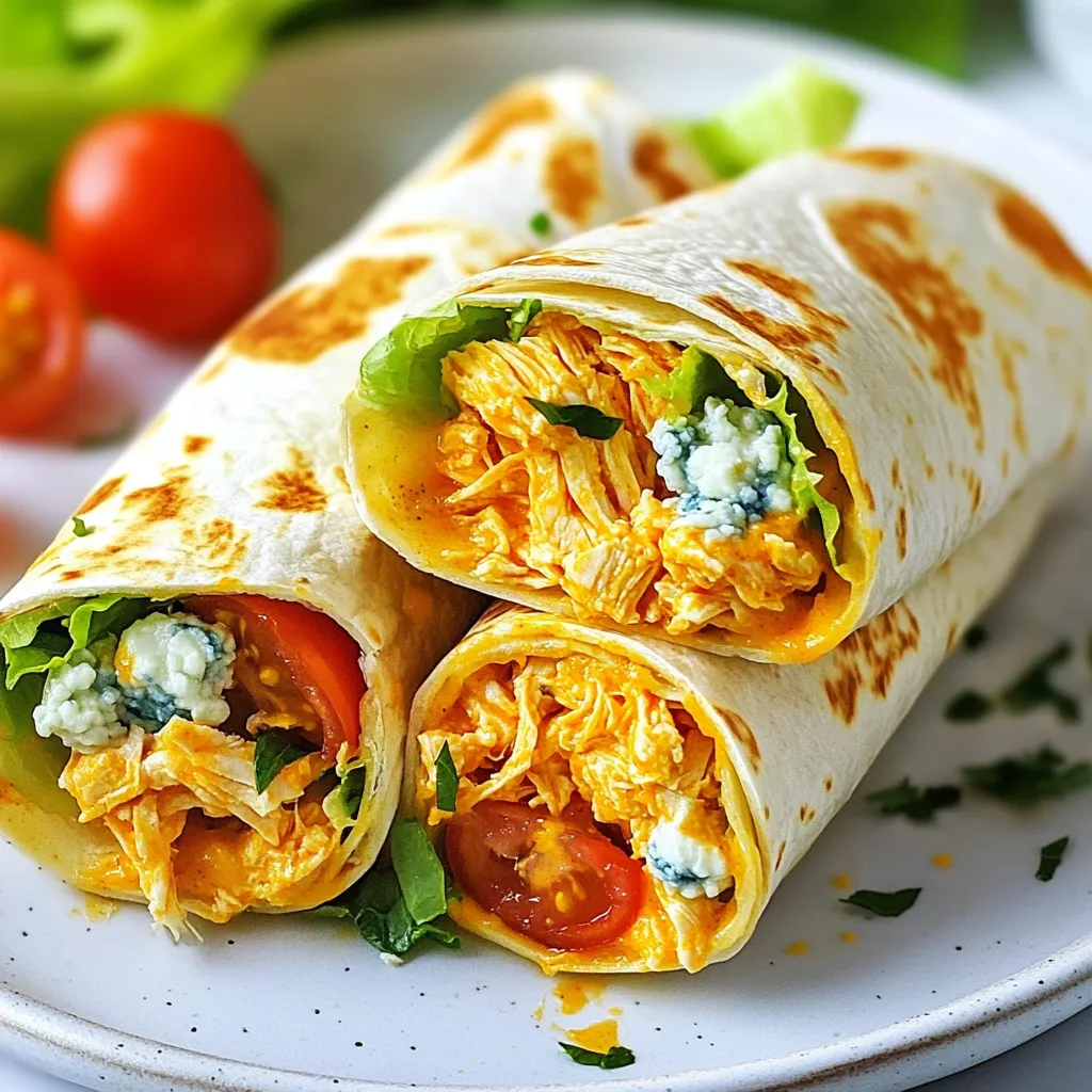 Gathering the right ingredients is key to making your buffalo chicken wrap tasty. Here’s what you need: - 2 cups cooked chicken, shredded - 1/2 cup buffalo sauce - 1/2 cup cream cheese, softened - 1 cup lettuce, shredded - 1/2 cup cherry tomatoes, halved - 1/4 cup blue cheese crumbles (optional) - 4 large tortillas or wraps - 1 tablespoon olive oil - Salt and pepper to taste - Fresh cilantro or parsley for garnish (optional) Each ingredient adds to the overall taste. The shredded chicken gives protein. The buffalo sauce adds heat and flavor. Cream cheese makes the filling creamy and rich. Fresh lettuce and tomatoes add crunch and freshness. Blue cheese crumbles give a tangy twist. I always keep these ingredients on hand. They allow me to whip up this wrap in no time. If you like spice, adjust the buffalo sauce to your taste. You can also swap the blue cheese for your favorite cheese if you prefer. Now that you have the ingredients, you’re ready to create a meal that’s quick, flavorful, and sure to please. {{ingredient_image_1}} To make the chicken mixture, start by combining the shredded chicken with the buffalo sauce. Mix well until the chicken is coated evenly. Next, take the softened cream cheese and add it to the chicken. Stir until the mixture looks creamy and smooth. This step adds richness and balances the heat from the buffalo sauce. If you want it spicier, feel free to add more buffalo sauce. Now it’s time to prepare the tortillas. Lay them out flat on a clean surface. Brush each tortilla lightly with olive oil. This oil adds flavor and helps the wrap stay flexible. Once the tortillas are ready, evenly distribute the buffalo chicken mixture on each one. Leave about an inch of space at the edges. Then, add toppings like shredded lettuce, halved cherry tomatoes, and blue cheese crumbles if you like. For extra flavor, you can toast the wraps. Heat a skillet over medium heat. Cook each wrap for about 2-3 minutes on each side until they turn golden and crispy. This makes the wrap even tastier. When serving, slice them in half diagonally for a nice presentation. You can garnish with fresh cilantro or parsley to make them look vibrant and fresh. If you want a milder wrap, use less buffalo sauce. Start with a quarter cup. You can also add more cream cheese to tone it down. For a spicier wrap, add more buffalo sauce. Just a tablespoon can make a big difference. Taste as you mix to get it just right. You can also use a hot sauce that you like. To save time, you can prep the chicken mix ahead. Store it in the fridge for up to two days. Make sure to cover it well. When ready to eat, just assemble the wraps. If you want to store whole wraps, wrap them in foil. They last well in the fridge for about three days. These wraps go great with fresh sides. Try a simple green salad or veggie sticks. You can also serve them with ranch or blue cheese dressing. A side of chips adds a nice crunch. For drinks, try iced tea or lemonade. They will make your meal even better! Pro Tips Adjust the Heat: Feel free to modify the amount of buffalo sauce to suit your spice preference; adding more can really amp up the flavor! Wrap It Right: For a tighter wrap, make sure to tuck in the sides as you roll, which also helps to keep the filling from spilling out. Extra Creaminess: If you like it extra creamy, consider adding some ranch dressing or even a dollop of sour cream to the chicken mixture. Make Ahead: These wraps can be prepared a few hours in advance; just keep them wrapped in plastic wrap in the fridge until you're ready to serve. {{image_2}} You can switch the chicken for turkey or tofu. Turkey gives a nice taste and is lean. Tofu is great for a meat-free option. Just make sure to season it well. You can cube the tofu and sauté it in a pan. This adds flavor and texture. Try using ranch or BBQ sauce instead of buffalo sauce. Ranch gives a cool, creamy taste. BBQ adds a sweet and smoky flavor. Both options work well with the chicken mix. Feel free to adjust the sauce amount to match your taste. You can even mix sauces for a unique twist. If you want a lighter wrap, look for low-carb tortillas. You can also use lettuce leaves as wraps. This cuts down on carbs and adds crunch. For lighter ingredients, swap cream cheese with Greek yogurt. Use fresh veggies like cucumber or bell peppers for extra nutrients. To keep your buffalo chicken wraps fresh, store them in airtight containers. This helps lock in the flavor and moisture. You can also wrap each one in plastic wrap before placing it in a container. They stay good in the fridge for up to three days. If you plan to eat them later, consider not adding fresh veggies until you're ready. Freezing buffalo chicken wraps is simple. First, wrap each one tightly in plastic wrap. Then, place them in a freezer bag. Remove as much air as you can. They can stay in the freezer for up to three months. When you’re ready to enjoy, take a wrap out and let it thaw in the fridge overnight. To reheat, unwrap it and heat in the microwave for about one to two minutes. You can also toast it in a skillet for a crispy finish. Enjoy your meal! Buffalo chicken wraps last about 3 to 4 days in the fridge. Store them in an airtight container to keep them fresh. If they contain fresh veggies, use them sooner for the best taste. Yes, you can make these wraps vegetarian. Replace the chicken with shredded jackfruit or tofu. Use buffalo sauce made from plant-based ingredients. This gives you the same spicy kick without meat. The best way to reheat buffalo chicken wraps is in a skillet. Heat the skillet over medium heat. Place the wrap in the skillet and cook for about 3 minutes on each side. This keeps the wrap crispy. Absolutely! You can customize the ingredients in many ways. Try adding different veggies like bell peppers or cucumbers. Swap the blue cheese for feta or omit it entirely. Adjust the buffalo sauce for your heat level. These buffalo chicken wraps are fun to make and tasty to eat. You learned the key ingredients, steps to prepare, and how to store leftovers. Plus, you can adjust spice levels and try different proteins or sauces. Remember, you can customize your wrap to fit your taste. Enjoy these wraps as a quick meal or snack. You’ll impress friends and family with your cooking skills!