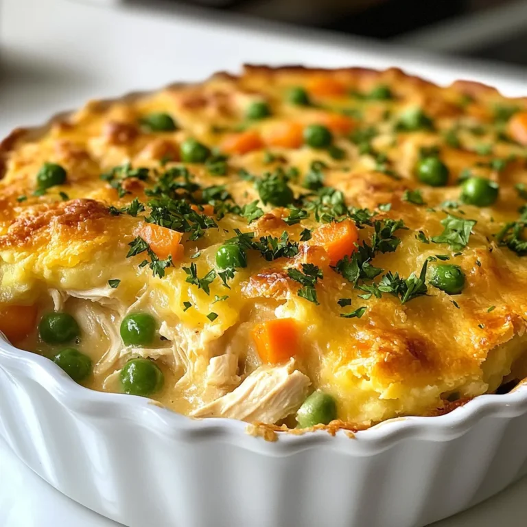 To make this crustless chicken pot pie, gather these ingredients: - 2 cups cooked chicken, shredded - 1 cup frozen peas and carrots - 1 cup celery, diced - 1 cup onion, diced - 3 cups chicken broth - 1 cup milk - ⅓ cup all-purpose flour - ½ teaspoon garlic powder - ½ teaspoon onion powder - 1 teaspoon dried thyme - ½ teaspoon salt - ¼ teaspoon black pepper - 2 tablespoons olive oil - 1 tablespoon fresh parsley, chopped (for garnish) You can swap out some ingredients if needed: - Use rotisserie chicken for cooked chicken to save time. - Replace peas and carrots with mixed veggies or corn. - Substitute almond milk for a dairy-free option. - Use gluten-free flour if you want to make it gluten-free. - Fresh herbs can replace dried thyme for more flavor. Each serving of this dish has: - Calories: 290 - Protein: 25g - Carbohydrates: 30g - Dietary Fiber: 3g - Sugars: 3g - Fat: 10g - Saturated Fat: 3g - Sodium: 550mg This meal is not only comforting but also packs a good amount of protein and nutrition. Enjoy this simple dish that warms the heart and fills the belly! {{ingredient_image_1}} First, gather your ingredients. You will need: - 2 cups cooked chicken, shredded - 1 cup frozen peas and carrots - 1 cup celery, diced - 1 cup onion, diced - 3 cups chicken broth - 1 cup milk - ⅓ cup all-purpose flour - ½ teaspoon garlic powder - ½ teaspoon onion powder - 1 teaspoon dried thyme - ½ teaspoon salt - ¼ teaspoon black pepper - 2 tablespoons olive oil - 1 tablespoon fresh parsley, chopped (for garnish) Make sure your chicken is cooked and shredded. This step saves time. Dice the celery and onion into small pieces. This helps them cook evenly. Start by preheating your oven to 350°F (175°C). In a large skillet, heat the olive oil over medium heat. Add the diced onions and celery. Sauté them for about 5-7 minutes until they soften. Next, add the frozen peas and carrots. Cook them for another 3 minutes. In a separate bowl, whisk together the flour, garlic powder, onion powder, thyme, salt, and black pepper. Slowly add the chicken broth and milk to this mix. Whisk it well to avoid lumps. Pour this mixture into the skillet with your veggies. Bring it to a simmer. Stir constantly for about 5 minutes until it thickens slightly. Now, add the shredded chicken to the skillet. Mix everything well. Remove the skillet from heat. Transfer the filling into a greased 9-inch pie dish. Place the dish in your preheated oven. Bake for 30-35 minutes until the top is bubbly and golden. Keep an eye on it to avoid overbaking. When done, remove it from the oven. Let it cool for a few minutes before serving. Garnish with fresh parsley for a pop of color and flavor. Enjoy your crustless chicken pot pie! To make your crustless chicken pot pie creamy, follow these tips. Use whole milk for a rich taste. You can also mix in some heavy cream for extra creaminess. Whisk the flour with the milk and broth well to avoid lumps. Stir the mixture constantly while cooking to help it thicken evenly. Many people skip the sauté step. Don’t rush this; sautéing the onions and celery adds great flavor. Another mistake is using low-quality chicken broth. A good broth enhances the taste. Be mindful of the cooking time; overcooking can make the filling dry. Lastly, don’t forget to let it cool a bit before slicing! Serve your crustless chicken pot pie with a fresh salad or crusty bread. A side of steamed green beans pairs well too. For a fun twist, try adding a sprinkle of cheese on top before baking. This can give a nice, cheesy crust. Enjoy this dish hot for the best flavor. Pro Tips Use Leftover Chicken: This recipe is perfect for utilizing leftover rotisserie chicken, saving you time and enhancing the flavor. Customize Your Veggies: Feel free to substitute the peas and carrots with your favorite vegetables such as green beans or corn for a personal touch. Thicken to Taste: If you prefer a thicker filling, you can add a bit more flour to the broth mixture while whisking until you reach your desired consistency. Garnish for Flair: Adding fresh herbs like thyme or rosemary as a garnish can elevate the dish’s presentation and flavor profile. {{image_2}} You can change up the veggies in your crustless chicken pot pie. Try adding chopped bell peppers, corn, or green beans. You can also use fresh vegetables if you prefer. Just remember to chop them small so they cook well. Mixing in different colors makes the dish more fun and tasty. If you want to switch the chicken, you have options. Turkey works great and gives a similar flavor. You can also use shredded beef or cooked sausage for a different twist. For a plant-based option, try chickpeas or lentils. Each protein gives the dish a new taste and texture. To make this dish gluten-free, swap the all-purpose flour for a gluten-free blend. You can also use cornstarch as a thickener. Make sure your broth and any other products are labeled gluten-free. These simple swaps let everyone enjoy this meal without worry. To keep your crustless chicken pot pie fresh, store it in an airtight container. Place it in the fridge within two hours of cooking. This way, it stays safe and tasty. The pie lasts about three to four days in the fridge. Make sure to label the container with the date. This helps you track how long it has been stored. To reheat your leftovers, you can use an oven or microwave. For the oven, preheat to 350°F (175°C). Place the pie in an oven-safe dish and cover it with foil. Bake for about 20 minutes or until hot. If you use the microwave, place a slice on a plate. Heat for about 1-2 minutes, checking often. Ensure it is hot throughout before eating. If you want to save your pie for later, you can freeze it. Allow the pie to cool completely first. Then, wrap it tightly in plastic wrap and foil. This helps avoid freezer burn. You can freeze it for up to three months. When ready to eat, thaw it in the fridge overnight. After that, reheat as mentioned above. Enjoy your meal even after freezing! Yes, you can make this dish ahead of time. Prepare the filling and place it in a pie dish. Cover it and store it in the fridge for up to two days. When you're ready to eat, bake it straight from the fridge. Just add a few extra minutes to the baking time to ensure it heats through. You can serve this dish with a fresh salad or crusty bread. A simple green salad adds crunch and lightness. Alternatively, you can pair it with roasted vegetables for more flavor. Both options complement the creamy filling nicely. To make the dish dairy-free, swap the milk for a plant-based milk. Almond milk or oat milk work well. Ensure that your chicken broth is also dairy-free. This way, you keep the rich taste while making it suitable for those who avoid dairy. This blog covered ingredients, step-by-step cooking, and tips for making crustless chicken pot pie. We explored key ingredients and tasty substitutions, plus the right way to cook it all. I shared tricks for creaminess and common mistakes to avoid. Variations let you customize this dish to your taste. Finally, I provided storage tips to keep leftovers fresh. Cooking can be fun and rewarding. Enjoy making this dish your own!