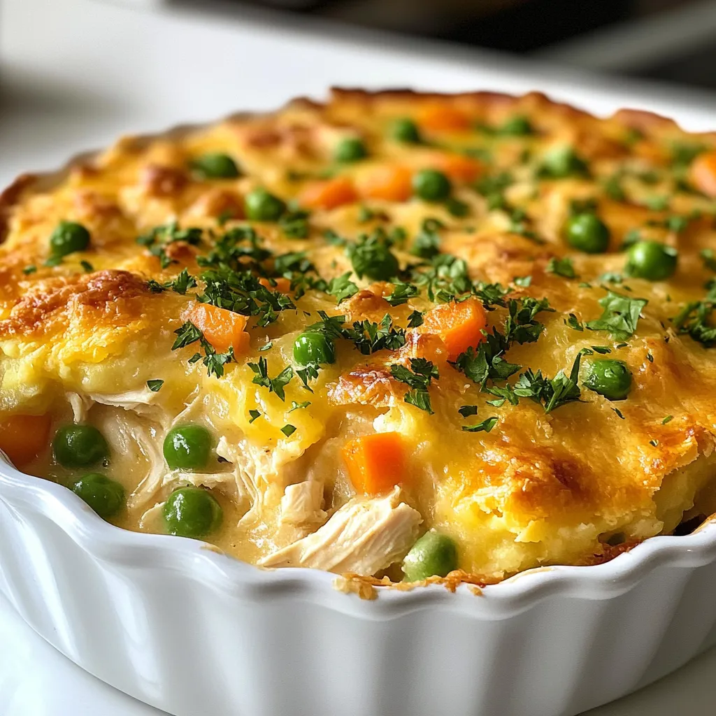 To make this crustless chicken pot pie, gather these ingredients: - 2 cups cooked chicken, shredded - 1 cup frozen peas and carrots - 1 cup celery, diced - 1 cup onion, diced - 3 cups chicken broth - 1 cup milk - ⅓ cup all-purpose flour - ½ teaspoon garlic powder - ½ teaspoon onion powder - 1 teaspoon dried thyme - ½ teaspoon salt - ¼ teaspoon black pepper - 2 tablespoons olive oil - 1 tablespoon fresh parsley, chopped (for garnish) You can swap out some ingredients if needed: - Use rotisserie chicken for cooked chicken to save time. - Replace peas and carrots with mixed veggies or corn. - Substitute almond milk for a dairy-free option. - Use gluten-free flour if you want to make it gluten-free. - Fresh herbs can replace dried thyme for more flavor. Each serving of this dish has: - Calories: 290 - Protein: 25g - Carbohydrates: 30g - Dietary Fiber: 3g - Sugars: 3g - Fat: 10g - Saturated Fat: 3g - Sodium: 550mg This meal is not only comforting but also packs a good amount of protein and nutrition. Enjoy this simple dish that warms the heart and fills the belly! {{ingredient_image_1}} First, gather your ingredients. You will need: - 2 cups cooked chicken, shredded - 1 cup frozen peas and carrots - 1 cup celery, diced - 1 cup onion, diced - 3 cups chicken broth - 1 cup milk - ⅓ cup all-purpose flour - ½ teaspoon garlic powder - ½ teaspoon onion powder - 1 teaspoon dried thyme - ½ teaspoon salt - ¼ teaspoon black pepper - 2 tablespoons olive oil - 1 tablespoon fresh parsley, chopped (for garnish) Make sure your chicken is cooked and shredded. This step saves time. Dice the celery and onion into small pieces. This helps them cook evenly. Start by preheating your oven to 350°F (175°C). In a large skillet, heat the olive oil over medium heat. Add the diced onions and celery. Sauté them for about 5-7 minutes until they soften. Next, add the frozen peas and carrots. Cook them for another 3 minutes. In a separate bowl, whisk together the flour, garlic powder, onion powder, thyme, salt, and black pepper. Slowly add the chicken broth and milk to this mix. Whisk it well to avoid lumps. Pour this mixture into the skillet with your veggies. Bring it to a simmer. Stir constantly for about 5 minutes until it thickens slightly. Now, add the shredded chicken to the skillet. Mix everything well. Remove the skillet from heat. Transfer the filling into a greased 9-inch pie dish. Place the dish in your preheated oven. Bake for 30-35 minutes until the top is bubbly and golden. Keep an eye on it to avoid overbaking. When done, remove it from the oven. Let it cool for a few minutes before serving. Garnish with fresh parsley for a pop of color and flavor. Enjoy your crustless chicken pot pie! To make your crustless chicken pot pie creamy, follow these tips. Use whole milk for a rich taste. You can also mix in some heavy cream for extra creaminess. Whisk the flour with the milk and broth well to avoid lumps. Stir the mixture constantly while cooking to help it thicken evenly. Many people skip the sauté step. Don’t rush this; sautéing the onions and celery adds great flavor. Another mistake is using low-quality chicken broth. A good broth enhances the taste. Be mindful of the cooking time; overcooking can make the filling dry. Lastly, don’t forget to let it cool a bit before slicing! Serve your crustless chicken pot pie with a fresh salad or crusty bread. A side of steamed green beans pairs well too. For a fun twist, try adding a sprinkle of cheese on top before baking. This can give a nice, cheesy crust. Enjoy this dish hot for the best flavor. Pro Tips Use Leftover Chicken: This recipe is perfect for utilizing leftover rotisserie chicken, saving you time and enhancing the flavor. Customize Your Veggies: Feel free to substitute the peas and carrots with your favorite vegetables such as green beans or corn for a personal touch. Thicken to Taste: If you prefer a thicker filling, you can add a bit more flour to the broth mixture while whisking until you reach your desired consistency. Garnish for Flair: Adding fresh herbs like thyme or rosemary as a garnish can elevate the dish’s presentation and flavor profile. {{image_2}} You can change up the veggies in your crustless chicken pot pie. Try adding chopped bell peppers, corn, or green beans. You can also use fresh vegetables if you prefer. Just remember to chop them small so they cook well. Mixing in different colors makes the dish more fun and tasty. If you want to switch the chicken, you have options. Turkey works great and gives a similar flavor. You can also use shredded beef or cooked sausage for a different twist. For a plant-based option, try chickpeas or lentils. Each protein gives the dish a new taste and texture. To make this dish gluten-free, swap the all-purpose flour for a gluten-free blend. You can also use cornstarch as a thickener. Make sure your broth and any other products are labeled gluten-free. These simple swaps let everyone enjoy this meal without worry. To keep your crustless chicken pot pie fresh, store it in an airtight container. Place it in the fridge within two hours of cooking. This way, it stays safe and tasty. The pie lasts about three to four days in the fridge. Make sure to label the container with the date. This helps you track how long it has been stored. To reheat your leftovers, you can use an oven or microwave. For the oven, preheat to 350°F (175°C). Place the pie in an oven-safe dish and cover it with foil. Bake for about 20 minutes or until hot. If you use the microwave, place a slice on a plate. Heat for about 1-2 minutes, checking often. Ensure it is hot throughout before eating. If you want to save your pie for later, you can freeze it. Allow the pie to cool completely first. Then, wrap it tightly in plastic wrap and foil. This helps avoid freezer burn. You can freeze it for up to three months. When ready to eat, thaw it in the fridge overnight. After that, reheat as mentioned above. Enjoy your meal even after freezing! Yes, you can make this dish ahead of time. Prepare the filling and place it in a pie dish. Cover it and store it in the fridge for up to two days. When you're ready to eat, bake it straight from the fridge. Just add a few extra minutes to the baking time to ensure it heats through. You can serve this dish with a fresh salad or crusty bread. A simple green salad adds crunch and lightness. Alternatively, you can pair it with roasted vegetables for more flavor. Both options complement the creamy filling nicely. To make the dish dairy-free, swap the milk for a plant-based milk. Almond milk or oat milk work well. Ensure that your chicken broth is also dairy-free. This way, you keep the rich taste while making it suitable for those who avoid dairy. This blog covered ingredients, step-by-step cooking, and tips for making crustless chicken pot pie. We explored key ingredients and tasty substitutions, plus the right way to cook it all. I shared tricks for creaminess and common mistakes to avoid. Variations let you customize this dish to your taste. Finally, I provided storage tips to keep leftovers fresh. Cooking can be fun and rewarding. Enjoy making this dish your own!
