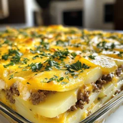 - 1 lb ground beef - 4 medium-sized russet potatoes, peeled and thinly sliced - 1 cup cheddar cheese, shredded - 1 cup mozzarella cheese, shredded The ground beef is the star here. It gives the casserole its rich flavor and hearty feel. I always choose a good quality beef for the best result. Potatoes add that comforting base. Use russet potatoes for their fluffiness. The cheeses bring creaminess and taste. Cheddar adds sharpness, while mozzarella gives that lovely stretch. - 1 medium onion, finely chopped - 2 cloves garlic, minced - 1 teaspoon paprika - 1 teaspoon dried oregano - Salt and pepper to taste Onion and garlic are essential for depth. They create a savory base that wakes up the flavors. I prefer finely chopping the onion for even cooking. Paprika brings warmth and a hint of smokiness. Oregano adds a fresh, herbal note. Don’t forget to season with salt and pepper. This will enhance the overall taste. - 1 cup sour cream - 1 cup beef broth - 2 tablespoons olive oil Sour cream adds creaminess and tang. It balances the richness of the cheese and beef. Beef broth gives moisture and depth. I always choose low-sodium broth to control salt levels. Olive oil is key for sautéing. It helps cook the onion and garlic until soft and fragrant. {{ingredient_image_1}} Preheating the Oven Start by preheating your oven to 375°F (190°C). This step is key. A hot oven ensures even cooking for your casserole. Sautéing Onion and Garlic In a large skillet, heat 2 tablespoons of olive oil over medium heat. Add 1 finely chopped onion and 2 minced garlic cloves. Stir them until the onions turn soft and clear. This mix adds great flavor to the beef. Browning the Beef Now, add 1 pound of ground beef to the skillet. Use a spatula to break it apart. Cook until it turns brown, which takes about 5-7 minutes. Make sure to drain any excess fat if you see it. Seasoning the Mixture As the beef cooks, season it with 1 teaspoon of paprika, 1 teaspoon of dried oregano, and a pinch of salt and pepper. Mix well to ensure every bite has rich flavor. Layering Potatoes and Beef In a greased 9x13-inch baking dish, start with half of the 4 medium-sized russet potatoes, thinly sliced. Spread these evenly at the bottom. Add a sprinkle of salt and pepper. Next, layer half of the cooked ground beef mixture over the potatoes. Adding the Sauces and Cheeses In a mixing bowl, combine 1 cup of sour cream and 1 cup of beef broth. Mix until smooth. Pour half of this mixture over the beef. Then, sprinkle half of the 1 cup of cheddar cheese and half of the 1 cup of mozzarella cheese on top. Repeat these layers with the remaining potatoes, beef, sauce, and cheeses. Finish with the rest of the cheese on top for that gooey finish. Ensuring Tender Potatoes To get tender potatoes, slice them thinly. Thin slices cook faster and absorb flavors better. You can soak them in cold water for 30 minutes to help remove excess starch. This step keeps them from turning mushy. Tips for Cheesy Texture For that creamy, cheesy goodness, mix both cheddar and mozzarella. Cheddar gives a sharp flavor, while mozzarella adds stretchiness. Layer the cheese between the potato and meat layers. This keeps it rich and melty. Adjusting Baking Times Baking times can change based on your oven. If your casserole is not bubbling after 30 minutes, check it. The potatoes should be fork-tender. You can cover it with foil if it browns too fast. Using a Thermometer Using a thermometer can help you check the doneness. The internal temp should reach 160°F (71°C) for the beef to be safe. This ensures your meal is not just tasty, but safe to eat. Garnishing Ideas Fresh parsley adds color and freshness. Sprinkle it on just before serving. You can also use chives or green onions for a nice crunch. Serving Suggestions Serve the casserole with a simple salad. A light green salad pairs well with the cheesy richness. You can also offer crusty bread for a comforting meal. Pro Tips Use Starchy Potatoes: Russet potatoes are ideal for casseroles due to their high starch content, which helps achieve a fluffy texture. Layering for Flavor: Ensure you layer the ingredients evenly to allow the flavors to meld beautifully throughout the casserole. Customize Your Cheese: Feel free to mix different types of cheese, such as pepper jack or gouda, for a unique twist on the traditional flavor. Let it Rest: Allow the casserole to rest for about 10 minutes after baking. This helps the layers set and makes serving easier. {{image_2}} Alternative Proteins You can swap ground beef for other meats. Ground turkey or chicken works well. If you want to keep it light, try using ground lamb. For a plant-based option, use lentils or crumbled tempeh. Dairy-Free Options If you're dairy-free, consider using cashew cream instead of sour cream. For cheese, look for dairy-free shreds made from nuts or soy. This keeps the dish creamy without the dairy. Gluten-Free Adaptations This casserole is easy to make gluten-free. Just ensure that your broth and any cheese used are gluten-free. Always check labels to be safe. Vegetarian or Vegan Versions For a vegetarian version, skip the meat and add more veggies. You can use mushrooms and bell peppers. To make it vegan, replace sour cream with a plant-based option and use vegan cheese. Adding Vegetables You can add veggies for more flavor and nutrients. Consider adding spinach, zucchini, or bell peppers. Just chop them small so they mix well. Spicing It Up If you like heat, add red pepper flakes or a dash of hot sauce. You can also change the seasonings to suit your taste. Try adding cumin or chili powder for a different twist. Refrigeration Guidelines Let your casserole cool down first. Then, cover it tightly with plastic wrap or foil. Store it in your fridge for up to three days. This keeps it fresh and tasty for later meals. Freezing the Casserole If you want to keep it longer, freezing is a great option. Cut the casserole into individual portions. Wrap each piece in plastic wrap, then place them in a freezer-safe container or bag. You can freeze it for up to three months. This way, you always have a quick meal ready. Best Methods for Reheating When it’s time to eat, you can reheat the casserole in the oven or microwave. For the oven, preheat it to 350°F (175°C). Place the casserole in an oven-safe dish and cover it with foil. Heat for about 20-30 minutes. In the microwave, heat individual portions for about 2-3 minutes. Make sure each piece is hot all the way through. Maintaining Cheese Consistency To keep the cheese creamy and melty, avoid overheating. When using the microwave, stir the casserole halfway through. This helps heat it evenly. How Long Can It Last? When stored in the fridge, your Cheesy Ground Beef Potato Casserole lasts for about three days. If frozen, it stays good for up to three months. Always check for signs of spoilage before eating. Signs of Spoilage Look for changes in color or smell. If it smells sour or has a strange texture, it’s best to throw it away. Trust your senses to keep you safe! You can prepare this casserole a day early. Start by cooking the ground beef and onions as usual. After mixing in the seasonings, let it cool. Layer the casserole in a dish, but do not bake it yet. Cover it tightly with foil and store it in the fridge. When you are ready to eat, bake it straight from the fridge. Just add an extra 10 minutes to the cooking time. This way, you save time and still enjoy a warm, cheesy meal. Yes, you can mix and match different cheeses! Cheddar and mozzarella are classic, but you can try others. Here are some great combinations: - Gouda for a smoky flavor - Monterey Jack for extra creaminess - Pepper Jack for a spicy kick Experiment with your favorite cheeses to find a taste you love! This casserole is filling, so simple sides work best. Here are some tasty options: - A fresh green salad with vinaigrette - Steamed broccoli or green beans for a healthy touch - Garlic bread for extra flavor These sides add balance and make your meal even more enjoyable. This blog post covered how to make a tasty Cheesy Ground Beef Potato Casserole. We explored key ingredients, like ground beef and potatoes, and highlighted important techniques, such as sautéing onions and browning beef. You learned handy tips for cooking and presenting your dish. Plus, I shared variations to fit different diets and preferences. Now, it's time to bake your casserole and enjoy! With these steps, you'll create a meal that's sure to please everyone.