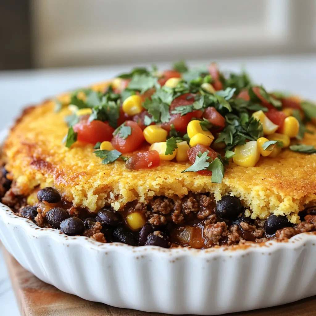 - 1 lb ground beef - 1 medium onion, chopped - 1 bell pepper, chopped - 2 cloves garlic, minced - 1 can (15 oz) black beans, drained and rinsed - 1 can (15 oz) corn, drained - 1 can (10 oz) diced tomatoes with green chilies - 2 tablespoons chili powder - 1 teaspoon cumin - Salt and pepper to taste The main ingredients of Texas Tamale Pie create a warm and rich flavor. Ground beef gives the dish its hearty base. The bell pepper and onion add sweetness and depth. Black beans and corn bring texture and a pop of color. The diced tomatoes with green chilies offer a nice kick. You can control the heat with chili powder and cumin. Salt and pepper tie it all together, enhancing every bite. - 1 ½ cups cornmeal - 1 teaspoon baking powder - 1 cup milk - 1 cup shredded cheddar cheese Cornmeal is the star of the cornbread batter. It adds a nice crunch and a sweet flavor. Baking powder helps the batter rise, making it light and fluffy. Milk gives the batter moisture and richness. Finally, cheddar cheese melts beautifully on top, adding creaminess to the finished dish. - Fresh cilantro - Additional cheese variations Garnishes make your Texas Tamale Pie shine. Fresh cilantro adds a burst of flavor and color. You can also sprinkle extra cheese on top for more richness. Get creative with your toppings; they can enhance the dish’s taste and appeal. Consider sliced jalapeños or avocado for a fresh twist. {{ingredient_image_1}} - Start by chopping 1 medium onion and 1 bell pepper. - Mince 2 cloves of garlic. - Drain and rinse 1 can of black beans. - Drain 1 can of corn. - Open 1 can of diced tomatoes with green chilies. - Preheat your oven to 375°F (190°C). - Heat 2 tablespoons of olive oil in a large skillet over medium heat. - Add the chopped onion and bell pepper to the skillet. Sauté until they soften, about 5 minutes. - Stir in the minced garlic and cook for 1-2 more minutes. - Next, add 1 pound of ground beef. Cook it until it is browned. Drain any excess fat. - Mix in the black beans, corn, diced tomatoes, 2 tablespoons of chili powder, 1 teaspoon of cumin, salt, and pepper. Let this simmer for about 10 minutes, stirring occasionally. - In a separate bowl, combine 1 ½ cups of cornmeal, 1 teaspoon of baking powder, and 1 cup of milk to make a smooth cornbread batter. - Grease a 9-inch pie dish. Layer the beef mixture evenly at the bottom. - Pour the cornbread batter over the beef mixture. - Sprinkle 1 cup of shredded cheddar cheese on top. - Bake in your preheated oven for 30-35 minutes. Check for doneness with a toothpick. It should come out clean. - Let it cool for a few minutes before slicing. Garnish with fresh cilantro before serving. - Best methods for browning meat: Start with a hot skillet and add olive oil. Use medium heat to cook ground beef evenly. Break the meat apart with a spatula. This method helps create a nice brown color. Brown it until it’s no longer pink. This takes about 5 to 7 minutes. - Ensuring cornbread batter is smooth: Combine the cornmeal and baking powder first. Then slowly add milk, stirring gently. Mix until you see no lumps. A whisk can help with this. A smooth batter will rise better when baking. - Adding spices or herbs to elevate flavor: Feel free to add cayenne pepper for heat. A touch of smoked paprika gives a nice depth. Fresh herbs like cilantro can brighten the dish. Experimenting with spices makes each pie unique. - Suggestions for extra toppings: Consider adding sliced jalapeños for a spicy kick. Sour cream on top cools down the heat nicely. You can also sprinkle more cheese before serving. Avocado slices add creaminess and flavor. - What to serve alongside Texas Tamale Pie: A fresh salad pairs well with this dish. A simple green salad with lime dressing works great. You can also serve it with tortilla chips for crunch. - Best pairings for flavor balance: Pair the pie with a light, fruity salsa. Mango salsa brings sweetness that contrasts with the pie's spice. A cold drink like iced tea or lemonade complements the heat too. Pro Tips Brown the Meat Well: Ensure the ground beef is browned thoroughly to enhance the flavor of the dish. Customize Your Beans: Feel free to swap black beans for pinto or kidney beans for a different taste and texture. Cheese Choices: Experiment with different cheeses like Monterey Jack or pepper jack for added flavor. Let It Rest: Allow the pie to cool for a few minutes before slicing to help it set and make serving easier. {{image_2}} You can swap ground beef for ground turkey or chicken. These options lower fat and calories. They still keep the dish tasty and filling. For a vegetarian or vegan twist, use lentils or mushrooms. They add great texture and flavor. You can also replace the milk with plant-based milk for a vegan touch. Switching beans can change the taste. Try pinto beans or kidney beans for a new flavor. You can also mix in black-eyed peas for a Southern twist. Adding different vegetables can bring fresh ideas. Zucchini, corn, or even spinach work well. Each veggie adds its own flair and color. Texas is big, and each area has its own style. In some places, cooks add jalapeños for a spicy kick. Others might use local meats or beans. This makes the dish more authentic and flavorful. Using local ingredients also supports nearby farms and markets, making it a win-win! To keep your Texas Tamale Pie fresh, store it in the fridge. First, let the pie cool down to room temperature. Then, cover it tightly with plastic wrap or aluminum foil. This helps prevent it from drying out. You can also use an airtight container for better storage. The pie stays good for about three to four days in the fridge. If you want to save some for later, freezing works well. Cut the pie into individual portions. Wrap each piece in plastic wrap and then in aluminum foil. This double wrap keeps the pie safe from freezer burn. You can freeze it for up to three months. To enjoy it, take a piece out and let it thaw overnight in the fridge. Reheat it in the oven at 350°F (175°C) for about 20 minutes. This warms it through and keeps the cornbread nice and soft. Leftover Texas Tamale Pie is a treat. You can enjoy it just as it is, or get creative! Try making taco bowls by adding fresh toppings, like lettuce and salsa. You can also chop it up and mix it with scrambled eggs for a tasty breakfast burrito. If you’re busy during the week, pack it for lunch with a side salad. This way, you have a quick meal ready to go! Texas Tamale Pie is a hearty dish with layers of beef, beans, and cornbread. It brings together flavors of Texas and Mexican cooking. You start with a savory meat mixture, then top it with cornbread batter. After baking, you get a delicious pie with a crispy top and a warm filling. To spice up your Texas Tamale Pie, add more chili powder or diced jalapeños. You can also use spicy diced tomatoes instead of regular ones. For more heat, sprinkle crushed red pepper flakes on top before baking. Adjust the spice level to match your taste. Yes! You can swap cheddar for pepper jack or Monterey Jack cheese. These cheeses melt well and add a different flavor. If you want a dairy-free option, try vegan cheese. It works nicely in the pie and keeps it creamy. Sure! To make Texas Tamale Pie gluten-free, use gluten-free cornmeal. Check the labels on canned beans and tomatoes, as some may contain gluten. This way, everyone can enjoy a tasty and safe meal. To prevent a soggy bottom, use a hot skillet when cooking the meat and vegetables. This helps to seal in flavors and moisture. Also, let the meat mixture cool slightly before adding the cornbread batter. This step helps keep the cornbread crisp. To check if the cornbread is cooked, insert a toothpick into the center. It should come out clean. If the top is golden but the toothpick is wet, cover the pie with foil. Bake a bit longer until it is fully cooked. You've learned how to make a tasty Texas Tamale Pie with simple steps. We covered ingredients like beef, beans, and spices, plus the cornbread batter. I shared cooking tips to ensure great flavor and texture. You can also try different ingredients or flavors to make it your own. Enjoy your meal, whether fresh or as a leftover treat. Cooking can be fun and rewarding, so keep experimenting!