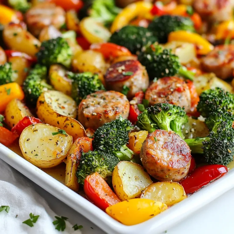Here’s what you need for this tasty dish: - 1 pound Italian chicken or turkey sausage, cut into 1-inch pieces - 2 cups broccoli florets - 1 red bell pepper, chopped - 1 yellow bell pepper, chopped - 1 medium red onion, sliced - 2 cups baby potatoes, halved - 3 tablespoons olive oil - 1 teaspoon smoked paprika - 1 teaspoon garlic powder - 1 teaspoon dried oregano - Salt and pepper to taste - Fresh parsley for garnish Using quality ingredients makes a big difference. I love Italian chicken or turkey sausage for its flavor. Broccoli and bell peppers add color and crunch. Baby potatoes give a nice heartiness to the meal. Seasonings like smoked paprika and garlic powder bring warmth and depth. The drizzle of olive oil helps everything cook evenly and adds richness. Fresh parsley not only adds color but also brightens the dish. Make sure to gather all these ingredients before you start cooking. It makes the process smooth and fun. You can even prep some veggies in advance to save time. {{ingredient_image_1}} First, preheat your oven to 400°F (200°C). This heat helps to cook everything evenly. Next, line a large baking sheet with parchment paper. This makes clean-up easy and keeps your food from sticking. In a big bowl, combine your sausage pieces, broccoli, red and yellow bell peppers, red onion, and baby potatoes. This mix of colorful veggies adds great flavor and looks nice. Drizzle olive oil over the mix. Then, sprinkle smoked paprika, garlic powder, dried oregano, salt, and pepper. Toss everything together until it is well-coated. This step is key for tasty bites. Spread the sausage and veggie mix evenly on the prepared baking sheet. Make sure everything is in a single layer. This helps them roast well. Roast in the preheated oven for 25-30 minutes. Halfway through, stir the mix to ensure even cooking. Your sausage should be golden, and the veggies need to be tender and slightly caramelized. This makes each bite delicious and satisfying. To make sure your meal cooks evenly, place everything in a single layer. If the sausage and veggies are too crowded, they will steam instead of roast. This can make them soggy. Stirring halfway through cooking helps too. It allows all pieces to get nice and brown. Aim for that golden color for the best flavor. You can spice up your dish with various seasonings. I love using smoked paprika for a smoky taste. Garlic powder adds a nice kick and pairs well with the sausage. Dried oregano brings in a touch of earthiness. The right oil matters too. Olive oil is my go-to for roasting. It helps the veggies crisp up and brown nicely. For a beautiful finish, garnish your dish with fresh parsley. It adds a pop of color and a fresh taste. Serve your meal with a side salad or some crusty bread. A drizzle of balsamic glaze over the veggies can also elevate the look and flavor. You can even serve it with a zesty dipping sauce for extra fun! Pro Tips Use a Variety of Sausages: Experimenting with different types of sausages, such as spicy or herb-infused, can add unique flavors to your dish. Don't Overcrowd the Pan: Ensure that the sausage and veggies are spread out in a single layer to achieve optimal roasting and caramelization. Customize Your Veggies: Feel free to swap in your favorite seasonal veggies like zucchini or asparagus for a personal touch. Serve with a Dip: Pair the dish with a tasty dip, like a yogurt-based sauce or a spicy mustard, to enhance the flavors even more. {{image_2}} You can switch the sausage type to fit your taste. Try pork sausage for a richer flavor. Beef sausage adds a hearty twist. For a lighter option, use chicken or turkey sausage. If you want a plant-based meal, opt for vegan sausage. Each sausage type brings its own spices and tastes. This change can make your dish exciting each time. Feel free to swap in other veggies. Zucchini, carrots, or asparagus work well too. You can mix colors and shapes for a fun look. Seasonal veggies also make a great choice. In spring, use fresh peas and radishes. In fall, try Brussels sprouts or butternut squash. The key is to use what you like, so have fun with it! You can make this dish fit special diets. For gluten-free options, choose certified gluten-free sausage. You can also use gluten-free soy sauce for added flavor. If you're low-carb, skip the potatoes and add more veggies. For vegetarian meals, use tofu or tempeh instead of sausage. These swaps keep your meal tasty while meeting diet needs. To store your leftovers, let them cool first. This helps avoid steam in the container. Once cooled, place the food in an airtight container. This will keep it fresh longer. I recommend using glass containers. They are safe and do not stain. Label the container with the date. This helps you track how long it stays fresh. You can reheat your leftovers in a few ways. The oven is best for keeping flavor. Preheat it to 350°F (175°C). Spread the food on a baking sheet. Heat for about 15-20 minutes until warm. If you use a microwave, place the food in a bowl. Cover it with a damp paper towel to keep moisture. Heat in short bursts, stirring in between. This helps keep the texture nice. To freeze this dish, cool it completely first. Then, pack it in freezer-safe bags or containers. Squeeze out as much air as you can. This helps prevent freezer burn. You can freeze it before or after cooking. If frozen after cooking, use within three months for best taste. To thaw, place it in the fridge overnight. Reheat as explained above to enjoy! Yes, you can prepare this dish ahead of time. To do this, chop the veggies and sausage the day before. Store them in the fridge in an airtight container. You can also mix the olive oil and spices in a small bowl. This will save time when you are ready to cook. Just combine everything and roast it when you are set to eat. This dish pairs well with many sides. Here are some ideas: - A fresh green salad with vinaigrette - Garlic bread for a warm touch - Quinoa or rice for a filling base - Sautéed greens like spinach or kale These sides add flavor and texture to your meal. Choose what fits your taste best! Definitely! This recipe is great for meal prep. It cooks in one pan, which makes cleaning easy. You can store leftovers in meal prep containers. Refrigerate them for up to four days. When you reheat, the flavors stay strong. You can also freeze portions for up to three months. Just make sure to thaw them overnight in the fridge before reheating. Meal prep helps you eat well all week! This blog post covered a simple sheet pan recipe featuring sausage and veggies. I shared the ingredients, step-by-step instructions, and useful tips. You learned about storing leftovers and some variations to keep things interesting. Cooking like this is easy and fun. Use fresh ingredients and mix it up. Enjoy your meal prep and impress your friends and family! This dish is versatile for any diet. Keep experimenting, and have fun in the kitchen!