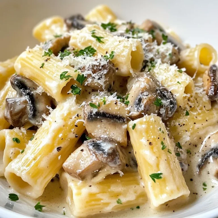 To make Three-Mushroom Alfredo Rigatoni, gather these key ingredients. Each one plays a big role in the dish. - 12 oz rigatoni pasta - 1 tablespoon olive oil - 1 small yellow onion, finely chopped - 2 cloves garlic, minced - 4 oz cremini mushrooms, sliced - 4 oz shiitake mushrooms, sliced - 4 oz portobello mushrooms, diced - 1 cup heavy cream - 1 cup grated Parmesan cheese - 1 teaspoon dried thyme - Salt and black pepper to taste - Fresh parsley, chopped (for garnish) Each ingredient adds flavor and texture. Rigatoni gives a nice base with its ridges. Olive oil helps in cooking and adds richness. The onion and garlic create a fragrant start. The three types of mushrooms bring earthy notes and umami. Heavy cream makes the sauce thick and rich. Parmesan cheese adds a salty, nutty taste. Dried thyme enhances the flavor with a hint of herbiness. Remember to season with salt and black pepper. The fresh parsley at the end adds a bright pop of color and freshness. Enjoy the journey of flavors as you gather these items! {{ingredient_image_1}} - Start by boiling a large pot of water. - Add a generous amount of salt to the water. - Cook the rigatoni for 10-12 minutes until it is al dente. - Drain the pasta and set it aside. - Remember to save 1 cup of the pasta water for later. - In a large skillet, heat 1 tablespoon of olive oil over medium heat. - Add 1 small chopped yellow onion. Cook for 3-4 minutes until it turns translucent. - Next, mix in 2 cloves of minced garlic. Cook for another minute until you smell the aroma. - Use 4 oz each of cremini and shiitake mushrooms, sliced, and 4 oz portobello mushrooms, diced. - Stir in the mushrooms and cook for 8-10 minutes. - Keep stirring and watch for the mushrooms to soften and release their juices. - Pour in 1 cup of heavy cream and bring it to a gentle simmer. - Turn down the heat and stir in 1 cup of grated Parmesan cheese. - If the sauce is thick, slowly add reserved pasta water until it reaches the right texture. - Add the cooked rigatoni to the Alfredo sauce. - Toss gently to coat the pasta well with the creamy sauce. - Cook for an extra 2 minutes over low heat to blend the flavors. - Serve the pasta hot, garnished with chopped fresh parsley. Enjoy! To make your sauce creamy, use heavy cream. It gives a rich taste. Add Parmesan cheese slowly. This helps it melt well. If it feels too thick, add some reserved pasta water. This will help adjust the thickness. For flavor, season with salt and black pepper. Try using fresh herbs for a bright touch. Fresh parsley brings a nice pop. Dried thyme works well but has a different taste. Cooking mushrooms right is key. They should be tender and juicy. Sauté them for about 8-10 minutes. Stir them often to avoid burning. For pasta, cook it al dente. This means it should be firm when you bite. Use a large pot for boiling. This helps keep pasta from sticking. A wide skillet helps cook the sauce evenly. Pair your rigatoni with a fresh salad. A simple green salad balances the meal. For garnish, sprinkle more Parmesan cheese on top. Fresh parsley adds color and flavor. If you like wine, try a light white wine. A Chardonnay or Pinot Grigio pairs nicely with this dish. Enjoy your meal with a side of crusty bread for dipping! Pro Tips Use Fresh Mushrooms: For the best flavor and texture, opt for fresh mushrooms rather than canned. Fresh varieties enhance the dish with a rich umami taste. Reserve Pasta Water: Always reserve a cup of pasta water before draining. This starchy water is perfect for adjusting the sauce's consistency without losing flavor. Low and Slow Cream Sauce: When adding cream to the skillet, keep the heat low to prevent it from curdling. This ensures a smooth and creamy Alfredo sauce. Garnish for Flavor: Don't skip the fresh parsley garnish! It adds a pop of color and a fresh flavor contrast that brightens the rich Alfredo sauce. {{image_2}} You can boost flavor and nutrition by adding vegetables. Spinach or kale adds color and nutrients to your dish. Simply toss them in during the last few minutes of cooking. Seasonal vegetables like zucchini or bell peppers can also enhance your meal. Roasting vegetables like asparagus or cherry tomatoes brings out their natural sweetness. Just add them to the skillet before the mushrooms. For extra protein, consider adding grilled chicken or shrimp. These options pair well with the creamy sauce. If you prefer plant-based options, tofu works great. You can sauté it until golden, then mix it in. Different cheese options can also change the flavor. Try using goat cheese or a dairy-free alternative for a twist. Want to kick it up a notch? Add red pepper flakes for heat. A pinch goes a long way! Infusing garlic or shallots into the sauce adds depth. Simply sauté them with the onions for a richer taste. Consider adding white wine to the sauce. It helps balance the creaminess and adds a nice tang. Store leftovers in an airtight container. This keeps the flavors fresh. The dish stays good in the fridge for about 3 days. Make sure to let it cool first before sealing. You can freeze portions of the pasta and sauce. Use a freezer-safe container. This helps keep the meal tasty. It can last up to 3 months. When you’re ready to eat, thaw it overnight in the fridge. Reheat the rigatoni in a skillet over low heat. Add a splash of cream or water to keep it moist. Stir often to avoid burning. You can also use a microwave, but cover it to trap steam. This helps keep the texture creamy and smooth. Yes, you can use other pasta shapes. Penne, fusilli, or farfalle work well too. Each pasta shape has a unique feel and texture that can change your dish. If you choose a smaller pasta, reduce the cooking time. For larger shapes, keep an eye on the cooking time to ensure it's perfect. This dish is not vegan as is. You can swap heavy cream for coconut cream or cashew cream. Use nutritional yeast instead of Parmesan for a cheesy flavor. Look for vegan pasta, which is often egg-free. These swaps keep the taste rich while making it vegan-friendly. To make this dish gluten-free, choose gluten-free rigatoni. Many brands offer great options made from rice or lentils. For the sauce, ensure the heavy cream and other ingredients are free from gluten. Check labels to avoid any hidden gluten sources. This blog post took you through making a delicious rigatoni Alfredo. We covered key ingredients, cooking steps, tips, and variations to make it your own. Remember, you can add veggies, proteins, or spices for extra flavor. Storing leftovers is easy, whether in the fridge or freezer. The recipe caters to dietary needs too, with options for gluten-free or vegan choices. Enjoy your creamy pasta dish today! You’ll have a tasty meal ready in no time.