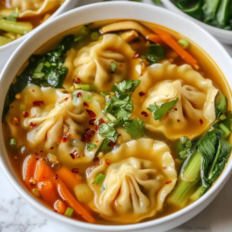 - 20 potstickers (homemade or store-bought) - 6 cups chicken or vegetable broth - 2 tablespoons sesame oil - 3 green onions, chopped - 2 cloves garlic, minced - 1 inch ginger, grated - 2 cups bok choy, chopped - 1 cup mushrooms, sliced (shiitake or button) - 1 cup carrots, julienned - 3 tablespoons soy sauce (low sodium) - 1 tablespoon rice vinegar - Fresh cilantro for garnish - Chili oil (optional, for heat) - Salt and pepper to taste In this soup, potstickers are the star. You can use store-bought or make them at home. The broth serves as a base, giving your soup rich flavor. I prefer using chicken broth, but vegetable broth works well too. Aromatics like garlic, ginger, and green onions add depth. They create a warm and inviting scent as you cook. The vegetables bring freshness and crunch. Bok choy gives it a nice green touch. Mushrooms add umami, while carrots bring sweetness. For seasoning, I recommend low-sodium soy sauce. It keeps the salt levels in check. Rice vinegar adds a tangy kick. Fresh cilantro brightens the soup. If you like heat, drizzle chili oil on top. This simple list of ingredients creates a comforting bowl of potsticker soup. Each component plays a role, making every spoonful delightful. {{ingredient_image_1}} To start, heat 2 tablespoons of sesame oil in a large pot over medium heat. Next, add 3 chopped green onions, 2 minced garlic cloves, and 1 inch of grated ginger. Sauté these for about 2 minutes. The smell will be amazing! This step brings out the flavors. It sets a good base for your soup. Now it's time to add some color! Toss in 1 cup of sliced mushrooms and 1 cup of julienned carrots. Cook these for about 3 to 4 minutes. You want the veggies to soften a bit. They will add nutrition and taste to your soup. Next, pour in 6 cups of chicken or vegetable broth. Bring everything to a simmer. This will take just a few minutes. Once it's simmering, add 2 cups of chopped bok choy and your 20 potstickers. Gently stir to mix. Let this cook for 5 to 7 minutes. The potstickers should be heated through. Finish by stirring in 3 tablespoons of low-sodium soy sauce and 1 tablespoon of rice vinegar. Season with salt and pepper to your liking. Your soup is ready to serve! When making potsticker soup, the broth is key. You can use homemade or store-bought broth. Homemade broth has a rich flavor and can be made from scraps. It takes time but is worth it. If you use store-bought, choose low-sodium options. This helps control the salt in your soup. To keep potstickers intact, handle them gently. Add them to the broth once it simmers. Avoid stirring too hard; this could break them. Let them cook for about five to seven minutes. This warms them up without losing shape. You can enhance the flavor of your potsticker soup easily. Try adding a pinch of red pepper flakes for heat. Fresh herbs like basil or mint also add a nice touch. If you want richer flavor, add a teaspoon of hoisin sauce. This sweet sauce pairs well with the savory broth. You can also toss in a splash of fish sauce for depth. Pro Tips Make Your Own Broth: For an extra depth of flavor, consider making your own broth using chicken or vegetable scraps, herbs, and spices. Cooking Potstickers: If using frozen potstickers, do not thaw them before adding to the soup; they will cook perfectly while heating through in the broth. Veggie Variations: Feel free to customize the soup by adding other vegetables like bell peppers, snap peas, or spinach for added nutrition and color. Spice it Up: Adjust the heat level by adding more chili oil or incorporating fresh sliced chilies into the soup for a spicy kick. {{image_2}} You can change the protein in this soup to suit your taste. If you want a lighter option, use tofu. Firm tofu works best. Just cut it into small cubes and add it when you add the potstickers. If you prefer meat, try ground pork or chicken. Cook the meat in the pot before adding the broth. This adds a nice depth of flavor. You can also mix proteins. For example, use half chicken and half mushrooms for a tasty twist. If you want to make this soup vegetarian or vegan, it's easy to swap ingredients. Use vegetable broth instead of chicken broth. Replace potstickers with vegetable ones if you can find them. Make sure all your sauces are vegan. For soy sauce, look for a brand that is labeled vegan. You can also add more veggies, like bell peppers or snow peas, for added nutrition and flavor. If you like heat, you can spice up your potsticker soup. Add chili oil to the broth for a nice kick. Start with one tablespoon and taste. You can always add more if needed. You can also use fresh chili peppers. Slice them thin and add them while cooking the vegetables. This gives a fresh, spicy flavor. Adjust the heat to your liking. Enjoy your soup the way you like it! Store your potsticker soup in an airtight container. Let it cool before sealing. This helps keep the flavors fresh. You can refrigerate the soup for up to three days. If you want to keep it longer, freeze it instead. To freeze, pour the soup into freezer-safe bags. Remove as much air as you can before sealing. When you are ready to eat the leftovers, reheat the soup gently. Use a pot on low heat. Stir often to avoid sticking. This will keep the potstickers from breaking apart. You can also use the microwave. Heat in short intervals, stirring each time. This helps heat it evenly. The soup tastes best when fresh, but it lasts well. In the fridge, consume it within three days. If frozen, it will stay good for about two months. After that, the taste may fade. Always check for off smells or colors before eating. Enjoy your comforting bowl of soup! Yes, you can make potstickers from scratch! First, mix flour and water to create a dough. Then, roll it out thin and cut it into circles. For the filling, combine ground meat or veggies with spices. Place a spoonful of the filling in each circle. Fold and seal the edges tightly. Finally, pan-fry and steam them for a crispy outside and juicy inside. Making potstickers is fun and gives you a fresh taste! If you can't find bok choy, try using other greens. Napa cabbage or Swiss chard works well. You can also use spinach or kale for a different flavor. Just chop them into small pieces like bok choy. Remember that cooking time might change based on the green you choose. Enjoy experimenting with your soup! To make this soup gluten-free, use gluten-free soy sauce. Check the broth too, as some contain gluten. You can also find gluten-free potstickers in stores. If you're making them from scratch, use gluten-free flour for the dough. This way, you can enjoy the soup without worry! This soup is simple and fun to make. You need potstickers, flavor-packed broth, and fresh veggies. Sauté your aromatics and cook the vegetables first. Then, bring it all together for a warm bowl of goodness. Remember, you can adapt this recipe with different proteins and spice levels. Store leftovers properly so they stay fresh. Enjoy the delicious journey of making your own potsticker soup!
