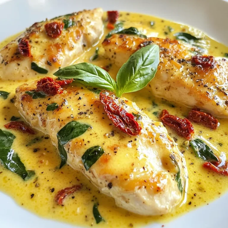 For Chicken Gloria, gather these simple ingredients: - 4 boneless, skinless chicken breasts - 1 cup heavy cream - 1 cup chicken broth - 1 tablespoon olive oil - 3 cloves garlic, minced - 1 small onion, finely chopped - 1 cup sun-dried tomatoes, chopped - 1 cup fresh spinach - 1 teaspoon Italian seasoning - Salt and pepper to taste - Fresh basil leaves for garnish If you need substitutes, here are some options: - Use coconut cream instead of heavy cream for a lighter dish. - Swap chicken broth for vegetable broth for a vegetarian version. - Replace sun-dried tomatoes with roasted red peppers for a different taste. - Fresh spinach can be replaced with kale or arugula. Choosing fresh ingredients makes your dish more tasty. Here’s how to pick the best: - Look for chicken breasts that are pink and firm. Avoid any with a gray tint. - Select heavy cream that is cold and well-sealed. Check the expiration date. - Choose fresh spinach with bright green leaves. Avoid wilted or yellowed ones. - When picking tomatoes, choose those that are not bruised or overly soft. {{ingredient_image_1}} To make Chicken Gloria, start by heating olive oil in a large skillet over medium heat. While the oil heats, season the chicken breasts with salt and pepper on both sides. Once the oil is hot, add the chicken to the skillet. Cook for 6-7 minutes on each side until they turn golden brown and are cooked through. Remove the chicken from the skillet and set it aside. In the same skillet, add the finely chopped onion and minced garlic. Sauté for about 2-3 minutes until the aromatics become fragrant and the onion is translucent. Next, stir in the chopped sun-dried tomatoes and Italian seasoning. Cook this mixture for an additional 2 minutes, allowing all the flavors to meld together. Now, pour in the chicken broth and bring the mix to a simmer. After it starts simmering, reduce the heat to low. Stir in the heavy cream, mixing until everything is well combined. Add the fresh spinach to the skillet and cook for about 2 minutes, or until wilted. Return the cooked chicken breasts to the skillet. Spoon the creamy sauce over each piece of chicken. Allow this to simmer for about 5 more minutes. This step helps to reheat the chicken and blend all the flavors together. Serve hot and don’t forget to garnish with fresh basil leaves. - Always season your chicken well with salt and pepper. This simple step adds depth to the dish. - Make sure to sauté the onion and garlic until they are fragrant, as this enhances the overall flavor. - Use fresh spinach; it wilts nicely and gives the dish a vibrant color. - For a richer flavor, let the sauce simmer longer if you have time. - Feel free to add a splash of white wine before the broth for more depth. 1. Prep chicken and heat oil: 5 minutes 2. Cook chicken: 12-14 minutes 3. Sauté onion and garlic: 2-3 minutes 4. Add sun-dried tomatoes and seasoning: 2 minutes 5. Simmer with broth and cream: 5 minutes 6. Cook spinach: 2 minutes 7. Combine chicken with sauce: 5 minutes Total time for cooking this dish is around 40 minutes. Enjoy your flavorful Chicken Gloria! To make Chicken Gloria shine, focus on the chicken. Use fresh, high-quality chicken breasts. They should be plump and firm. When cooking, don’t rush the browning. A nice golden crust adds flavor. For a creamy sauce, let the heavy cream simmer gently. This gives the sauce a rich taste. Finally, garnish with fresh basil. It adds a pop of color and flavor. One common mistake is overcooking the chicken. This can make it dry and tough. Always check the doneness; it should be juicy and tender. Another issue is skipping the sautéing step for garlic and onion. This step builds a great base of flavor. Lastly, don’t forget to taste the sauce before serving. Adjusting seasoning can make a big difference. To adjust seasoning, start small. Add a pinch of salt or pepper, then taste. If you like a bit of heat, add red pepper flakes. For a more herbaceous flavor, increase the Italian seasoning. If the sauce tastes too rich, a squeeze of lemon juice can brighten it. Remember, seasoning is all about balance. Adjust to fit your personal taste. Pro Tips Use a Meat Thermometer: Ensure the chicken is cooked to an internal temperature of 165°F for perfect juiciness. Customize the Sauce: Feel free to add other vegetables like bell peppers or mushrooms for added flavor and nutrition. Make it Ahead: This dish can be prepared in advance and reheated gently for a quick dinner option. Serve with Sides: Pair Chicken Gloria with pasta, rice, or crusty bread to soak up the delicious creamy sauce. {{image_2}} You can easily switch proteins in Chicken Gloria. Try using turkey or pork. Both cook well in the creamy sauce. For seafood lovers, shrimp is a great choice too. Just adjust the cooking time. Shrimp cooks fast, so add it later in the process. To make a vegetarian version, replace chicken with hearty veggies. Use mushrooms or eggplant as your base. They absorb flavors well and have a nice texture. You can also use tofu for protein. Just press out the water and cube it before cooking. Want to add more flavor? Try mixing in artichoke hearts or bell peppers. These add color and crunch. You can also use fresh herbs like thyme or oregano. They bring a lovely aroma to the dish. For a spicy kick, add red pepper flakes or jalapeños. Feel free to mix and match these ideas. Each variation gives Chicken Gloria a unique twist! To keep Chicken Gloria fresh, store it in an airtight container. Make sure it cools down first. Place it in the fridge within two hours of cooking. This helps prevent bacteria growth. Leftovers can last for about three to four days. Label the container with the date so you know when to use it. When you want to enjoy your leftovers, reheat them gently. You can use a skillet or a microwave. If using a skillet, add a splash of chicken broth. Heat over low until warm. If using a microwave, cover the dish. Heat in short intervals, stirring in between. This keeps the chicken moist and flavorful. You can freeze Chicken Gloria for later use. Wrap it tightly in plastic wrap or foil. Then, place it in a freezer-safe bag. Make sure to remove as much air as possible. It can last for up to three months in the freezer. To thaw, move it to the fridge overnight. Reheat it gently as described earlier. Enjoy your tasty meal anytime! Chicken Gloria is a creamy dish made with chicken breasts, sun-dried tomatoes, and spinach. The sauce is rich and flavorful, thanks to the heavy cream and chicken broth. This dish has Italian roots, combining comforting flavors with a touch of elegance. Yes, you can make Chicken Gloria ahead of time. Cook the chicken and sauce, then store them separately in the fridge. This keeps the chicken juicy and the sauce fresh. Reheat them together before serving for the best taste. You can serve Chicken Gloria with many sides. Here are some great ideas: - Pasta, like fettuccine or spaghetti - Rice, such as white or brown - Steamed vegetables, like broccoli or green beans - Fresh salad with a light dressing - Crusty bread to soak up the sauce These sides will complement the dish and make your meal even better. Enjoy the flavors! In this article, we explored how to make Chicken Gloria. We covered the essential ingredients, step-by-step cooking instructions, and helpful tips to avoid common mistakes. We also discussed variations and storage options, so your dish stays fresh. You now have the tools to create this tasty meal. Remember, fresh ingredients make all the difference. Take your time with each step for the best results. Enjoy cooking and add your twist to Chicken Gloria!