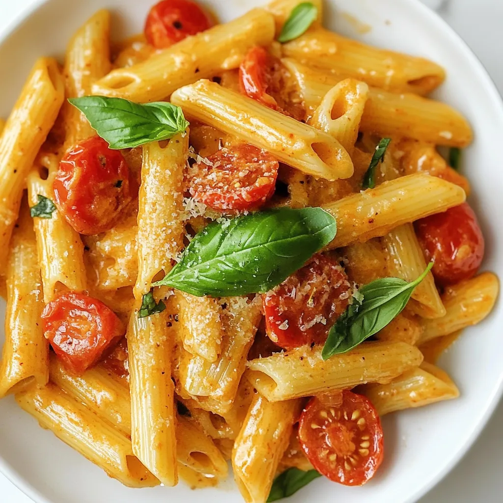To make vegan creamy tomato pasta, you need a few key ingredients: - 12 oz pasta of choice (penne or spaghetti recommended) - 1 tablespoon olive oil - 1 medium onion, finely chopped - 3 cloves garlic, minced - 1 can (14 oz) diced tomatoes, with juices - 1 cup coconut cream (or cashew cream for a nut-free version) - 1 teaspoon dried basil - 1 teaspoon dried oregano - Salt and pepper to taste - Fresh basil leaves for garnish - Nutritional yeast (optional for a cheesy flavor) Each ingredient plays a big role in taste and texture. The pasta forms the base, while the olive oil helps in sautéing. Onions and garlic add depth to the flavor. You can adjust this recipe based on what you have. Here are some options: - Swap coconut cream for cashew cream if you want a nut-free dish. - Use any pasta you prefer; gluten-free pasta works too. - Add a splash of lemon juice for brightness. - Mix in spinach or other greens for added nutrition. Feel free to get creative with the base! Every ingredient brings its own health benefits: - Pasta: A good source of carbs for energy. - Olive oil: Packed with healthy fats that support heart health. - Onion: Full of antioxidants and helps boost the immune system. - Garlic: Known for its health benefits, including anti-inflammatory properties. - Diced tomatoes: Rich in vitamins C and K, and lycopene, which is good for heart health. - Coconut cream: Provides healthy fats and a creamy texture. - Basil and oregano: Both herbs add flavor and have anti-inflammatory properties. - Salt and pepper: Enhance the dish without adding many calories. - Fresh basil: Adds freshness and extra vitamins. - Nutritional yeast: Offers a cheesy flavor and is high in B vitamins. This dish not only tastes great but also nourishes your body! {{ingredient_image_1}} First, bring a large pot of water to a boil. Add a good amount of salt to the water. This helps the pasta taste better. Add 12 ounces of your chosen pasta, penne or spaghetti work great. Cook it until it feels firm yet tender, around 8 to 10 minutes. Drain the pasta once it's done. Don’t forget to save 1 cup of the pasta water for later! Next, grab a large skillet and add 1 tablespoon of olive oil. Heat it over medium heat. Once the oil is warm, add 1 medium onion that you finely chopped. Cook the onion until it turns soft and clear, about 5 minutes. Then, add 3 cloves of minced garlic and stir for about a minute. Be careful, so it doesn’t burn. The smell will be amazing! Now, pour in a can of diced tomatoes, which is 14 ounces. Make sure to include the juices from the can, as they add flavor. Stir everything and let it simmer for about 5 minutes. This allows the flavors to mix well. After that, lower the heat and add 1 cup of coconut cream. If you prefer, you can use cashew cream for a nut-free option. Stir until the sauce becomes smooth and creamy. If it seems too thick, add some of that reserved pasta water until you reach your desired texture. Finally, add the cooked pasta to your creamy tomato sauce. Toss it well to coat every piece of pasta in that delicious sauce. You want it all mixed together. Then, stir in dried basil and oregano, along with salt and pepper to taste. Adjust the seasonings if needed. Serve your pasta on plates, and for a nice touch, garnish with fresh basil leaves. If you like a cheesy flavor, sprinkle some nutritional yeast on top. Enjoy your rich and flavorful vegan creamy tomato pasta! To get that smooth and rich texture, start with good cream. I love using coconut cream. It adds a nice depth. If you want a nut-free option, go for cashew cream. When mixing in the cream, keep the heat low. This helps to avoid any curdling. If your sauce is too thick, add a little pasta water. This will lighten it up and keep it creamy. You can boost the flavor of your dish in many ways. Start with salt and pepper. They are key to bringing out the taste. Dried basil and oregano add a warm, herbal note. For a cheesy flavor, sprinkle in some nutritional yeast. You can also add a pinch of red pepper flakes for heat. Don't be afraid to taste as you go. Adjust the spices based on what you like. Cooking can feel hard, but it’s fun! Always start with a clean kitchen and workspace. Read through the recipe first to know what to do. When boiling pasta, add a good amount of salt to the water. This is where the pasta gets its flavor. When sautéing onions and garlic, keep an eye on them. They can burn quickly. If you feel uncertain, ask for help or check online for tips. Cooking is all about practice and learning. Enjoy the process! Pro Tips Perfect Pasta Texture: Always cook pasta until al dente. This ensures it retains a slight firmness, which helps it hold up against the creamy sauce and prevents it from becoming mushy. Onion Sautéing Technique: To enhance the flavor, sauté onions over medium heat until they are translucent and slightly caramelized. This adds a natural sweetness to your sauce. Adjusting Sauce Consistency: If your sauce is too thick, gradually add the reserved pasta water until you reach the desired creaminess. This water is starchy and will help the sauce cling to the pasta. Fresh Herbs for Flavor: Use fresh basil for garnish to elevate the dish's flavor profile. It adds a burst of freshness that complements the creamy tomato sauce beautifully. {{image_2}} You can make this dish nut-free by using cashew cream. To make cashew cream, soak 1 cup of raw cashews in water for 4 hours. After soaking, drain and rinse the cashews. Blend them with 1/2 cup of water until smooth. This cream adds richness without nuts. The flavor stays delicious and creamy, just like coconut cream. Want more protein in your meal? Adding beans or tofu works great! You can add 1 can of drained chickpeas or white beans to the sauce. They blend well with the creamy tomato flavor. If you prefer tofu, use firm tofu. Cut it into cubes and sauté it in the skillet until golden. Both options boost nutrition and keep your meal filling. If you like some heat, try adding red pepper flakes! Just sprinkle in 1/2 teaspoon when you sauté the garlic. For a bolder kick, add sliced jalapeños or even a splash of hot sauce. These spicy twists add a fun layer to the dish. You can still enjoy the creaminess while making it exciting. After enjoying your vegan creamy tomato pasta, let it cool. Transfer the pasta to an airtight container. Store it in the fridge for up to 3 days. This keeps the flavors fresh and tasty. If you see any liquid, that's normal. The pasta will soak it up later. Freezing is a great way to save this dish for later. First, cool the pasta completely. Then, place it in a freezer-safe container. You can also use freezer bags. Make sure to squeeze out excess air. This helps prevent freezer burn. It will last up to 3 months in the freezer. Just label your container with the date for easy tracking. To reheat, you have a few options. You can use a microwave or a stove. If using the microwave, cover the pasta with a lid. Heat it in 30-second intervals. Stir after each interval to warm it evenly. If using the stove, add a splash of water or extra coconut cream. Heat it over low heat, stirring slowly. This keeps the sauce creamy and smooth. Enjoy your meal just like fresh! Yes, you can use fresh tomatoes. For this dish, use about 4-5 medium tomatoes. Chop them and remove the seeds. You need around 14 ounces. Fresh tomatoes can add a bright taste. Just remember to cook them longer to break down into a sauce. I recommend penne or spaghetti. Penne holds the sauce well in its ridges. Spaghetti offers a classic look and feel. You can use any pasta you like, including gluten-free options. Just cook it according to the package instructions. To make this dish gluten-free, choose pasta made from rice or corn. Many brands offer tasty gluten-free options. Follow the same cooking steps. Ensure all other ingredients, like the coconut cream and spices, are also gluten-free. Reheating creamy pasta is simple. Use a pan over low heat. Add a splash of water or vegetable broth to loosen the sauce. Stir gently until warmed through. You can also microwave it. Just cover it and heat in short bursts, stirring in between. In this post, I explained how to make vegan creamy tomato pasta. I covered key ingredients, simple cooking steps, and tips to improve texture and taste. You learned about different variations, ways to store leftovers, and answers to common questions. This dish is not only easy to make, but it's also packed with nutrients. With a few simple swaps, you can personalize it to fit your needs. Enjoy your cooking adventure and have fun with flavors!