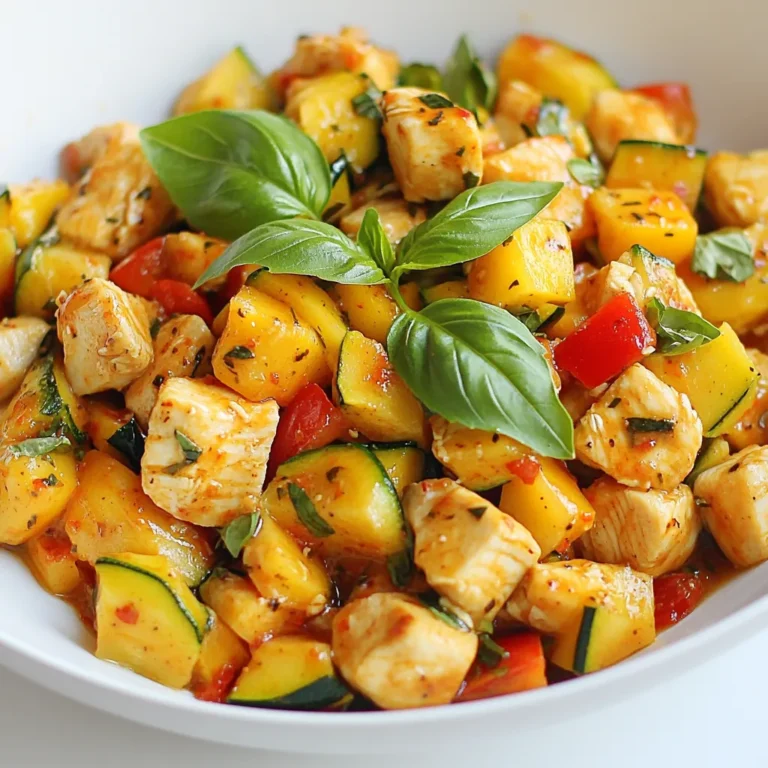 - 2 medium zucchinis, diced - 1 medium yellow squash, diced - 2 chicken breasts, cubed - 1 red bell pepper, chopped - 3 cloves garlic, minced - 1 teaspoon Italian seasoning - 1 teaspoon paprika - Salt and pepper to taste - 2 tablespoons olive oil - Fresh basil leaves, for garnish - Additional spices for flavor enhancement - Alternative vegetables to include - Skillet - Cutting board - Sharp knife When I make Zucchini Squash Chicken Skillet, I like to keep my ingredient list simple. Fresh zucchinis and yellow squash are key. They add nice texture and flavor. I also use chicken breasts for protein. You can cube them easily. I toss in a red bell pepper for a sweet crunch. Garlic adds great depth. I season the dish with Italian seasoning and paprika. Salt and pepper round out the flavors. For tools, I reach for a large skillet. A cutting board and a sharp knife help me prep quickly. You can also add other spices or veggies based on your taste. Feel free to get creative! {{ingredient_image_1}} 1. Heat a large skillet over medium heat. Add 1 tablespoon of olive oil. 2. Once hot, add the cubed chicken breasts. Season them with salt, pepper, paprika, and Italian seasoning. 3. Cook the chicken for about 5-7 minutes. Stir occasionally until it is cooked through and browned. 1. Transfer the cooked chicken to a plate and set it aside. 2. In the same skillet, add the remaining tablespoon of olive oil. 3. Add the minced garlic and chopped red bell pepper to the skillet. Sauté for about 2-3 minutes until they soften. 4. Next, add the diced zucchini and yellow squash. Stir well and cook for another 5-7 minutes until tender but still crisp. 1. Return the cooked chicken to the skillet. Mix everything together. 2. Cook for an additional 2-3 minutes to warm the chicken through. 3. Taste the dish and adjust the seasoning if necessary. This simple process creates a tasty meal in no time! When you pick zucchini and squash, look for these signs: - The skin should be smooth and shiny. - Choose firm vegetables without soft spots. - Smaller zucchinis are often sweeter and more tender. Store your fresh zucchini and squash in the fridge. Keep them in a paper bag. This helps them breathe and stay fresh longer. Use them within a week for the best taste. To keep your chicken juicy, do this: - Start with a hot skillet. - Avoid overcrowding the pan, which causes steaming. Cook the chicken until it's golden brown and no longer pink inside. This usually takes about 5-7 minutes. Check it often to make sure it doesn't dry out. Try these tips to boost the taste of your dish: - Add extra herbs like thyme or oregano for a twist. - A splash of lemon juice brightens the flavors. Mix in the lemon juice just before serving for a fresh kick. It makes the dish pop and taste even better. Pro Tips Use Fresh Herbs: Fresh basil adds a vibrant flavor. Add it just before serving to keep its aroma and taste intact. Keep Vegetables Crisp: Don't overcook the zucchini and yellow squash; they should be tender yet crisp for the best texture. Marinate the Chicken: For added flavor, marinate the chicken in olive oil, garlic, and Italian seasoning for 30 minutes before cooking. Balance the Seasoning: Taste your dish before serving and adjust the salt and pepper to enhance the overall flavor profile. {{image_2}} You can make this dish more keto-friendly. Start by substituting low-carb vegetables. Instead of zucchini or yellow squash, use cauliflower or broccoli. These options keep the dish low in carbs. You can also reduce the olive oil quantity. Use just one tablespoon instead of two. This small change helps lower the overall fat content. Want to boost the protein? You can easily add shrimp or tofu. Shrimp cooks fast and pairs well with the flavors. Tofu adds a nice texture and is great for a plant-based meal. If you prefer vegetarian options, try using chickpeas or lentils. These add protein and fiber, making the dish hearty. To change the flavor, try a Mediterranean twist. Add olives and feta cheese for a briny taste. This twist gives the dish an exciting new layer of flavor. For a spicy version, include jalapeños or hot sauce. Just a little heat can change everything. You can control how spicy it gets by adding more or less. You can store leftovers in the fridge for up to three days. Use an airtight container to keep the food fresh. Make sure the dish cools down before sealing it to avoid steam buildup. To freeze the dish, let it cool completely. Place it in a freezer-safe container. It will last up to three months in the freezer. For best results, label the container with the date. When you’re ready to eat, thaw it overnight in the fridge. Reheat in a skillet over medium heat. This keeps the vegetables crisp. You can also use a microwave, but stir halfway through to ensure even heating. Avoid overcooking to prevent soggy vegetables. Enjoy your tasty meal! Yes, you can use frozen vegetables. They save time and are easy to find. However, frozen veggies often have more water. This can change the texture. Cook them a bit longer to help with excess moisture. Start by sautéing them right after the chicken. This way, you get a nice, hearty meal. This dish pairs well with many sides. Here are some tasty options: - Rice or quinoa for a filling meal - A fresh salad for crunch - Garlic bread for extra flavor - Mashed potatoes for comfort These sides add variety and make your meal more complete. Making this recipe dairy-free is simple. Just follow these tips: - Skip any cheese toppings. - Use olive oil instead of butter. - Check labels for dairy-free seasoning mixes. These swaps keep the flavor while making the dish safe for those with dairy allergies. Enjoy your healthy meal! This blog post shared a tasty chicken skillet recipe featuring zucchini and squash. You learned what ingredients you need, how to prepare and cook everything, and tips for perfect flavor. I also offered variations for different diets. Remember, cooking is fun, and you can change this recipe to suit your taste. Enjoy experimenting with new flavors and ingredients. You can make it your own! Keep this guide handy for your next meal.