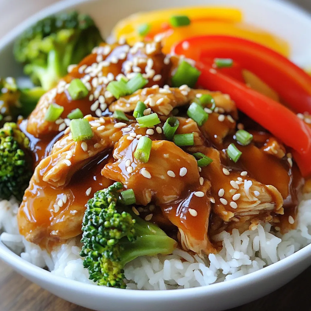 - 1 pound boneless, skinless chicken thighs or breasts - 1 cup teriyaki sauce (store-bought or homemade) - 1 tablespoon fresh ginger, grated - 3 cloves garlic, minced - 1 cup broccoli florets - 1 cup bell peppers, sliced (red, yellow, or both) - 1 tablespoon sesame oil - 2 green onions, chopped (for garnish) - Sesame seeds (for garnish) - Steamed rice or quinoa (for serving) Gather these ingredients for a quick and easy meal. The chicken gives you a great base. The teriyaki sauce adds a sweet and salty flavor. Ginger and garlic bring warmth to the dish. The broccoli and bell peppers add color and crunch. For garnishes, sesame oil adds richness. Green onions give a fresh taste. Sesame seeds are fun and add a bit of crunch. Serve it all over warm rice or quinoa for a complete meal. This mix of ingredients makes the dish simple yet packed with flavor. {{ingredient_image_1}} Start by placing the boneless chicken thighs or breasts in your slow cooker. This is the base of your teriyaki chicken. Make sure to spread them out so they cook evenly. Next, pour the teriyaki sauce over the chicken. This sauce is sweet and savory, coating the chicken well. Then, sprinkle the grated ginger and minced garlic on top for extra flavor. These aromatics bring warmth and depth to the dish. Now, it’s time to mix in the vegetables. Add the broccoli florets and sliced bell peppers around the chicken. This adds color and nutrition to your meal. Make sure the veggies are distributed evenly for the best taste. Then, drizzle the sesame oil on top. This gives a rich flavor that pairs perfectly with the teriyaki sauce. Cover your slow cooker and set it to cook. You can choose low for 4 hours or high for 2 hours. The chicken will become tender and soak up all the tasty sauce. Once the chicken is cooked, use two forks to shred it right in the sauce. It should fall apart easily. Serve the teriyaki chicken and vegetables over a bed of steamed rice or quinoa. For the final touch, top with chopped green onions and a sprinkle of sesame seeds. This adds crunch and freshness to your dish. Enjoy your easy and flavorful meal! To ensure even cooking, spread the chicken in a single layer. This helps all pieces heat up the same way. When using a slow cooker, I recommend cooking on low for 4 hours. If you’re in a rush, use high for 2 hours. Always check that the chicken reaches 165°F before serving. You can make teriyaki sauce at home if you want a fresh taste. Mix soy sauce, brown sugar, ginger, and garlic. For veggies, feel free to swap broccoli and bell peppers. Snap peas, carrots, or zucchini work well too. You can also use chicken breast if you prefer a leaner protein. Want more flavor? Try adding a pinch of red pepper flakes for heat. A splash of rice vinegar can add a nice zing. If you love sesame flavor, toss in some sesame seeds while cooking. You can also drizzle more sesame oil before serving for extra richness. Pro Tips Use Fresh Ingredients: Using fresh ginger and garlic will enhance the flavor of your teriyaki chicken, making it more aromatic and delicious. Customize Your Vegetables: Feel free to mix and match your favorite vegetables such as snap peas, carrots, or zucchini for added color and nutrition. Let it Rest: After shredding the chicken, let it sit in the sauce for a few minutes before serving to absorb more flavor. Meal Prep Friendly: This recipe is perfect for meal prepping. Just double the ingredients and portion them out for easy lunches throughout the week. {{image_2}} To make teriyaki chicken in an Instant Pot, you need to adjust the cooking time. Start by placing the chicken in the pot. Pour the teriyaki sauce over the chicken. Add the ginger and garlic. Mix in the broccoli and bell peppers. Drizzle the sesame oil on top. Set the Instant Pot to cook for 10 minutes on high pressure. Once it is done, let it release pressure naturally for 5 minutes. Then, do a quick release. Shred the chicken and serve it over rice or quinoa. This method cuts down cooking time while keeping the flavors rich. If you want a low-carb meal, swap steamed rice with cauliflower rice. Cauliflower rice is easy to make. Just pulse cauliflower florets in a food processor until they look like rice. Sauté it in a pan for a few minutes until tender. Then, serve the teriyaki chicken on top. This option is healthy and still very tasty. For a gluten-free version, look for gluten-free teriyaki sauce. Many brands offer gluten-free options. You can also make your own sauce. Mix soy sauce, honey, ginger, and garlic. This way, you control the ingredients. Serve the chicken with gluten-free rice or quinoa. Enjoy the flavors without worrying about gluten. To keep your teriyaki chicken fresh, follow these steps: - Cool it first: Let the chicken cool at room temperature for about 30 minutes. - Use airtight containers: Store the chicken in airtight containers. This prevents moisture loss. - Refrigerate: Place the containers in the fridge. It helps keep the chicken safe to eat. When you want to enjoy your leftovers, here’s how to reheat: - Microwave: Place the chicken in a microwave-safe dish. Cover it with a damp paper towel. Heat for 1-2 minutes. Stir halfway for even warmth. - Stovetop: Heat in a pan over low heat. Add a splash of water or sauce to keep it moist. Stir often to prevent sticking. The teriyaki chicken stays fresh for: - In the fridge: About 3-4 days. - In the freezer: Up to 3 months. Label your containers with the date. This helps you keep track of freshness. Yes, you can use frozen chicken. Just add a bit more time to cook. If you use frozen chicken, it’s best to cook on high for about 3-4 hours. This helps the chicken cook through safely. Make sure the chicken reaches 165°F for safe eating. To make it less spicy, skip the fresh ginger. You can also use less teriyaki sauce to lower the heat. Adding more veggies like bell peppers can help balance the flavor. You might try a sweet teriyaki sauce if you like it mild and sweet. Teriyaki chicken pairs well with several sides. Steamed rice or quinoa is great to soak up the sauce. You can also serve it with a fresh salad or sautéed vegetables. Adding some edamame or a simple cucumber salad makes a nice touch, too! This blog post covered making teriyaki chicken in a slow cooker. We explored the main ingredients, including chicken, teriyaki sauce, and fresh veggies. We outlined step-by-step instructions for preparing and cooking the dish. Tips for customization and variations, such as Instant Pot options, were also shared. In conclusion, this dish is simple, delicious, and versatile. Enjoy a hearty meal that suits your taste and cooking style.