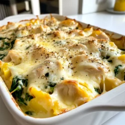 - 2 cups cooked chicken, shredded - 3 cups fresh spinach, chopped - 1 cup ricotta cheese - 1 cup cream cheese, softened - 1 cup shredded mozzarella cheese - 1 cup parmesan cheese, grated - 2 cloves garlic, minced - 1 teaspoon onion powder - 1 teaspoon garlic powder - 1 teaspoon Italian seasoning - Salt and pepper to taste - 1 tablespoon olive oil - 1 cup cooked pasta (penne or rotini works well) To make a tasty creamy chicken spinach casserole, you need a few key ingredients. Start with cooked chicken. Shredded chicken works best since it mixes easily. Fresh spinach adds a nice touch. It brings color and nutrients to the dish. You will also need ricotta cheese. This cheese gives the casserole its creamy base. Cream cheese adds even more richness. For a cheesy topping, use mozzarella and parmesan cheese. Both melt well and give a nice, golden crust. Don’t forget the seasonings! Minced garlic adds a strong flavor. Onion powder, garlic powder, and Italian seasoning help bring everything together. You can add salt and pepper to make it taste just right. Olive oil is important too. It helps cook the garlic and spinach. If you want to make it heartier, add cooked pasta. Penne or rotini hold the sauce well. Each ingredient plays a role in making this casserole a comfort food delight. {{ingredient_image_1}} - Preheat the oven to 350°F (175°C). - In a large skillet, heat 1 tablespoon of olive oil over medium heat. Add 2 cloves of minced garlic and sauté for about 1 minute until fragrant. - Next, add 3 cups of chopped spinach to the skillet. Cook until wilted, about 3-4 minutes. Remove from heat and let cool slightly. - In a large mixing bowl, combine 2 cups of shredded chicken, 1 cup of ricotta cheese, 1 cup of softened cream cheese, ½ cup of shredded mozzarella cheese, and ½ cup of grated parmesan cheese. - Stir in the cooked spinach, 1 cup of cooked pasta, 1 teaspoon of onion powder, 1 teaspoon of garlic powder, 1 teaspoon of Italian seasoning, salt, and pepper to taste. Mix well until all ingredients are fully incorporated. - Transfer the chicken and spinach mixture into a greased 9x13 inch casserole dish. Spread it evenly across the dish. - Top the casserole with the remaining mozzarella and parmesan cheese. - Cover the dish with aluminum foil and bake in the preheated oven for 25 minutes. - After 25 minutes, remove the foil and bake for an additional 15 minutes, or until the cheese is bubbly and golden brown. - Let the casserole cool for a few minutes before slicing and serving. To get a creamy texture, mix the cheeses well. I suggest using ricotta and cream cheese together. This mix makes the casserole rich and smooth. Add more cream cheese if you want extra creaminess. For seasoning, taste as you go. Start with salt and pepper. Add more Italian seasoning for flavor. Remember, fresh herbs can also brighten the dish. Just chop some basil or parsley and sprinkle on top before serving. This casserole pairs well with a simple salad. A fresh green salad with lemon dressing works great. You can also serve it with garlic bread for a hearty meal. To make your dish look fancy, add some fresh herbs on top. Chopped parsley or basil adds color and flavor. A sprinkle of extra cheese can also make it look nice. If you want to try a different method, you can use a slow cooker. Just mix all your ingredients and cook on low for 4-6 hours. This method makes the chicken very tender. You can also make it on the stovetop. Sauté your chicken and spinach first, then mix everything in a large pot. Cook until the cheese melts and serve hot. Pro Tips Use Leftover Chicken: This casserole is a perfect way to utilize leftover rotisserie chicken, adding flavor and saving time. Customize Your Greens: Feel free to substitute spinach with other greens like kale or Swiss chard for a different flavor profile and added nutrients. Cheese Variations: Experiment with different cheeses such as feta or gouda to create a unique twist on the classic flavor. Make Ahead: Prepare the casserole ahead of time and refrigerate it. Just bake it when you're ready to serve for easy entertaining! {{image_2}} You can easily switch ingredients in this dish. If you want a different protein, try turkey or tofu. Both options work well and still taste great. For cheese, you can use dairy-free options. Look for vegan cream cheese or ricotta. These swaps keep the creamy texture while making the dish suitable for everyone. To change up the flavor, think about adding more veggies. Mushrooms and bell peppers are excellent choices. They add a nice crunch and enhance the taste. Want a little heat? Adjust the spice level by adding red pepper flakes. This small addition can transform the dish into something spicy and exciting. If you need gluten-free options, choose gluten-free pasta. Many brands offer great alternatives that taste just like regular pasta. Always check labels to ensure safety. Look for gluten-free certifications. This extra step helps keep your meal safe for those with gluten sensitivities. To keep your creamy chicken spinach casserole fresh, let it cool first. Place it in a shallow dish for quick cooling. Cover it tightly with plastic wrap or foil. This helps keep moisture in and prevents odors from other foods. Leftovers will last in the fridge for about 3 to 4 days. If you won’t eat it in that time, it’s better to freeze it. Freezing your casserole is easy. First, cool it completely. Then, cut it into portions. Wrap each piece tightly in plastic wrap, then place them in a freezer bag. This helps to avoid freezer burn. When you’re ready to eat, thaw it in the fridge overnight. Heat it in the oven at 350°F until it’s warm all the way through. This usually takes about 30 minutes. Making this casserole ahead saves time on busy days. You can prepare it on the weekend and bake it when you need it. Portion it into individual servings for quick meals. Use small containers that are freezer-friendly. This way, you can grab a meal anytime you want. It's a great way to enjoy tasty food without the hassle! Bake your chicken casserole at 350°F (175°C). Cover it with foil for 25 minutes. Then, remove the foil and bake for another 15 minutes. This helps the cheese get bubbly and golden. Yes, you can make it ahead. Prepare the casserole but do not bake it. Cover and store it in the fridge for up to 24 hours. When ready, bake it straight from the fridge. Just add a few extra minutes to the baking time. You can use Greek yogurt as a lighter option. Sour cream also works well for a creamy texture. If you want a dairy-free choice, try blended tofu. Each option will keep your casserole delicious. Yes, this casserole freezes well. Cool it completely before wrapping it tightly. Use plastic wrap and then foil. It can stay in the freezer for up to three months. Thaw it overnight in the fridge before baking. Cooked chicken is best for this dish. You can use rotisserie chicken for quick prep. Raw chicken can work too, but it takes longer to cook. Just ensure it reaches 165°F (74°C) in the center. In this blog post, we explored a delicious chicken casserole recipe. We covered key ingredients, preparation steps, and tips to boost flavor. With its creamy texture and cheesy goodness, this dish is perfect for family meals. You can customize it using different proteins or veggies. Don't forget, storing leftovers correctly can keep them fresh longer. Enjoy making this casserole again and again—it’s easy to adapt and great for meal prep. Now, it’s time to gather your ingredients and get cooking!