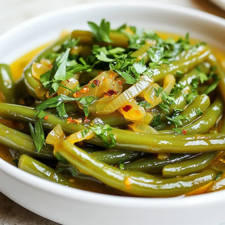 - 1 pound fresh green beans, trimmed Fresh green beans are key. They provide a crisp texture and bright flavor. Choose beans that are firm and bright green. This ensures they are fresh and full of nutrients. Trim the ends for a clean look. - 2 cups low-sodium vegetable broth - 1 teaspoon smoked paprika - 1/2 teaspoon crushed red pepper flakes (adjust to taste) - Salt and pepper to taste - 1 tablespoon brown sugar Vegetable broth gives depth to the green beans. I prefer low-sodium to control the saltiness. Smoked paprika adds a nice warm flavor. Red pepper flakes bring a kick, but you can adjust it. Brown sugar balances the heat and adds sweetness. - 1 medium onion, thinly sliced - 3 cloves garlic, minced - 2 tablespoons olive oil - 1 tablespoon lemon juice - 1 tablespoon chopped fresh parsley for garnish Onions and garlic are essential for great flavor. Sautéing them in olive oil creates a fragrant base. Lemon juice brightens the dish and fresh parsley adds color. These ingredients come together to make the green beans shine. {{ingredient_image_1}} First, grab a large skillet. Heat 2 tablespoons of olive oil over medium heat. Add 1 medium onion, thinly sliced. Sauté the onions for about 5 minutes. You want them to be soft and translucent. Next, add 3 cloves of minced garlic. Stir in 1 teaspoon of smoked paprika and 1/2 teaspoon of crushed red pepper flakes. Cook this mixture for 1 to 2 minutes. The aroma will fill your kitchen! Now, pour in 2 cups of low-sodium vegetable broth. Bring it to a gentle boil. Once it's boiling, lower the heat to a simmer. Add 1 pound of trimmed fresh green beans. Stir in 1 tablespoon of brown sugar. Season with salt and pepper to taste. Cover the skillet. Let the green beans cook for 10 to 15 minutes. Stir occasionally to check for tenderness. When the green beans are cooked to your liking, add 1 tablespoon of lemon juice. This step brightens the flavors. Toss the green beans to mix everything well. Remove the skillet from the heat. Transfer the green beans to a serving dish. Finally, garnish with 1 tablespoon of chopped fresh parsley before serving. Enjoy your tasty copycat Texas Roadhouse green beans! To get tender green beans, start with fresh ones. Trim the ends to allow them to cook evenly. When cooking, cover the skillet. This creates steam and helps the beans get soft. Check them after ten minutes. If you want them softer, let them cook for a few more minutes. For the best taste, use low-sodium vegetable broth. It boosts flavor without too much salt. Add smoked paprika for a nice, smoky taste. If you enjoy spice, adjust the crushed red pepper flakes to your liking. The brown sugar adds sweetness and balances the heat. A splash of lemon juice brightens everything up. You only need a few tools for this recipe. A large skillet works best for sautéing and cooking. Use a good knife for slicing the onions and mincing garlic. A cutting board is a must. If you want to measure your ingredients, have measuring spoons handy. These tools make cooking fun and easy! Pro Tips Freshness Matters: Choose bright green, firm beans for the best flavor and texture. Fresh green beans should snap when bent. Adjust the Heat: Feel free to modify the amount of crushed red pepper flakes based on your spice tolerance. Start with less if you're unsure! Cook to Your Preference: For crunchier beans, reduce the cooking time to 8-10 minutes. For softer beans, cook longer as desired. Brighten the Dish: Adding lemon juice at the end enhances the flavors significantly, so don’t skip this step! {{image_2}} Want to kick up the heat? Try this spicy version. Start by adding more crushed red pepper flakes. You can add up to a full teaspoon for a fiery taste. If you love heat, consider including fresh jalapeños. Just slice them thin and add them when you sauté the onions. This will give your green beans a nice spicy bite. This recipe is already vegan-friendly! It uses vegetable broth and olive oil. If you want to enhance the flavor, add a splash of soy sauce or coconut aminos. These will give the dish a nice umami taste without animal products. It's perfect for anyone looking to eat plant-based. You can swap some ingredients easily. For instance, if you don’t have fresh green beans, use frozen ones. Just make sure to thaw them first. You can also replace the vegetable broth with chicken broth for a different flavor. If you’re out of brown sugar, honey or maple syrup work too. Just adjust to your taste. To store your Copycat Texas Roadhouse green beans, let them cool first. Place the beans in an airtight container. They stay fresh for up to four days in the fridge. Make sure to seal the container tightly. This keeps out moisture and odors. If you want to save them longer, freezing is a great option. First, cool your green beans completely. Then, transfer them to freezer-safe bags. Remove as much air as you can before sealing. They can last up to three months in the freezer. Label each bag with the date. This helps you keep track of how long they have been frozen. When you're ready to enjoy your green beans again, reheating is easy. For best results, use a skillet. Add a splash of water or broth for moisture. Heat over medium until warmed through, about 5 minutes. You can also use a microwave. Place them in a microwave-safe bowl with a lid. Heat in short bursts, stirring in between. Enjoy your flavorful green beans just like the first time! Yes, you can use frozen green beans. They can save time and still taste great. Just adjust the cooking time. Frozen beans may need a few extra minutes to cook. Always check for tenderness. To lessen the spice, reduce or omit the crushed red pepper flakes. You can also add more brown sugar. This will balance the heat and add sweetness. Another option is to add more vegetable broth for a milder flavor. These green beans pair well with many dishes. They go great with grilled chicken or steak. You can also serve them with roasted potatoes or rice. Try them alongside baked fish for a light meal. They add color and flavor to any plate! To sum up, we explored the key ingredients like fresh green beans, broth, and seasonings. I shared easy steps to sauté and cook these beans, along with tips for perfect tenderness. We looked at fun variations and how to store leftovers. Lastly, I answered common questions about using frozen beans and pairing dishes. With this guide, you can make tasty, healthy green beans that everyone will love. Enjoy your cooking!