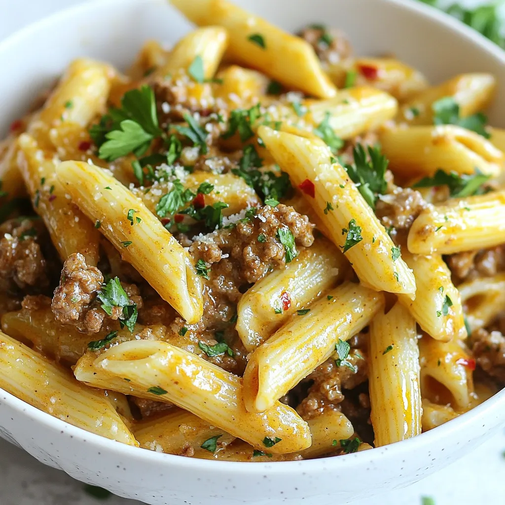 To make high protein creamy beef pasta, gather these ingredients: - 250g whole grain pasta (penne or fusilli) - 300g lean ground beef - 1 cup Greek yogurt - ½ cup grated Parmesan cheese - 2 cloves garlic, minced - 1 small onion, finely chopped - 1 tablespoon olive oil - 1 teaspoon Italian seasoning - ½ teaspoon red pepper flakes (optional) - Salt and pepper to taste - Fresh parsley, chopped (for garnish) This dish packs a protein punch. Lean ground beef offers high protein and iron. Greek yogurt adds creaminess and protein without excess fat. Whole grain pasta provides fiber, keeping you full longer. Parmesan cheese gives flavor and calcium. You can swap ingredients if needed. Try turkey or chicken instead of beef for a leaner option. Use low-fat yogurt for fewer calories. If you want a dairy-free meal, go for almond or soy yogurt. You can replace Parmesan with nutritional yeast for a vegan twist. {{ingredient_image_1}} First, fill a large pot with water and add salt. Bring it to a boil. Once it boils, add 250g of whole grain pasta. Cook the pasta according to the package instructions until it is al dente. This should take about 8-10 minutes. After cooking, drain the pasta. Save ½ cup of the pasta water for later. Next, grab a large skillet and heat 1 tablespoon of olive oil over medium heat. Add 1 small chopped onion and 2 minced garlic cloves. Sauté for about 2-3 minutes until the onion turns translucent. This step adds great flavor to your dish. Now, increase the heat to medium-high. Add 300g of lean ground beef to the skillet. Season it with salt, pepper, 1 teaspoon of Italian seasoning, and ½ teaspoon of red pepper flakes if you like spice. Cook while breaking it apart with a spatula until it is browned, about 5-7 minutes. After the beef is cooked, reduce the heat to low. Mix in 1 cup of Greek yogurt and ½ cup of grated Parmesan cheese. Stir until smooth. If the sauce is thick, add reserved pasta water slowly until it reaches your desired creaminess. Add the drained pasta to the skillet with the beef sauce. Toss gently to coat the pasta well. Taste and add more salt or pepper if needed. This step makes sure every bite is full of flavor. Divide the creamy beef pasta among plates. Garnish with chopped parsley for a fresh look. For a nice touch, sprinkle extra Parmesan on top. You can serve this in large bowls for a family-style meal or on individual plates for a fancy dinner. Enjoy your high protein creamy beef pasta! To make great pasta, use a big pot. Fill it with water and add salt. Boil the water before adding the pasta. Stir it once to prevent sticking. Cook it till it's al dente, which is firm but not hard. Save some pasta water for later. This water can help make your sauce smooth. For a rich and creamy sauce, use Greek yogurt and Parmesan cheese. Mix them well over low heat. If your sauce is too thick, add a bit of the saved pasta water. This will give you the right texture. You can also try adding a splash of milk for extra creaminess. If you want more heat, add red pepper flakes. Start with a small amount, and taste as you go. If you prefer less spice, skip them altogether. You can also use sweet paprika for flavor without the heat. Always balance the spices with salt and pepper for the best taste. Pro Tips Use Leaner Cuts: Opt for lean ground beef to keep the dish healthy and reduce excess fat without sacrificing flavor. Customize Your Seasoning: Feel free to adjust the Italian seasoning and red pepper flakes to suit your taste preferences for a personalized flavor. Make It Veggie-Loaded: Add sautéed vegetables like spinach, bell peppers, or mushrooms for extra nutrition and color. Save Leftovers Smartly: Store any leftovers in an airtight container in the fridge for up to 3 days; reheat gently on the stove with a splash of water or broth. {{image_2}} You can swap the lean ground beef for other proteins. Ground turkey or chicken works well. If you like a richer taste, try ground lamb. For a fun twist, use sausage or chorizo. These choices add unique flavors to the dish. Each alternative keeps the meal high in protein. You can easily make this dish vegetarian. Replace the beef with lentils or chickpeas. Both options provide protein and fiber. You could also use mushrooms for a meaty texture. Tofu is another great choice to add protein. When using tofu, make sure to press it first to remove extra water. While whole grain pasta is great, feel free to explore other types. You can use spaghetti, fettuccine, or even zoodles (zucchini noodles). Each pasta type changes the dish's texture. Try gluten-free pasta if you need a gluten-free option. Whole grain pasta adds fiber, but all choices work well with the creamy sauce. Store leftovers in an airtight container. This keeps the pasta fresh. Let it cool before sealing. Place it in the fridge if you plan to eat it within three days. For longer storage, use the freezer. To freeze, portion the creamy beef pasta into freezer-safe containers. Leave some space at the top for expansion. Seal tightly to prevent freezer burn. It can last up to three months in the freezer. When you are ready to eat, thaw the pasta in the fridge overnight. Reheat it on the stove over low heat. Add a splash of water or milk for moisture. Stir gently until warmed through. You can also microwave it in a safe dish. Cover it to keep the moisture in. Enjoy your warm, creamy beef pasta! This beef pasta is high in protein due to the lean ground beef and Greek yogurt. Ground beef gives you a solid protein boost. Greek yogurt adds even more protein while making the sauce creamy. Whole grain pasta also contributes some protein. Together, these ingredients create a satisfying and nutritious meal. Yes, you can use a different sauce if you prefer. A marinara or alfredo sauce can work well. You can also experiment with homemade sauces for a unique taste. Just keep in mind that changing the sauce can alter the protein content. You can store the creamy beef pasta for up to three days in the fridge. Make sure to place it in an airtight container. This helps keep it fresh and tasty. If you want to keep it longer, freezing is a great option. Absolutely! You can use non-dairy yogurt or cheese to make this meal dairy-free. Look for options that are high in protein. Almond or coconut-based yogurts can work well. Just ensure they fit your taste and dietary needs. Some great side dishes to pair with this creamy beef pasta include: - Steamed broccoli - Garlic bread - Garden salad - Roasted vegetables - Grilled zucchini These sides will complement the pasta and add more nutrition to your meal. This blog post covered the key ingredients and steps to make creamy beef pasta. We explored ingredient swaps, cooking tips, and storage methods to make it easier for you. Each section aimed to give you helpful info for creating a delicious dish. Remember, this recipe is flexible and can fit many tastes. Experiment with different proteins or sauces to make it your own. Enjoy cooking and sharing this comforting meal with friends and family!